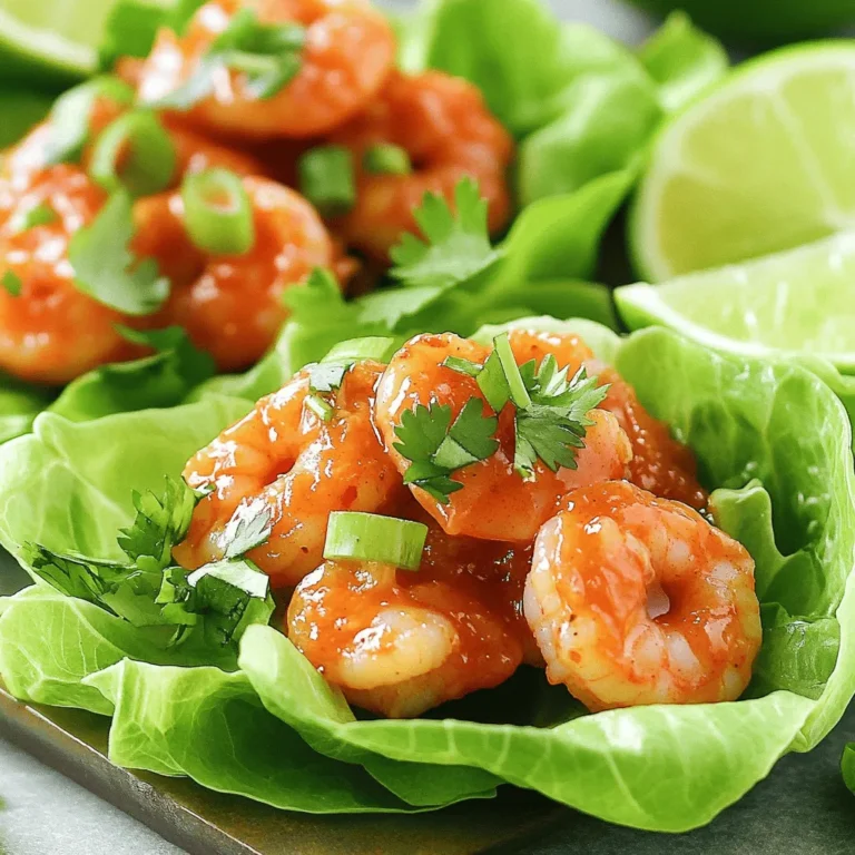 - 1 lb (450g) large shrimp, peeled and deveined - 2 tablespoons olive oil - 5 cloves garlic, minced - 1 tablespoon ginger, grated - 1-2 teaspoons red pepper flakes (adjust to spice preference) - 2 tablespoons soy sauce (or tamari for gluten-free) - 1 tablespoon honey or maple syrup - 1 tablespoon lime juice - 1 teaspoon sesame oil - 1 head of butter or iceberg lettuce, leaves separated - Fresh cilantro and sliced green onions for garnish To make Minute Spicy Garlic Shrimp Lettuce Wraps, gather these fresh and vibrant ingredients. The large shrimp serve as the star of the dish, providing a juicy and tender bite. The garlic and ginger add a depth of flavor that wakes up your taste buds. Olive oil acts as the base for sautéing, ensuring that everything cooks nicely. For the sauce, red pepper flakes add heat, while soy sauce brings umami. Honey or maple syrup balances the spice with a touch of sweetness. The lime juice and sesame oil round off the flavors, giving the dish a zesty finish. Don’t forget the lettuce! It wraps around the shrimp, making each bite crisp and light. Fresh cilantro and green onions offer a burst of color and flavor, enhancing the presentation. Enjoy this quick and exciting meal that is sure to impress! First, grab a large skillet. Place it on the stove over medium-high heat. Add 2 tablespoons of olive oil. Let the oil heat up until it shimmers. This step helps the shrimp cook evenly and adds flavor. Once the oil is hot, add 5 cloves of minced garlic and 1 tablespoon of grated ginger. Sauté them for about 30 seconds. You want to smell their aroma. Be careful! Don’t let the garlic burn; it will taste bitter. Now, it's time for the shrimp. Add 1 pound of peeled and deveined shrimp to the skillet. Sprinkle in 1 to 2 teaspoons of red pepper flakes, along with salt and pepper. Stir-fry for about 3 to 4 minutes. You’ll know they are done when they turn pink and opaque. This means they are perfectly cooked. Next, pour in 2 tablespoons of soy sauce, 1 tablespoon of honey, 1 tablespoon of lime juice, and 1 teaspoon of sesame oil. Stir well to coat the shrimp. Cook for another minute until the sauce thickens a bit. This makes the shrimp extra tasty. Turn off the heat and take the shrimp out of the skillet. Grab a lettuce leaf from a head of butter or iceberg lettuce. Spoon some shrimp into the center of the leaf. Fold the lettuce around the shrimp to make a wrap. It's fun and easy! To make it look nice, top your wraps with fresh cilantro and sliced green onions. Serve the wraps on a platter. Add lime wedges and a small bowl of extra soy sauce for dipping. The colors and flavors will wow your guests! - Gluten-free options: Use tamari instead of soy sauce to keep it gluten-free. It has the same rich flavor and works well in this dish. - Alternative sweeteners: If you prefer not to use honey, maple syrup is a great choice. It adds a nice sweetness and keeps the dish vegan. Timing is key when cooking shrimp. They cook fast, so keep an eye on them. Cook the shrimp for about 3-4 minutes. They should turn pink and opaque. If you overcook them, they become rubbery. Trust me; no one wants rubbery shrimp. Serve your wraps with lime wedges on the side. They add a bright flavor when squeezed over the shrimp. A small bowl of extra soy sauce is also great for dipping. Fresh cilantro and sliced green onions not only look good but also add a nice crunch. Enjoy experimenting with different garnishes to make your wraps pop! {{image_2}} You can swap shrimp for other proteins. Chicken works well and cooks quickly. Just cut it into small pieces. Tofu is also a great choice if you want a plant-based meal. Use firm tofu for the best texture. Cook it the same way you would shrimp. This gives you more ways to enjoy the dish! To change the heat, adjust the red pepper flakes. Start with one teaspoon if you like mild flavors. You can add more if you want a kick. Another way to control heat is by using fresh chili peppers. Slice them up and cook them with the garlic and ginger. This adds a fresh, spicy taste! Adding more veggies can make your wraps even better. Try thin slices of bell peppers or carrots for crunch. You can also use shredded cabbage for added texture. Fresh herbs like basil or mint can boost flavor too. Mix these veggies with the shrimp for a great combo that’s healthy and colorful. To keep your shrimp wraps fresh, store them in an airtight container. Place the shrimp mixture in one container and the lettuce leaves in another. This way, the lettuce stays crisp. Use the leftovers within two days for the best taste. If you notice any change in smell or texture, throw it out. To reheat the shrimp, use a skillet over medium heat. Add a splash of water or broth to keep them moist. Stir gently until they are heated through, about 3-4 minutes. Avoid using the microwave, as it can make the shrimp rubbery. You want to keep that tender texture! You can prep the shrimp mixture a day ahead. Just store it in the fridge in an airtight container. On serving day, simply reheat it and assemble the wraps. For quick serving, wash and separate the lettuce leaves ahead of time. This makes it easy to grab and go! To make shrimp lettuce wraps, follow these steps: 1. Heat the oil: Start by heating olive oil in a large skillet over medium-high heat. 2. Sauté aromatics: Add minced garlic and grated ginger. Cook for about 30 seconds. Watch closely so the garlic doesn't burn. 3. Cook the shrimp: Toss in the shrimp, red pepper flakes, salt, and pepper. Stir-fry for 3-4 minutes. The shrimp should turn pink and opaque. 4. Add sauce ingredients: Pour in soy sauce, honey, lime juice, and sesame oil. Stir well for about a minute until the sauce thickens. 5. Prepare lettuce wraps: Remove from heat. Take a lettuce leaf and place some shrimp in the center. 6. Garnish and serve: Top with chopped cilantro and sliced green onions. Fold the lettuce around the filling to create a wrap. Enjoy right away! Yes, you can use frozen shrimp. Here are some tips: - Thawing: Thaw the shrimp overnight in the fridge or under cold running water for about 10 minutes. - Cooking time: Frozen shrimp may need an extra minute of cooking time. Make sure they are fully cooked and pink. - Texture: Using frozen shrimp can change the texture slightly. Fresh shrimp often have a firmer bite. For lettuce wraps, here are the best options: - Butter lettuce: Soft and pliable, it cradles fillings well. - Iceberg lettuce: Crisp and crunchy but less flexible. Great for added crunch. - Romaine lettuce: Sturdy and slightly bitter, it holds up well with heavy fillings. Choose the lettuce that fits your taste and desired texture for the wraps! You can create delicious shrimp lettuce wraps using simple ingredients and easy steps. Start by sautéing garlic and ginger before cooking your shrimp perfectly. Mix in your sauces to bring out great flavors. Remember, adding lime juice and garnishes makes the dish pop. Experiment with protein swaps and spice levels to fit your taste. Store leftovers properly and reheat them to keep your meal fresh. Now, you have a tasty dish that's fun to make and share! Enjoy your cooking adventure!