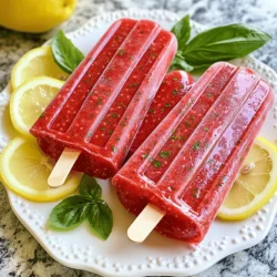 Fresh strawberries are the star of this recipe. You need about 2 cups. Choose ripe, sweet strawberries for the best flavor. Hulled and sliced, they add a bright color and taste to your pops. Basil leaves bring a unique twist. Use 1/4 cup of fresh basil, chopped finely. The herb adds a fragrant layer to the lemonade. It pairs well with the sweetness of the strawberries. Lemon juice adds zing! You will need 1/2 cup, which is about 2-3 lemons. Fresh juice works best for a bright flavor. Mix it with 1 cup of water to balance the tartness. You can sweeten your pops with 1/2 cup of honey or agave syrup. Adjust the sweetness to fit your taste. Honey gives a floral note, while agave is milder. For a fancy touch, consider lemon slices and extra basil leaves. These garnishes make your popsicles look pretty. They also hint at the flavors inside. Start by hulling and slicing 2 cups of fresh strawberries. This lets their sweet juice flow. Next, chop 1/4 cup of fresh basil leaves. The basil adds a nice herbal touch. Combine the strawberries and basil in a blender. Add 1/2 cup of lemon juice, which is about 2 to 3 lemons. The lemon juice gives the pops a bright flavor. Then, pour in 1 cup of water and a pinch of salt. The salt helps balance the sweetness. Blend the mixture until it is smooth. You can blend less if you want some strawberry pieces in your pops. Taste the mix to check the sweetness. If you want it sweeter, add more honey or agave syrup. You can adjust the sweetness to your taste. Get your popsicle molds ready. Pour the mixture into the molds, filling them about 3/4 full. This leaves room for the mixture to expand as it freezes. Carefully insert the popsicle sticks. Place the molds in the freezer. Let them freeze for at least 4 to 6 hours or until they are solid. Once the popsicles are frozen, it’s time to remove them. Take the molds out of the freezer and run warm water over the outside. Just a few seconds should do it. This helps loosen the pops. Gently pull the popsicles out of the molds. Serve them right away or store them for later. Enjoy your refreshing treat! To make these Strawberry Basil Lemonade Pops, you need a smooth mix. Start by blending the strawberries, lemon juice, and basil well. This will help the flavors mix nicely. If you want some texture, blend less. Leave a few small strawberry pieces for bite. A smooth blend gives a nice pop! Taste your mixture before freezing. If it’s not sweet enough, add more honey or agave syrup. You can adjust the sweetness based on your taste. Remember, after freezing, the pops might taste less sweet. So, make sure it’s a bit sweeter than you want it to be. This way, you'll get the perfect treat! When serving your pops, look for fun ways to impress. Place them on a bright plate or stand. Garnish with lemon slices and fresh basil leaves. This adds color and makes them look fancy. You can also serve them with a refreshing drink. A nice lemonade or iced tea pairs well. Enjoy your summer treat! {{image_2}} You can change the flavor of your pops by adding other fruits. Try using blueberries or raspberries for a twist. You can even mix in some mango or peach for a tropical vibe. Just keep the same ratio of fruit and liquid. This way, you will keep the texture smooth. Basil is great, but don’t stop there! Mint or rosemary can give a new taste to your pops. Chop the herbs finely so they blend well. You can also mix different herbs. This adds fun layers of flavor. Just remember, a little goes a long way. If you want a sugar-free option, use stevia or monk fruit. These sweeteners can give you the right taste without the sugar. If you want it vegan, keep using agave syrup instead of honey. Both options keep your pops healthy and tasty. Enjoy exploring these variations to make your pops perfect for any taste! To keep your Strawberry Basil Lemonade Pops fresh, follow these tips. First, make sure they are fully frozen before storage. This prevents ice crystals from forming. After freezing, store them in a freezer-safe bag. Remove as much air as possible before sealing. This helps avoid freezer burn. Label the bag with the date for easy tracking. These pops can last up to two months in the freezer. After that, they may lose flavor and texture. For the best taste, enjoy them within a month. If you notice any strange colors or smells, it’s best to toss them out. Always trust your senses when it comes to food safety. If you have leftover pops, avoid re-freezing them after they thaw. Once they thaw, bacteria can grow, making them unsafe. Instead, only freeze what you plan to eat. If you want to save some, enjoy them fresh and make a new batch later. This keeps your treats safe and delicious. Yes, you can use frozen strawberries! They work well in this recipe. Just thaw them first. This makes blending easier. You will still get the great flavor. The texture may be a bit different, but the taste remains delicious. These pops are already dairy-free! The recipe only uses fruit, herbs, and sweeteners. There is no milk or cream in the mix. Enjoy these pops without any dairy concerns. You have many options! You can use maple syrup, coconut sugar, or any sweetener you like. Just keep in mind that each sweetener has a different flavor. Taste as you go to find your perfect balance. To release the popsicles, run warm water over the outside of the molds. Do this for a few seconds. Then gently pull the popsicles out. This will help them come out smoothly without breaking. This blog post showed you how to make delicious strawberry-basil popsicles. You learned about fresh ingredients, easy steps, and fun tips. We covered ways to adjust sweetness and add flavors. You also discovered storage tips to keep your pops tasting great. These popsicles can suit many diets, too. Try adding different fruits or herbs for new twists. Enjoy your refreshing treats all summer!