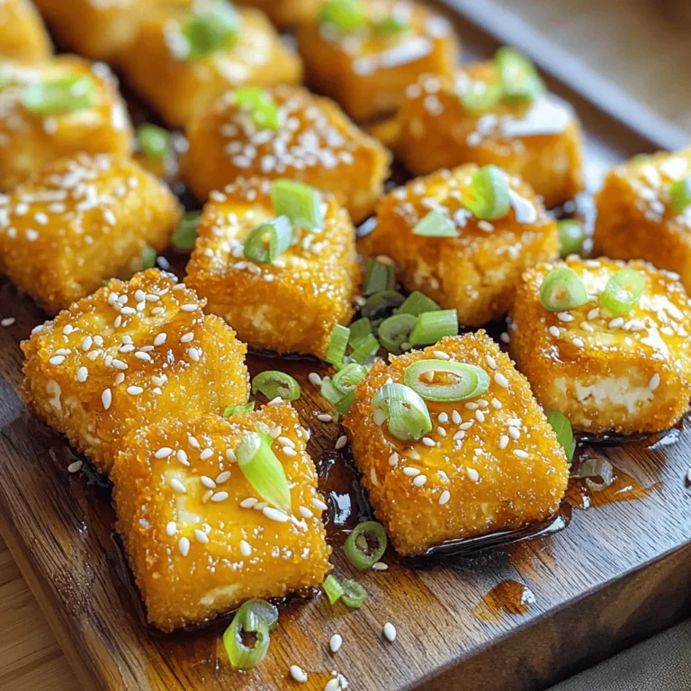 For your Air Fryer Honey Garlic Tofu Nuggets, you will need: - 1 block (14 oz) firm tofu, drained and pressed - ¼ cup honey (or maple syrup for vegan option) - 2 tablespoons soy sauce - 1 tablespoon minced garlic - 1 teaspoon grated fresh ginger - 2 tablespoons cornstarch - 1 teaspoon paprika - ½ teaspoon salt - ½ teaspoon black pepper - Cooking spray These ingredients come together to create a sweet and savory flavor that pairs well with the crispy tofu. If you're looking to make this dish vegan, simply swap honey for maple syrup. This keeps the sweetness while fitting a vegan diet. To make your dish even better, try adding these garnishes and sauces: - Sliced green onions for freshness - Sesame seeds for crunch - Sweet chili sauce for a spicy kick - Sriracha for extra heat These additions not only enhance the look but also elevate the taste of your tofu nuggets. Enjoy experimenting with these options! First, you need a block of firm tofu. Start by draining it well and pressing it. This helps remove excess water, making the tofu crispier. Cut the tofu into bite-sized cubes and place them in a large bowl. Next, let’s make the marinade. In another bowl, whisk together ¼ cup honey (or maple syrup for a vegan option), 2 tablespoons soy sauce, 1 tablespoon minced garlic, and 1 teaspoon grated fresh ginger. This mixture brings sweet and savory flavors to the tofu. Pour this marinade over the tofu cubes. Gently toss to coat them evenly. Allow the tofu to marinate for at least 10 minutes. This step helps it soak up all that yummy flavor. Now, it’s time to coat the tofu. In a separate bowl, combine 2 tablespoons cornstarch, 1 teaspoon paprika, ½ teaspoon salt, and ½ teaspoon black pepper. Mix it well. Take the marinated tofu and add it to the cornstarch mixture. Toss until every piece is coated. Preheat your air fryer to 375°F (190°C) for about 5 minutes. While it heats, lightly spray the air fryer basket with cooking spray. This helps prevent sticking. Place the coated tofu nuggets in the basket in a single layer. Avoid overcrowding, as this can stop them from getting crispy. Air fry the tofu at 375°F (190°C) for 15-20 minutes. Shake the basket halfway through to make sure they cook evenly. Keep an eye on them. You want them golden and crispy. Once the tofu nuggets are cooked, carefully remove them from the air fryer. Serve them hot, and if you like, drizzle some extra honey on top for added sweetness. Presentation matters, so place the nuggets on a platter. You can garnish with sliced green onions and sesame seeds for a pop of color and flavor. These nuggets pair well with dipping sauces like sweet chili or sriracha. Enjoy this crispy delight! To get your tofu nice and crispy, use firm tofu. Press the tofu well to remove extra water. Cut it into cubes. Coat the cubes in cornstarch. This helps create a crunchy crust when cooked. Don't skip the cornstarch! It makes a big difference in texture. Make sure to space out the tofu in the air fryer. Crowding the basket can lead to soggy nuggets. Marinating tofu is key for great taste. Use a mix of honey, soy sauce, garlic, and ginger. This mix gives a sweet and savory flavor. Let the tofu soak for at least 10 minutes. If you have more time, marinate it longer. You can even do this overnight! The longer it soaks, the better the flavor. Preheat your air fryer to 375°F (190°C). This helps the tofu cook evenly. Arrange the nuggets in a single layer. Shaking the basket halfway through cooking helps them brown evenly. Cook for about 15-20 minutes. Keep an eye out for a golden color. Each air fryer is different, so adjust the time as needed. For added crunch, lightly spray the tofu with cooking spray before frying. {{image_2}} To give your tofu nuggets a kick, add some heat! A spicy honey garlic version is simple to create. Start by mixing in 1 to 2 teaspoons of red pepper flakes into your marinade. You can also use sriracha or chili paste for a deeper flavor. This adds heat without losing the sweet and savory taste. The spicy version pairs well with a cooling dip like yogurt-based sauce. If you need a gluten-free option, swap soy sauce for tamari. Tamari has a similar taste but is made without wheat. You can also check labels on all your ingredients. Ensure they are gluten-free. This way, everyone can enjoy these tasty nuggets without worry! No air fryer? No problem! You can bake or pan-fry these tofu nuggets. For baking, preheat your oven to 400°F (200°C). Spread the tofu nuggets on a baking sheet lined with parchment paper. Bake for 25-30 minutes, flipping halfway, until golden brown. If pan-frying, heat oil in a skillet over medium heat. Fry the nuggets in batches until crispy on all sides. Both methods yield delicious results! To store your honey garlic tofu nuggets, let them cool first. Place them in an airtight container. Make sure to layer parchment paper between the nuggets to keep them from sticking. You can store them in the fridge for up to 4 days. To reheat, use your air fryer for the best results. Set it to 350°F (175°C). Heat the nuggets for about 5-7 minutes. This helps them regain their crispiness. You can also use a microwave, but they won't be as crunchy. Just heat them for about 1-2 minutes. If you want to freeze the nuggets, place them in a single layer on a baking sheet. Freeze them for a few hours until solid. Then transfer them to a freezer-safe bag. They can last up to 3 months in the freezer. When ready to eat, thaw them overnight in the fridge. Then reheat them in the air fryer as mentioned above. No, soft tofu will not work well here. It breaks apart too easily. Firm tofu holds its shape better when you cook it. It gives you that nice, crispy texture you want in these nuggets. Stick with firm tofu for the best results. Cooked tofu nuggets can last about 3 to 5 days in the fridge. Store them in an airtight container to keep them fresh. Just reheat them in the air fryer or oven when you're ready to eat. This keeps them crispy and tasty. You can use maple syrup as a great substitute for honey. It gives you that sweet taste without using honey. Agave nectar also works well if you need a vegan option. Both of these will keep your nuggets sweet and delicious. In this post, we covered how to make tasty tofu nuggets from start to finish. We started with the right ingredients, including options for vegan substitutes. I shared step-by-step instructions on prepping, cooking, and serving. You learned tips for crispy texture and marinating for flavor. We also discussed variations and best practices for storage. Tofu nuggets can be both fun and satisfying. Enjoy experimenting with flavors and cooking methods!