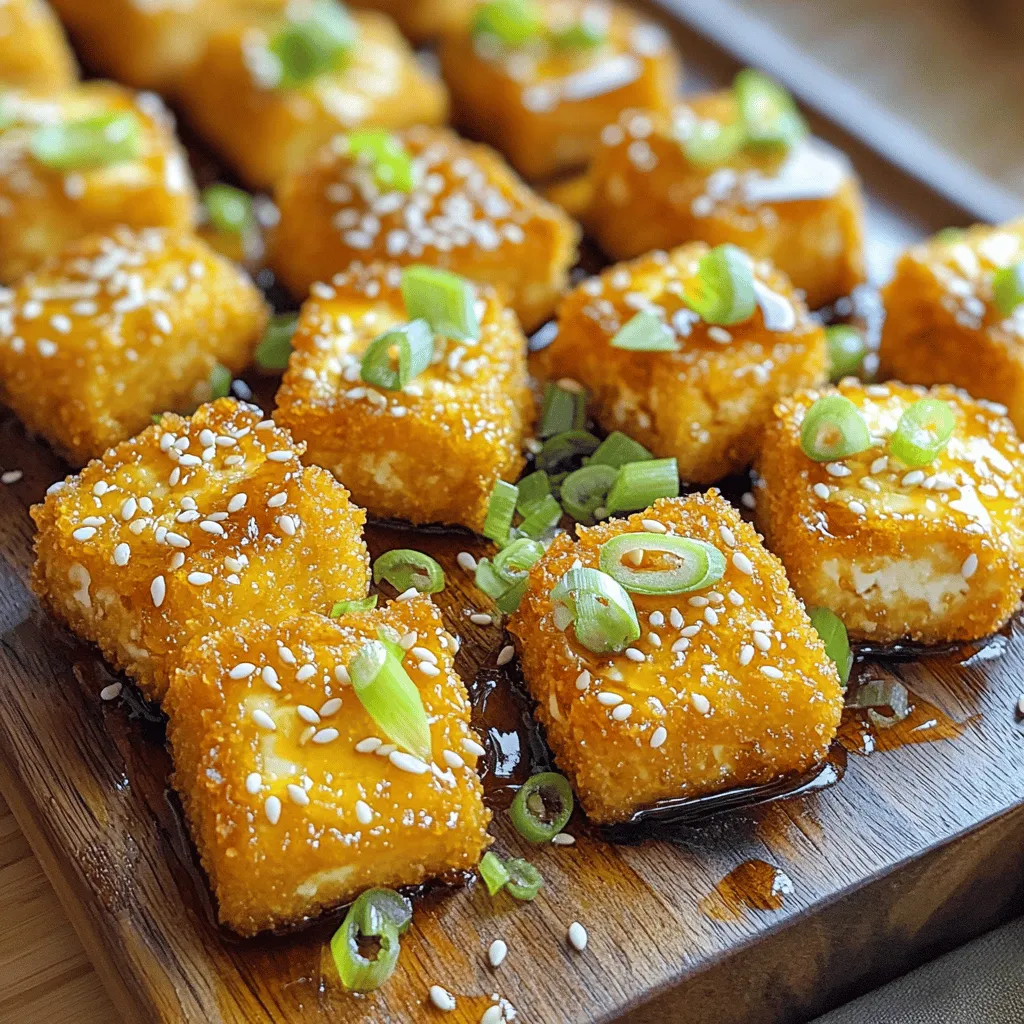For your Air Fryer Honey Garlic Tofu Nuggets, you will need: - 1 block (14 oz) firm tofu, drained and pressed - ¼ cup honey (or maple syrup for vegan option) - 2 tablespoons soy sauce - 1 tablespoon minced garlic - 1 teaspoon grated fresh ginger - 2 tablespoons cornstarch - 1 teaspoon paprika - ½ teaspoon salt - ½ teaspoon black pepper - Cooking spray These ingredients come together to create a sweet and savory flavor that pairs well with the crispy tofu. If you're looking to make this dish vegan, simply swap honey for maple syrup. This keeps the sweetness while fitting a vegan diet. To make your dish even better, try adding these garnishes and sauces: - Sliced green onions for freshness - Sesame seeds for crunch - Sweet chili sauce for a spicy kick - Sriracha for extra heat These additions not only enhance the look but also elevate the taste of your tofu nuggets. Enjoy experimenting with these options! First, you need a block of firm tofu. Start by draining it well and pressing it. This helps remove excess water, making the tofu crispier. Cut the tofu into bite-sized cubes and place them in a large bowl. Next, let’s make the marinade. In another bowl, whisk together ¼ cup honey (or maple syrup for a vegan option), 2 tablespoons soy sauce, 1 tablespoon minced garlic, and 1 teaspoon grated fresh ginger. This mixture brings sweet and savory flavors to the tofu. Pour this marinade over the tofu cubes. Gently toss to coat them evenly. Allow the tofu to marinate for at least 10 minutes. This step helps it soak up all that yummy flavor. Now, it’s time to coat the tofu. In a separate bowl, combine 2 tablespoons cornstarch, 1 teaspoon paprika, ½ teaspoon salt, and ½ teaspoon black pepper. Mix it well. Take the marinated tofu and add it to the cornstarch mixture. Toss until every piece is coated. Preheat your air fryer to 375°F (190°C) for about 5 minutes. While it heats, lightly spray the air fryer basket with cooking spray. This helps prevent sticking. Place the coated tofu nuggets in the basket in a single layer. Avoid overcrowding, as this can stop them from getting crispy. Air fry the tofu at 375°F (190°C) for 15-20 minutes. Shake the basket halfway through to make sure they cook evenly. Keep an eye on them. You want them golden and crispy. Once the tofu nuggets are cooked, carefully remove them from the air fryer. Serve them hot, and if you like, drizzle some extra honey on top for added sweetness. Presentation matters, so place the nuggets on a platter. You can garnish with sliced green onions and sesame seeds for a pop of color and flavor. These nuggets pair well with dipping sauces like sweet chili or sriracha. Enjoy this crispy delight! To get your tofu nice and crispy, use firm tofu. Press the tofu well to remove extra water. Cut it into cubes. Coat the cubes in cornstarch. This helps create a crunchy crust when cooked. Don't skip the cornstarch! It makes a big difference in texture. Make sure to space out the tofu in the air fryer. Crowding the basket can lead to soggy nuggets. Marinating tofu is key for great taste. Use a mix of honey, soy sauce, garlic, and ginger. This mix gives a sweet and savory flavor. Let the tofu soak for at least 10 minutes. If you have more time, marinate it longer. You can even do this overnight! The longer it soaks, the better the flavor. Preheat your air fryer to 375°F (190°C). This helps the tofu cook evenly. Arrange the nuggets in a single layer. Shaking the basket halfway through cooking helps them brown evenly. Cook for about 15-20 minutes. Keep an eye out for a golden color. Each air fryer is different, so adjust the time as needed. For added crunch, lightly spray the tofu with cooking spray before frying. {{image_2}} To give your tofu nuggets a kick, add some heat! A spicy honey garlic version is simple to create. Start by mixing in 1 to 2 teaspoons of red pepper flakes into your marinade. You can also use sriracha or chili paste for a deeper flavor. This adds heat without losing the sweet and savory taste. The spicy version pairs well with a cooling dip like yogurt-based sauce. If you need a gluten-free option, swap soy sauce for tamari. Tamari has a similar taste but is made without wheat. You can also check labels on all your ingredients. Ensure they are gluten-free. This way, everyone can enjoy these tasty nuggets without worry! No air fryer? No problem! You can bake or pan-fry these tofu nuggets. For baking, preheat your oven to 400°F (200°C). Spread the tofu nuggets on a baking sheet lined with parchment paper. Bake for 25-30 minutes, flipping halfway, until golden brown. If pan-frying, heat oil in a skillet over medium heat. Fry the nuggets in batches until crispy on all sides. Both methods yield delicious results! To store your honey garlic tofu nuggets, let them cool first. Place them in an airtight container. Make sure to layer parchment paper between the nuggets to keep them from sticking. You can store them in the fridge for up to 4 days. To reheat, use your air fryer for the best results. Set it to 350°F (175°C). Heat the nuggets for about 5-7 minutes. This helps them regain their crispiness. You can also use a microwave, but they won't be as crunchy. Just heat them for about 1-2 minutes. If you want to freeze the nuggets, place them in a single layer on a baking sheet. Freeze them for a few hours until solid. Then transfer them to a freezer-safe bag. They can last up to 3 months in the freezer. When ready to eat, thaw them overnight in the fridge. Then reheat them in the air fryer as mentioned above. No, soft tofu will not work well here. It breaks apart too easily. Firm tofu holds its shape better when you cook it. It gives you that nice, crispy texture you want in these nuggets. Stick with firm tofu for the best results. Cooked tofu nuggets can last about 3 to 5 days in the fridge. Store them in an airtight container to keep them fresh. Just reheat them in the air fryer or oven when you're ready to eat. This keeps them crispy and tasty. You can use maple syrup as a great substitute for honey. It gives you that sweet taste without using honey. Agave nectar also works well if you need a vegan option. Both of these will keep your nuggets sweet and delicious. In this post, we covered how to make tasty tofu nuggets from start to finish. We started with the right ingredients, including options for vegan substitutes. I shared step-by-step instructions on prepping, cooking, and serving. You learned tips for crispy texture and marinating for flavor. We also discussed variations and best practices for storage. Tofu nuggets can be both fun and satisfying. Enjoy experimenting with flavors and cooking methods!