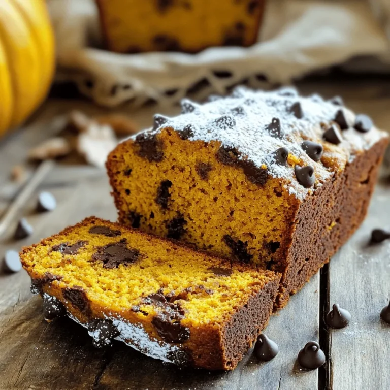 To make a delightful chocolate chip pumpkin bread, you need a few key ingredients: - 1 cup pumpkin puree (canned or fresh) - 1/2 cup granulated sugar - 1/2 cup brown sugar, packed - 1/2 cup vegetable oil - 2 large eggs - 1 teaspoon vanilla extract - 2 cups all-purpose flour - 1 teaspoon baking soda - 1/2 teaspoon baking powder - 1 teaspoon ground cinnamon - 1/2 teaspoon ground nutmeg - 1/4 teaspoon ground cloves - 1/2 teaspoon salt - 1 cup semi-sweet chocolate chips These ingredients blend to create a moist and flavorful bread. The pumpkin puree gives it a rich texture, while the chocolate chips add sweetness. You can enhance your chocolate chip pumpkin bread with some fun extras: - Chopped nuts (like walnuts or pecans) - Dried fruits (such as cranberries or raisins) - A sprinkle of powdered sugar on top - Cream cheese frosting for a sweet twist These add-ins make your bread unique and cater to different tastes. Feel free to mix and match! If you are missing an ingredient, don’t worry! Here are some easy swaps: - Use applesauce instead of vegetable oil for lower fat. - Swap granulated sugar for coconut sugar for a healthier option. - Try almond flour instead of all-purpose flour for a gluten-free version. - Replace semi-sweet chocolate chips with dark chocolate or white chocolate chips. These substitutions can change the flavor and texture, keeping your bread exciting every time! First, gather all your ingredients. You will need: - 1 cup pumpkin puree - 1/2 cup granulated sugar - 1/2 cup brown sugar - 1/2 cup vegetable oil - 2 large eggs - 1 teaspoon vanilla extract - 2 cups all-purpose flour - 1 teaspoon baking soda - 1/2 teaspoon baking powder - 1 teaspoon ground cinnamon - 1/2 teaspoon ground nutmeg - 1/4 teaspoon ground cloves - 1/2 teaspoon salt - 1 cup semi-sweet chocolate chips Next, preheat your oven to 350°F (175°C). Grease a 9x5 inch loaf pan. You can also line it with parchment paper for easy removal later. In a large bowl, mix the pumpkin puree, granulated sugar, brown sugar, vegetable oil, eggs, and vanilla extract. Whisk this mix until it's smooth and well combined. In another bowl, mix the flour, baking soda, baking powder, cinnamon, nutmeg, cloves, and salt. Combine these dry ingredients well. Now, add the dry mix to the wet mix gradually. Stir gently until just combined. Don't worry about lumps; they are okay. Finally, fold in the chocolate chips gently. Pour the batter into your prepared loaf pan. Smooth the top with a spatula to make it even. Place it in the oven and bake for 55 to 65 minutes. To check if it's done, insert a toothpick into the center. If it comes out clean, your bread is ready. A few chocolate chips on the toothpick are fine, too. Once baked, remove the bread from the oven. Let it cool in the pan for about 10 minutes. After that, transfer it to a wire rack to cool completely. When it is cool, slice the bread. Serve it warm or at room temperature. You can sprinkle powdered sugar on top or add whipped cream for a special touch. Enjoy each slice with a hot cup of coffee or tea! To keep your pumpkin bread moist, use fresh pumpkin puree. Canned pumpkin works too, but fresh gives a richer taste. Mix in vegetable oil; it adds moisture. Don’t overmix the batter; this makes the bread tough. Bake until a toothpick comes out clean, with only a few chocolate chips on it. Let it cool in the pan briefly; this helps keep it moist. One common mistake is not measuring ingredients correctly. Use dry measuring cups for flour and sugar. Level off the top with a knife for accuracy. Another mistake is opening the oven door too often. This can change the temperature and ruin your bread. Lastly, don’t skip the spices! They add flavor and warmth to your pumpkin bread. For best results, spoon flour into your measuring cup instead of scooping it. This prevents too much flour. Always pack brown sugar into the cup firmly to get the right amount. When measuring liquids, use a clear measuring cup with measurement lines. Check at eye level for accuracy. Following these tips ensures your bread turns out great every time! {{image_2}} To make a gluten-free version, swap the all-purpose flour with a gluten-free blend. Look for a mix that includes xanthan gum, as it helps the bread rise and stay moist. Follow the same steps in the recipe. Your bread will still taste delicious and soft! You can add nuts or dried fruit to boost flavor and texture. Walnuts or pecans add a nice crunch. Try 1/2 cup of chopped nuts for a great mix. Dried cranberries or raisins also work well. They add sweetness and chewiness. Mix any add-ins in when you fold in the chocolate chips. Spices can enhance the flavor of your pumpkin bread. Besides cinnamon and nutmeg, consider adding ginger or allspice. Just 1/2 teaspoon can make a big difference. Experiment with different spice mixes to find your favorite flavor. Enjoy the fun of creating your unique bread! To keep your pumpkin bread fresh, wrap it tightly in plastic wrap. This keeps moisture in and prevents drying. You can also use aluminum foil for added protection. Store it at room temperature for up to three days. For longer storage, place it in the fridge. It can last up to a week when chilled. Just make sure to wrap it well to avoid any fridge odors. If you want to save your pumpkin bread for later, freezing is a great option. First, let the bread cool completely. Then, wrap it in plastic wrap and then in aluminum foil. This double layer helps protect it from freezer burn. You can freeze the loaf for up to three months. When you are ready to eat it, just thaw it in the fridge overnight. To enjoy your pumpkin bread warm, preheat your oven to 350°F (175°C). Unwrap the bread and place it on a baking sheet. Heat it for about 10-15 minutes. You can also slice the bread and heat it in the toaster. This gives it a nice, crispy edge. Enjoy your warm slices with a bit of butter or cream cheese for extra flavor! Chocolate Chip Pumpkin Bread lasts about 3 to 5 days at room temperature. Keep it in an airtight container to keep it fresh. If you want it to last longer, you can refrigerate it for up to a week. Just be sure to wrap it well to prevent it from drying out. Yes, you can use fresh pumpkin instead of canned. Just cook the pumpkin until soft, then puree it. This will give your bread a fresh taste. Make sure to measure the puree accurately. One cup of fresh pumpkin puree works great in this recipe. You can serve Chocolate Chip Pumpkin Bread warm or at room temperature. It pairs well with a cup of coffee or tea. For a fun twist, add a dollop of whipped cream or a sprinkle of powdered sugar on top. You can also enjoy it with butter or cream cheese for extra flavor. Absolutely! You can turn this recipe into muffins. Just fill the muffin cups about two-thirds full with batter. Bake at the same temperature for about 20 to 25 minutes. Check with a toothpick to make sure they are done. This gives you tasty, portable treats! In this article, we covered all you need for making delicious chocolate chip pumpkin bread. We looked at key ingredients, step-by-step instructions, and helpful tips. I shared variations for diets and preferences, plus storage info to keep it fresh. Remember, your bread should be moist and full of flavor. Take these tips to bake the best pumpkin bread. Enjoy experimenting with your own touches! Happy baking!