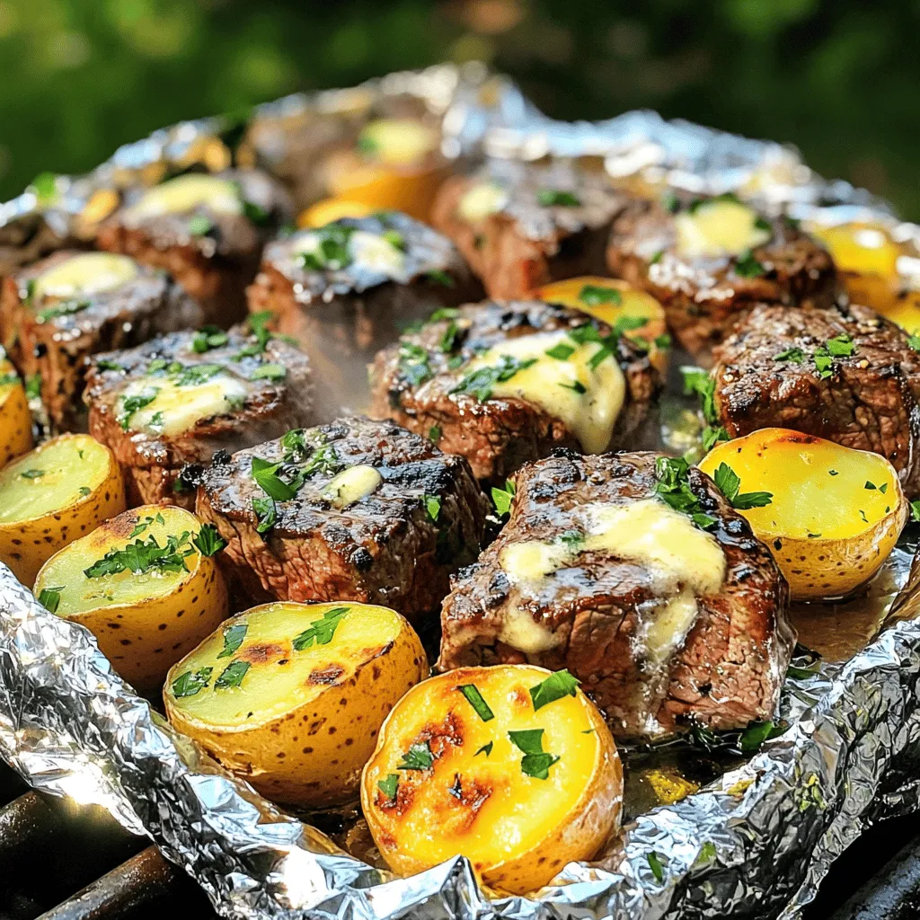 To create Garlic Butter Steak & Potato Foil Packs, you need these simple ingredients: - 1 lb sirloin steak, cut into 1-inch cubes - 1 lb baby potatoes, halved - 4 tablespoons unsalted butter, melted - 4 cloves garlic, minced - 1 teaspoon dried rosemary - 1 teaspoon dried thyme - Salt and pepper to taste - Fresh parsley, chopped (for garnish) Each ingredient plays a key role in bringing this dish to life. The sirloin steak offers a rich flavor that pairs well with the creamy garlic butter. Baby potatoes add a nice texture and soak up all the tasty juices. Melted unsalted butter is the star of the show, infusing the dish with richness. Garlic gives it a delightful aroma and taste. The dried rosemary and thyme contribute earthy notes that elevate the overall flavor. Don't forget to season with salt and pepper to enhance every bite. Finally, fresh parsley adds color and a hint of freshness as a garnish. With these ingredients, you are ready to create a delicious meal that's perfect for any gathering. - Preheat your grill to medium-high heat. This step is key for even cooking. - In a large bowl, combine steak cubes and halved baby potatoes. This mix forms the base. - In another bowl, create the garlic butter mixture. Use melted butter, minced garlic, and herbs. Stir it well to blend all the flavors. - Cut four large pieces of aluminum foil. Each piece should be about 12x12 inches. - Place a scoop of the steak and potato mixture in the center of each foil piece. - Wrap the foil tightly to create packets. This helps keep the juices inside. - Place the foil packs on the grill and cook for 20-25 minutes. Flip them halfway through for even cooking. - Carefully open the packs after cooking. Watch out for steam. Check if the potatoes are tender and the steak is cooked to your liking. For grilling, I love using sirloin steak. It has great flavor and tenderness. You want to cut it into 1-inch cubes for even cooking. Aim for a medium doneness, which is about 145°F. Use a meat thermometer to check. To boost flavor, consider adding smoked paprika or onion powder. These spices add depth to the dish. Marinate your steak for at least 30 minutes before cooking. A simple mix of olive oil, garlic, and herbs works well. When packing your foil, make sure it's sealed tight. This keeps the juices in and prevents spills. Always handle hot foil packs with care. Use tongs or an oven mitt to avoid burns. Enjoy your cooking! {{image_2}} You can boost flavor and nutrition with vegetables. Bell peppers add sweet crunch. Onions bring a nice zing. Zucchini is light and cooks fast. Carrots add color and sweetness. Just chop them small to fit in the foil packs. Toss them in with the steak and potatoes. They will soak up the garlic butter goodness, making every bite tasty. If you want to switch things up, try other proteins. Chicken works well and cooks nicely. Shrimp gives a fun, seafood twist. For a plant-based option, use tofu. Just make sure to cut it into small cubes. Marinate the tofu in the garlic butter for added flavor. This way, you can enjoy different meals while keeping it simple. Don't be afraid to play with flavors. Add spices like paprika for heat or cumin for a warm touch. A splash of soy sauce brings a savory element. You could also use herbs like basil or cilantro for fresh notes. Experimenting with sauces like teriyaki or barbecue can create delicious new versions. The key is to think outside the box and find what you love. To keep your Garlic Butter Steak & Potato Foil Packs fresh, pack them in airtight containers. If you have leftover foil packs, let them cool first. Then, place them in the fridge. Use them within three days for the best taste. For longer storage, freeze them. Wrap each pack tightly in plastic wrap and then in foil. This keeps them safe from freezer burn. They can last up to three months in the freezer. When you want to enjoy your leftovers, use these safe reheating methods. The best way is to reheat them in the oven. Preheat your oven to 350°F (175°C). Place the foil packs on a baking sheet and heat for about 15-20 minutes. This warms them gently and keeps them moist. You can also use a microwave. Just place the pack on a microwave-safe plate. Heat it for 2-3 minutes, but check to ensure everything is warm. How long can you keep those delicious foil packs? In the fridge, they are good for about three days. If you freeze them, they last longer—up to three months. Just remember, the sooner you eat them, the better they taste! Enjoy your meals fresh whenever you can. To check if the steak is cooked, use a meat thermometer. Insert it into the thickest part of the steak. - Rare: 125°F (51°C) - Medium-rare: 135°F (57°C) - Medium: 145°F (63°C) - Medium-well: 150°F (66°C) - Well done: 160°F (71°C) Let the steak rest for a few minutes after cooking. This will help keep it juicy. Yes, you can prep these foil packs ahead of time. This makes cooking easier later. - Chop the steak and potatoes: Do this a few hours in advance. - Mix the garlic butter: You can combine the butter, garlic, and herbs ahead of time. - Assemble the packs: Wrap them in foil and keep them in the fridge. Cook them within 24 hours for best results. These foil packs are tasty on their own, but sides can enhance the meal. Here are some great options: - Grilled vegetables: Bell peppers, zucchini, or asparagus add color and flavor. - Salad: A fresh green salad with a light dressing pairs well. - Corn on the cob: Sweet corn adds a fun touch. - Garlic bread: A slice of garlic bread complements the meal perfectly. Feel free to mix and match based on your taste! For detailed cooking instructions, refer to the full recipe above. Enjoy making your Garlic Butter Steak & Potato Foil Packs! In this post, we explored how to create Garlic Butter Steak and Potato Foil Packs. We went through the ingredients and step-by-step instructions for prepping and grilling. I shared tips on choosing steak, enhancing flavor, and safe cooking practices. Remember, you can customize these packs with different veggies or proteins. Enjoy experimenting with flavors! Proper storage lets you enjoy leftovers too. Keep these tips in mind for your next cookout, and happy grilling!