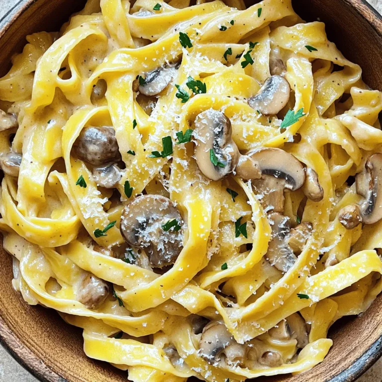 To make Creamy Mushroom Marsala Pasta, gather these ingredients: - 8 oz fettuccine or spaghetti - 2 tablespoons olive oil - 1 medium onion, finely chopped - 3 cloves garlic, minced - 12 oz mixed mushrooms (cremini, shiitake, and button), sliced - 1 teaspoon dried thyme - 1 teaspoon dried oregano - 1 cup vegetable broth - 1 cup heavy cream - 1 tablespoon balsamic vinegar - Salt and pepper to taste - Fresh parsley, chopped (for garnish) - Grated Parmesan cheese (optional, for serving) You can switch up the pasta type. Use your favorite shape, like penne or rigatoni. Each will hold the sauce well. When it comes to herbs, fresh is great but dried works too. Fresh herbs can add bright flavors. Dried herbs are handy and last longer. You can add toppings to make it special. Try crispy bacon or sautéed spinach. A sprinkle of nuts adds crunch. If you love cheese, more grated Parmesan is always welcome! 1. Preparing the pot for boiling Start by filling a large pot with water. Add a generous amount of salt. This helps flavor the pasta. Place the pot on the stove over high heat. Wait for the water to boil. 2. Tips for perfect pasta texture Once the water boils, add your fettuccine or spaghetti. Cook it according to the package instructions. I recommend checking it one minute early. You want the pasta to be al dente, meaning firm to the bite. 3. How to reserve pasta water Before draining, scoop out about 1/4 cup of the cooking water. This starchy water will help the sauce later. Drain the pasta and set it aside while you make the sauce. 1. Sautéing onions and garlic correctly In a large skillet, heat 2 tablespoons of olive oil over medium heat. Add the finely chopped onion. Sauté for 3 to 4 minutes until it turns translucent. Then, add 3 minced garlic cloves. Cook for another minute until it's fragrant. 2. Cooking mushrooms: Methods to enhance flavor Now it’s time for the mushrooms. Add 12 ounces of sliced mixed mushrooms to the skillet. Stir occasionally for about 5 to 7 minutes. You want them golden and softened. This step enhances their rich flavor. 3. Incorporating herbs into the sauce Next, sprinkle in 1 teaspoon of dried thyme and 1 teaspoon of dried oregano. Mix well to combine the herbs with the mushrooms. This adds depth and aroma to your sauce. 1. Best practices for mixing pasta with sauce Pour 1 cup of vegetable broth into the skillet. Let it simmer for about 3 to 4 minutes. Add 1 cup of heavy cream and 1 tablespoon of balsamic vinegar. Stir to combine. 2. Techniques for adjusting sauce thickness If the sauce gets too thick, use the reserved pasta water. Add a little at a time until you reach the desired consistency. Don't forget to season with salt and pepper to taste. 3. Plating tips for presentation Add the drained pasta to the skillet and toss it gently in the sauce. Ensure every strand is coated. For serving, garnish with fresh parsley and optional grated Parmesan cheese. This makes your dish look and taste amazing. To make your Creamy Mushroom Marsala Pasta even tastier, use some spices and herbs. I suggest adding: - 1 teaspoon smoked paprika - A pinch of red pepper flakes - Fresh thyme instead of dried, if possible These add warmth and depth. To achieve a richer taste, use high-quality vegetable broth. It boosts the flavor of your sauce. Also, add the balsamic vinegar before the cream. This order helps to meld the tastes better. Timing matters too. Add your herbs when the mushrooms are nearly done cooking. This way, they release their aroma and flavor fully. One common mistake is overcooking the pasta or mushrooms. Cook the pasta until al dente. For mushrooms, aim for a golden color. This brings out their best texture and taste. Be careful with salt and seasoning. Taste as you go. Too much salt can ruin the dish. Another mistake is not adjusting the sauce’s consistency. If your sauce is too thick, add some reserved pasta water. This keeps it creamy and perfect for tossing. Pair your pasta with some easy side dishes. A simple green salad or garlic bread works well. For wine, consider a light red like Pinot Noir. It complements the mushroom flavor nicely. When garnishing, sprinkle fresh parsley on top. Grated Parmesan cheese adds richness too. You can also add toasted pine nuts for crunch. Enjoy your meal! {{image_2}} To make a vegetarian or vegan version of creamy mushroom Marsala pasta, swap the heavy cream with coconut cream or cashew cream. Both options provide a rich and creamy texture. For cheese, try nutritional yeast or vegan cheese. Consider adding vegetables like spinach, bell peppers, or zucchini. These can enhance flavor and color. When using plant-based options, you may need to adjust the seasoning. Taste often and add more herbs or spices if needed. For a heartier meal, you can add chicken or shrimp. If you want chicken, slice it thin. Sauté it in olive oil until cooked through, then remove it before cooking the mushrooms. Add it back at the end. For shrimp, cook them in the same skillet after the mushrooms. They only need a few minutes. Ensure the flavors blend well by adding a splash of Marsala wine or lemon juice. This helps balance the dish. If you need a gluten-free option, choose gluten-free pasta, like rice or corn-based types. These can cook differently, so check the package for timing. To maintain texture, cook the pasta al dente. This helps it hold up when mixed with the sauce. If the sauce is too thick, add a splash of vegetable broth or pasta water. This keeps the dish flavorful and creamy. To keep your Creamy Mushroom Marsala Pasta fresh, follow these tips: - Refrigerate Promptly: Store leftovers in the fridge within two hours. This helps keep the food safe. - Use Airtight Containers: Place the pasta in airtight containers. This prevents moisture loss and keeps flavors intact. - Cover Well: If you use a bowl, cover it tightly with plastic wrap or a lid. This keeps the dish fresh. To prevent the sauce from separating, stir in a splash of vegetable broth or cream before storing. This keeps the sauce smooth. When reheating, you want to keep the pasta creamy and delicious: - Use the Stovetop: The best method is to reheat on low heat in a skillet. This helps maintain texture. - Time and Temperature: Heat for about 5-7 minutes. Stir occasionally to avoid burning. - Add Moisture: To keep it creamy, add a splash of broth or cream while reheating. This will help restore the sauce's richness. Freezing can be a great way to save this dish for later: - Cool Before Freezing: Allow the pasta to cool completely. This prevents ice crystals from forming. - Use Freezer Bags: Place the pasta in freezer-safe bags. Remove as much air as possible to avoid freezer burn. - Label Your Bags: Write the date on the bags. This helps you know when to use them. To thaw, place the bag in the fridge overnight. For best results, reheat it on the stovetop with a little extra moisture. This keeps the flavors and texture just right. To thicken your mushroom sauce, you can use a few easy methods. First, you can add more cream. This gives a richer taste and a thicker texture. Second, use starches like cornstarch or flour. Mix a small amount with water. Then stir this mix into your sauce slowly. Let it cook for a few minutes. This helps the sauce get thicker quickly. Yes, you can use many types of mushrooms. Each type brings its own flavor. For example, cremini mushrooms give a nice earthy taste. Shiitake mushrooms add a rich, umami flavor. Button mushrooms are mild and easy to find. You can even mix different mushrooms for a unique dish. This combination can make your sauce more gourmet and flavorful. Yes, this recipe works well for meal prep! You can cook the pasta and sauce ahead of time. Store them separately in the fridge. When you’re ready to eat, just reheat the sauce and pasta. If the sauce gets too thick, add a splash of water or broth. This keeps everything tasty and fresh. For the complete recipe, click [here](#). In this blog post, we explored a tasty pasta dish with a creamy mushroom sauce. We covered ingredient choices, cooking steps, and ways to enhance flavor. You learned about making vegetarian and gluten-free versions, plus how to store leftovers well. Remember, cooking is all about experimenting and having fun. Don't be afraid to make this dish your own. With the tips provided, you can create a meal that's both delicious and satisfying. Enjoy your cooking journey!