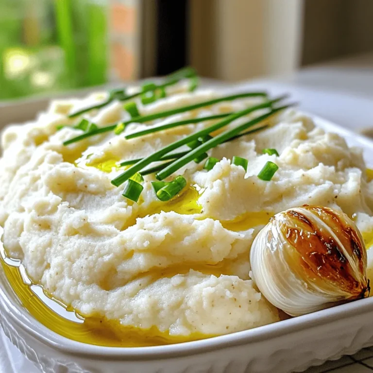 To create this creamy delight, you will need the following ingredients: - Large head of cauliflower, chopped into florets - Whole bulb of garlic - 3 tablespoons olive oil - 1/4 cup unsweetened almond milk (or any milk of your choice) - 2 tablespoons butter (or plant-based alternative) - Salt and pepper to taste - Fresh chives, chopped (for garnish) Each ingredient plays a key role in building the flavor and texture of the dish. The cauliflower serves as the base, providing a light and fluffy texture. Roasting the garlic adds a sweet, rich flavor that elevates the dish to new heights. The olive oil and butter give it a smooth mouthfeel, while the almond milk helps achieve the desired creaminess. Lastly, chives add a fresh touch, both in flavor and presentation. First, preheat your oven to 400°F (200°C). This step gets the oven ready for roasting. Next, prepare the garlic. Slice the top off the bulb to expose the cloves. Drizzle one tablespoon of olive oil on top. Wrap the garlic bulb tightly in aluminum foil, then set it aside. Now, let's focus on the cauliflower. Take one large head of cauliflower and chop it into florets. Toss these florets in a bowl with two tablespoons of olive oil, salt, and pepper. Mix well to coat them evenly. Spread the cauliflower out on a baking sheet in a single layer. Now, place your wrapped garlic bulb on the same baking sheet with the cauliflower. This allows both to roast together. Roast them in the oven for about 25 to 30 minutes. You want the cauliflower to be tender and golden. The garlic will become soft and caramelized during this time. Once the roasting is done, carefully remove the baking sheet from the oven. Let it cool for a minute. Unwrap the garlic and squeeze the soft cloves into a bowl. In a large mixing bowl, combine the roasted cauliflower, the squeezed garlic, a quarter cup of almond milk, and two tablespoons of butter. Use an immersion blender or a potato masher to blend everything until smooth and creamy. Adjust the consistency with more almond milk if you want it creamier. Don't forget to taste it! Add more salt and pepper if needed. Serve your mashed cauliflower in a bowl, and finish it off with chopped fresh chives on top for a pop of color. To get the best roasted garlic, start with a fresh bulb. Look for a firm bulb with tight, unblemished skin. Avoid any that feel soft or have green shoots. These signs show age. For even roasting, slice off just the top of the garlic bulb. This exposes the cloves while keeping them intact. Drizzle with olive oil and wrap it in foil. This method traps steam and helps the garlic cook evenly. For a smooth and creamy mash, use an immersion blender or a potato masher. An immersion blender gives you the best result. It blends everything to a silky texture quickly. If your mash is too thick, add almond milk. Pour in a little at a time until you reach your desired creaminess. This keeps your dish light yet rich. To boost flavor, consider adding spices like paprika or nutmeg. These spices add warmth and depth to the dish. For a fresh twist, try garnishing with herbs. Fresh chives work well, but you can also use parsley or thyme. This adds color and brightens the dish. {{image_2}} To make this dish vegan, simply swap out the butter for plant-based butter. This change keeps the creamy texture while ensuring that it fits a vegan diet. You can also use coconut oil for a slight hint of sweetness. The almond milk remains a great choice, but any plant-based milk works well too. For extra flavor, consider adding herbs and spices. Chopped rosemary or thyme can enhance the taste. You might also try a dash of paprika for a subtle kick. If you love cheese, mix in some grated Parmesan or nutritional yeast. This addition gives a richer flavor that many find delightful. Roasted garlic mashed cauliflower pairs wonderfully with main dishes like grilled chicken or fish. You can serve it as a side at dinner parties or family gatherings. For a fun twist, create a cauliflower bowl. Top it with sautéed vegetables or a crispy salad. This adds color and crunch to your meal. To store leftovers, let the mashed cauliflower cool first. Then, place it in an airtight container. This keeps it fresh in the fridge for up to three days. When ready to eat, stir it well and add a splash of almond milk to restore creaminess. For freezing, use a freezer-safe container. Make sure to leave some space at the top, as it may expand. You can freeze the mashed cauliflower for up to three months. When reheating, thaw it in the fridge overnight. Use a stovetop or microwave to warm it gently. Add a bit of almond milk to help maintain the smooth texture. Roasted Garlic Mashed Cauliflower stays fresh for about three days in the fridge. If frozen, it lasts up to three months without losing flavor. Always check for any off smells or changes in color before eating. Yes, you can make this dish ahead of time. To prep in advance, follow these tips: - Roast the garlic and cauliflower, then store them in the fridge. - Mix the roasted garlic and cauliflower with milk and butter just before serving. - You can reheat the mixture in the microwave or on the stove, adding a splash of milk if needed. This creamy delight goes well with many dishes. Here are some great pairings: - Serve it alongside grilled chicken or steak for a hearty meal. - Pair it with roasted vegetables for a healthy, colorful plate. - Try it with fish, like salmon, for a light dinner option. Scaling the recipe is easy. To adjust serving sizes: - For fewer servings, simply halve the ingredients. - For larger gatherings, double the amount of cauliflower and garlic. - Keep the same roasting time, but check for doneness as you scale up. In this post, we explored how to make roasted garlic mashed cauliflower. You learned about the simple ingredients needed and followed step-by-step instructions. I shared tips to make it creamy and delicious. We also discussed variations and how to store leftovers. This dish is easy and can fit many diets. Try it with different flavors. Enjoy your cooking adventure!