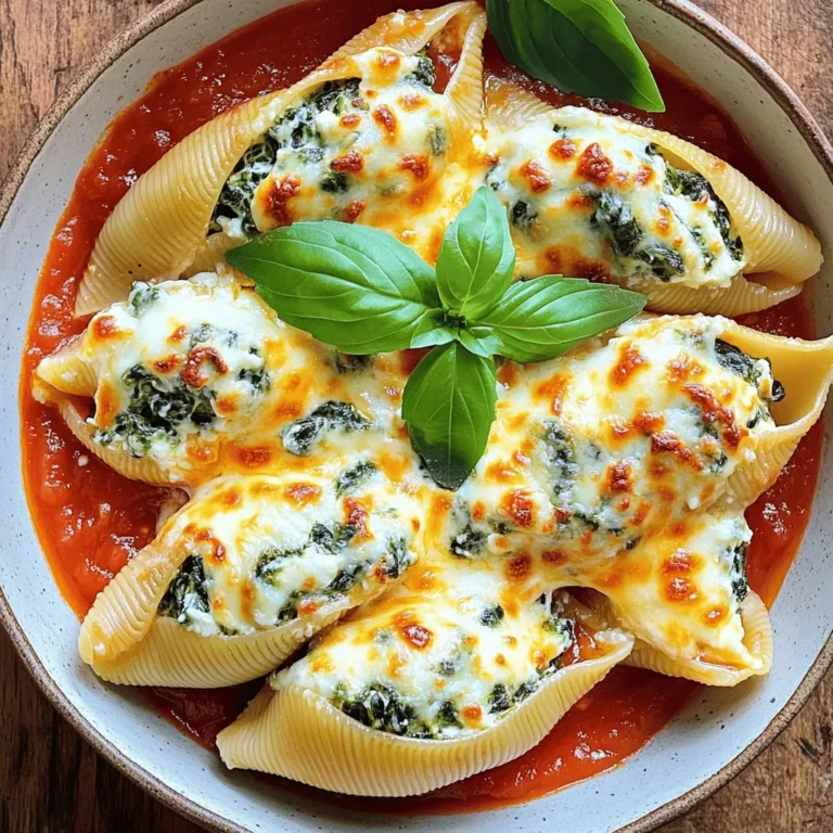 To make Spinach Ricotta Stuffed Shells, gather these key ingredients: - 12 jumbo pasta shells - 2 cups fresh spinach, chopped - 1 cup ricotta cheese - 1 cup mozzarella cheese, shredded - 1/2 cup grated Parmesan cheese - 1 egg, beaten - 1 teaspoon garlic powder - 1 teaspoon onion powder - 1/2 teaspoon nutmeg - Salt and pepper to taste - 2 cups marinara sauce - Fresh basil for garnish These ingredients create a tasty and creamy filling that pairs well with the pasta shells. You can add a few optional ingredients to boost the flavor: - Crushed red pepper flakes for spice - Fresh herbs like parsley or oregano - A splash of lemon juice for brightness These extras can take your dish to the next level. Each serving of Spinach Ricotta Stuffed Shells has about: - Calories: 400 - Protein: 18g - Carbohydrates: 45g - Fat: 18g - Fiber: 3g - Calcium: 25% of the daily value This meal is a good source of protein and calcium, making it both filling and nutritious. First, set your oven to 375°F (190°C). This step warms the oven so the shells bake evenly. It’s key for a perfect dish! Next, grab a large pot. Fill it with water and add salt. Bring the water to a boil. Cook the jumbo shells until they are just tender, about 8-10 minutes. Check the package for exact times. Drain the shells in a colander and let them cool. In a big bowl, mix the chopped spinach and ricotta cheese. Add half of the mozzarella and all the Parmesan cheese. Toss in the beaten egg, garlic powder, onion powder, nutmeg, salt, and pepper. Stir until it's all well mixed. This filling is creamy, tasty, and full of flavor. Now, take each cooled shell and fill it with the spinach mixture. Use a spoon to pack the filling in well. Make sure every shell is full. This will give you a hearty bite in every forkful. Grab a 9x13 inch baking dish. Pour a little marinara sauce on the bottom. Now, place the stuffed shells seam-side up in the dish. Cover them with the rest of the marinara sauce. Finally, sprinkle the remaining mozzarella on top. It will melt and create a cheesy crust. Cover your dish with foil and place it in the oven. Bake for 25 minutes. After that, remove the foil and bake for another 10-15 minutes. The cheese should be bubbly and golden. Once done, take the dish out and let it sit for a few minutes before serving. This helps the flavors settle. When cooking pasta shells, start with a large pot. Fill it with water and add salt. Bring the water to a boil. This step adds flavor to the pasta. Cook the shells until they are al dente. This means they should still have a slight bite. Overcooking can make them too soft, which leads to tearing. After draining, let the shells cool for a bit. This makes them easier to handle when you stuff them. If you want to switch up the flavors, you can use different cheeses. Try cottage cheese instead of ricotta for a lighter option. You can also add feta for a tangy twist. For the greens, kale makes a great substitute for spinach. It adds a different texture and flavor. If you don’t have nutmeg, a dash of cinnamon works too. It gives a warm, cozy taste. To get the filling just right, mix your ingredients well. Use a fork to mash the ricotta. This helps break it down. Add the spinach carefully, and ensure it’s chopped finely. A smooth filling works better for stuffing. Make sure the egg is fully blended in. It holds the filling together. Season well with salt and pepper. This step enhances the overall taste. {{image_2}} You can easily add protein to your stuffed shells. Cooked chicken or sausage both work well. For chicken, use shredded rotisserie chicken for ease. Mix the chicken into your spinach and ricotta filling. If you choose sausage, cook it first, then crumble it into the mix. This adds a hearty touch and makes each bite more filling. If you want a dairy-free option, try using tofu instead of ricotta. Blend firm tofu with a splash of lemon juice and seasonings. This gives a cheesy texture without the dairy. You can also use cashew cheese for a nutty flavor. Experimenting with different types of cheese can make the dish unique and satisfying. The sauce you choose can change the whole dish. While marinara is classic, pesto offers a fresh taste. Use store-bought or homemade pesto to mix things up. For a creamy texture, try an Alfredo sauce. Simply pour your sauce over the shells before baking. Each sauce adds its own flavor and makes the meal special. After you enjoy your Spinach Ricotta Stuffed Shells, you might have leftovers. Store them in an airtight container in the fridge. They stay fresh for up to three days. I like to cover the shells with a bit of extra marinara sauce. This keeps them moist and adds flavor. If you want to save some for later, freezing is a great choice. Place the stuffed shells in a single layer on a baking sheet. Freeze them for a few hours until firm. Then, transfer the shells to a freezer-safe container or bag. They can stay in the freezer for up to three months. When you’re ready to eat, just thaw them in the fridge overnight before reheating. Reheating is simple and quick. You can use the oven or microwave. For the oven, preheat it to 350°F (175°C). Place the shells in a baking dish. Add a splash of marinara sauce on top. Cover with foil and heat for about 20 minutes. If you use the microwave, heat for 2-3 minutes on high. Check to ensure they're hot throughout. Enjoy your delicious shells again! Yes, you can use regular pasta. However, you will need to adjust the cooking time. Jumbo shells hold the filling well. If using smaller pasta, select shapes like penne or farfalle. They won’t hold as much filling, but they work in a pinch. To prevent leaking, ensure the shells are cooked al dente. Overcooked shells can break easily. When stuffing, fill each shell generously but do not overfill. Press the filling gently to keep it secure. Also, a good layer of marinara sauce on the bottom helps hold everything together. These stuffed shells pair well with a simple green salad. A salad with arugula and cherry tomatoes adds freshness. Garlic bread or a side of roasted vegetables also complements the dish. For drinks, a light white wine or sparkling water works nicely. Yes, you can prepare the dish ahead of time. Assemble the shells and cover them tightly. Store in the fridge for up to one day before baking. When ready, just pop them in the oven. You may need to increase baking time if they are cold from the fridge. In this blog post, we explored how to make delicious Spinach Ricotta Stuffed Shells. You learned about the key ingredients, step-by-step instructions, and helpful tips. We discussed fun variations and how to store leftovers. For a tasty meal, follow these easy steps. Don't hesitate to customize the dish to fit your taste. Enjoy your cooking journey and the tasty results!
