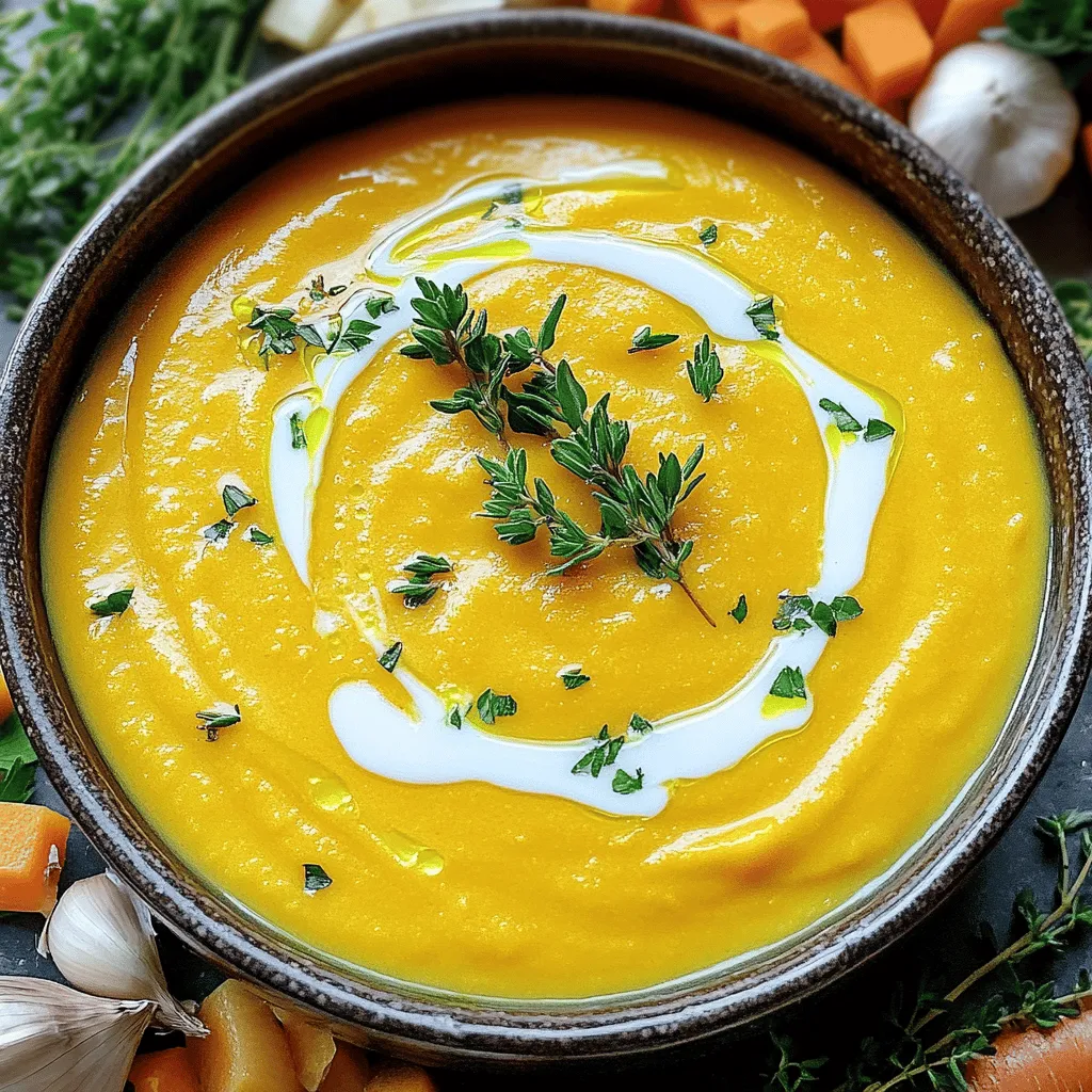 To make creamy butternut squash soup, you will need the following: - 1 medium butternut squash, peeled and cubed - 1 onion, chopped - 2 garlic cloves, minced - 1 carrot, chopped - 1 potato, peeled and diced - 4 cups vegetable broth - 1 cup coconut milk - 1 teaspoon ground nutmeg - 1 teaspoon ground cinnamon - Salt and pepper to taste - 2 tablespoons olive oil - Fresh herbs (like thyme or parsley) for garnish When picking butternut squash, look for ones that feel heavy and firm. The skin should be a solid tan color with no soft spots. If you can’t find butternut squash, you can use pumpkin or sweet potatoes as a tasty substitute. For the vegetable broth, you can use homemade broth or store-bought. If you want to make it richer, try using chicken broth instead. If you don't have coconut milk, you can use heavy cream or almond milk for a different flavor. To make creamy butternut squash soup, start by gathering your ingredients. You need a medium butternut squash, one onion, garlic, a carrot, a potato, vegetable broth, coconut milk, and spices. 1. First, heat olive oil in a large pot over medium heat. 2. Add the chopped onion and sauté it for about five minutes. You want it to be soft and translucent. This step builds flavor. 3. Next, stir in minced garlic, chopped carrot, and diced potato. Cook this mixture for another three minutes. The veggies should become a bit tender. 4. Now, add the cubed butternut squash and pour in the vegetable broth. Bring the pot to a boil. 5. Once boiling, reduce the heat. Let it simmer for about 20 minutes. You want all the veggies to be tender. After simmering, it's time to blend your soup. You can use an immersion blender or a regular blender. - Using an immersion blender: Stick it right in the pot and blend until smooth. This is quick and easy. - Using a regular blender: Carefully transfer some of the soup into the blender. Blend in batches if needed. Be careful, as hot soup can splatter. For a smooth texture, blend well until there are no lumps. Once the soup is blended, it’s time to add flavor. Stir in coconut milk, ground nutmeg, ground cinnamon, salt, and pepper. 1. Simmer the soup for an additional five minutes. This helps the flavors mix and deepen. 2. Taste the soup and adjust the seasoning. Feel free to add more salt or pepper if you like. 3. Let the soup rest for a few minutes. This resting time allows the flavors to develop even more. Serve the soup hot, and don’t forget to garnish with fresh herbs for a nice touch! To elevate your creamy butternut squash soup, use spices like: - Ground nutmeg - Ground cinnamon - Cumin - Ginger These spices add warmth and depth. You can also try fresh herbs like thyme or parsley. They brighten the soup and add a nice touch. Pair this soup with crusty bread or a fresh salad for a full meal. Achieving a creamy, smooth consistency is key. Here are some tips: - Blend the soup well with an immersion blender or a regular blender. - If you want it thicker, add more potato or even some cooked white beans. Both options will give your soup a nice body. For a lighter texture, use less coconut milk. Get creative when serving your soup! Consider these ideas: - Garnish with a drizzle of coconut milk or olive oil for a beautiful finish. - Add some roasted pumpkin seeds for a crunchy topping. Serve the soup in a nice bowl with warm bread on the side. This adds warmth and comfort. Impress your guests with a simple herb sprig on top. It looks great and tastes fresh! {{image_2}} If you want a creamy soup without dairy, coconut milk is your friend. It adds richness and a hint of sweetness. If you're looking for other plant-based options, try almond or cashew milk. Both can give a nice creaminess. You can also add cashew cream for extra flavor. Blending soaked cashews with water creates a rich, smooth mix. This will enhance the taste and creaminess of your soup. To switch things up, add other vegetables like sweet potatoes or carrots. They bring new tastes and textures. Sweet potatoes add a natural sweetness, while carrots add earthiness. You can also play with spices. A touch of curry powder or smoked paprika can add warmth and depth. Try adding a pinch of red pepper flakes for a little heat. The choices are endless and fun to explore! You can give your soup a local flair by adding ingredients from your area. For instance, in the fall, use seasonal squash or herbs. In the summer, add fresh corn or tomatoes for a bright twist. You can also incorporate spices from different cultures. A hint of ginger can bring an Asian touch, while cumin can add a Middle Eastern flavor. Each variation can turn your soup into a new dish. Enjoy experimenting! To keep your creamy butternut squash soup fresh, use airtight containers. Allow the soup to cool before sealing. Store it in the fridge for up to five days. If you want to keep it longer, freezing is a great option. Pour the soup into freezer bags or containers. Leave some space at the top for expansion. This way, it stays tasty even for three months. When it's time to enjoy the soup again, you can use different methods to reheat it. The best way is to heat it on the stove over low heat. Stir often to avoid sticking. If you prefer using the microwave, transfer it to a microwave-safe bowl. Heat in short bursts, stirring in between. To keep the soup creamy, add a splash of coconut milk while reheating. This helps restore its rich texture. In the fridge, your soup lasts about five days. If you freeze it, it can last up to three months. Always check for signs of spoilage before eating. If you see any mold or the soup smells off, it’s best to throw it away. Also, if the soup separates or looks different, it may not be good anymore. Always trust your senses to keep your meals safe! Can I make this ahead of time? Yes, you can make this soup ahead of time. Just store it in the fridge for up to three days. When ready, reheat it on the stove or in the microwave. Is this soup vegan? Yes, this creamy butternut squash soup is vegan. It uses coconut milk, which is plant-based and adds a rich flavor. What if my soup is too thick? If your soup is too thick, simply add more vegetable broth or water. Stir it well and heat it until warm. What if the flavor is lacking? If the flavor is bland, add more salt, pepper, or spices. A splash of lemon juice can brighten the taste too. How do I scale the recipe up or down? To adjust the recipe, simply double or halve the ingredients. Keep the same ratios for the best flavor. How do I adjust cooking time for larger or smaller batches? For larger batches, you may need a few extra minutes of simmering. For smaller batches, check the vegetables sooner to avoid overcooking. In this article, we explored making creamy butternut squash soup. We covered ingredients, preparation, blending, and seasoning. You learned how to enhance flavor and perfect texture. Different variations, storage tips, and common questions helped ensure success. In conclusion, this soup is easy to make and highly customizable. Enjoy cooking it for yourself or loved ones.