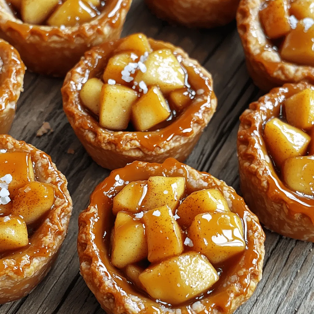 To make these tasty salted caramel apple mini pies, you need the following ingredients: - 2 cups all-purpose flour - 1 teaspoon salt - 1 tablespoon sugar - 1 cup unsalted butter, chilled and cubed - 6-8 tablespoons ice water - 3 medium apples (like Granny Smith or Honeycrisp), peeled, cored, and diced - 1/2 cup brown sugar - 1 teaspoon ground cinnamon - 1/4 teaspoon nutmeg - 1 tablespoon lemon juice - 1/2 cup salted caramel sauce (homemade or store-bought) - Sea salt crystals for garnish These ingredients create a perfect blend of sweet and salty. You can enhance the taste of your mini pies with these optional ingredients: - Chopped nuts (like pecans or walnuts) for crunch - A splash of vanilla extract for added depth - Dried cranberries or raisins for a fruity twist Adding these ingredients can elevate the flavor profile. If you don't have some ingredients, here are some easy swaps: - Use whole wheat flour instead of all-purpose flour for a nutty taste. - Swap brown sugar with maple syrup or honey for a different sweetness. - Replace unsalted butter with coconut oil for a dairy-free option. These substitutions can help you adapt the recipe to your needs. To make the pie crust, start with a mixing bowl. Add 2 cups of all-purpose flour, 1 teaspoon of salt, and 1 tablespoon of sugar. Mix these dry ingredients well. Next, add 1 cup of chilled, cubed unsalted butter to the bowl. Use a pastry cutter or your fingers to mix until the blend looks like coarse crumbs. Now, it's time to add water. Pour in 6 to 8 tablespoons of ice water, one tablespoon at a time. Mix until the dough barely comes together. Then, divide the dough into two disks. Wrap each disk in plastic wrap and place them in the fridge for at least 30 minutes. This chilling helps the crust stay flaky. While the dough chills, prepare the apple filling. In a large bowl, combine 3 medium apples, peeled, cored, and diced. You can use Granny Smith or Honeycrisp apples for the best flavor. Add 1/2 cup of brown sugar, 1 teaspoon of ground cinnamon, 1/4 teaspoon of nutmeg, and 1 tablespoon of lemon juice. Stir the mixture until the apples are well coated. Let it sit for a few minutes. This helps the flavors mix and makes the filling even tastier. Preheat your oven to 375°F (190°C). Now, roll out one disk of dough on a floured surface to about 1/8 inch thick. Use a round cutter, about 4 inches in diameter, to cut out circles of dough. Repeat this step with the second disk. Take half of the dough circles and place them in a greased muffin tin. Spoon the apple mixture into each circle. Then, drizzle a bit of salted caramel sauce over the apples. Top each mini pie with another dough circle. Press the edges to seal them well. Don't forget to cut small slits in the top crust, so steam can escape. Bake the mini pies in the preheated oven for 20 to 25 minutes. Look for a golden brown crust and bubbling filling. Once done, allow the mini pies to cool for a few minutes in the tin. Drizzle more salted caramel sauce on top and sprinkle sea salt crystals before you serve. Enjoy your delightful mini pies! To make a flaky pie crust, start with cold butter. Cut it into small cubes and chill it. Mix the flour, salt, and sugar well. When you add the butter, use a pastry cutter or your fingers. You want small pieces of butter in the mix. This creates layers when you bake. Also, don't overwork the dough. Just mix until it holds together. Chill the dough before rolling it out. This helps keep the crust flaky. For the best flavor, pick tart apples. Granny Smith and Honeycrisp work great. They hold their shape when baked. Tart apples balance the sweetness of the caramel. If you like a sweeter pie, mix in some Fuji or Gala apples. Always peel and core your apples before dicing them. This step makes the filling smooth and easy to eat. You can make your own salted caramel or buy it. If you make it, heat sugar until it melts and turns golden. Then add butter and cream. Stir until smooth. Add a pinch of sea salt to taste. For a quick option, store-bought works too. Just heat it slightly before using. This makes it easy to drizzle. Top your mini pies with the caramel once they cool a bit. This keeps the drizzle from melting away. {{image_2}} You can switch up the apples for other fruits. Pears add a sweet, soft touch. Cherries bring a tart flavor that pairs well with caramel. Peaches offer a juicy bite, perfect for summer. Just make sure to adjust the sugar based on the fruit's sweetness. If you want a lighter pie, try using whole wheat flour. This gives the crust more fiber. You can swap the brown sugar for coconut sugar. It adds a nice flavor and cuts refined sugars. For the filling, reduce the caramel sauce or use a sugar-free option. This way, you can enjoy your mini pies guilt-free. Mix and match flavors for fun twists. Add a bit of almond extract to the apple filling for a nutty taste. Try mixing apples with cranberries for a tart contrast. For a spicier kick, add ginger or cardamom to the filling. These small changes make each mini pie unique and exciting. To keep your salted caramel apple mini pies fresh, store them in a sealed container. Place them in the fridge. They stay good for about three days. If you want to enjoy them later, follow the freezing tips below. You can freeze these mini pies for up to three months. First, let them cool completely. Then, wrap each pie in plastic wrap. Place the wrapped pies in a freezer-safe bag or container. Label the bag with the date. This way, you’ll know when you made them. To reheat, take the mini pies out of the fridge or freezer. For fridge-stored pies, place them in a 350°F (175°C) oven for about 10 minutes. If they are frozen, let them thaw in the fridge overnight first. Then, reheat as above. Enjoy the warm, gooey filling and flaky crust! Yes, you can use store-bought caramel sauce. It saves time and still tastes great. Look for a brand that has a rich flavor and a smooth texture. If you want to boost the taste, warm the sauce slightly before using it. This makes it pour easily over the apple filling. To prevent soggy crusts, make sure your dough is cold. After mixing, chill it for at least 30 minutes. When you roll out the dough, keep your work surface floured. You can also blind bake the crusts for a few minutes before adding the filling. This helps create a barrier, keeping moisture out. Serve the mini pies warm for the best taste. Drizzle more salted caramel sauce on top. A sprinkle of sea salt adds a nice touch. You can also pair them with a scoop of vanilla ice cream. This perfect combo makes for a delightful dessert experience. You’ve learned about the key ingredients and steps to make mini pies. We covered filling options, pie crust tips, and storage best practices. Remember, fresh apples and a flaky crust can make a big difference. Don’t forget to try different fruit flavors and healthy swaps. These mini pies are easy to enjoy today or save for later. With these tips, you can create delightful treats that impress everyone. Happy baking, and may your mini pies turn out perfectly every time!