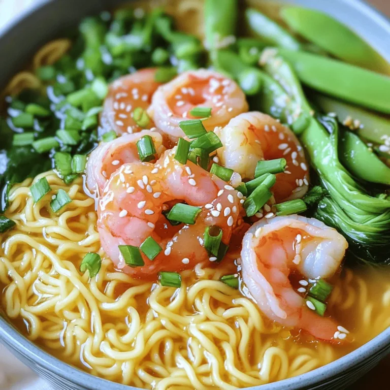 - 200g ramen noodles - 250g raw shrimp, peeled and deveined - 2 tablespoons honey - 3 cloves garlic, minced Ramen noodles are the heart of this dish. They cook fast and soak up flavor well. The raw shrimp adds protein and a lovely texture. Honey gives a sweet touch, while garlic brings depth. - 2 tablespoons soy sauce - 1 tablespoon sesame oil - 1 teaspoon ginger, grated - 2 green onions, sliced - 1 tablespoon sesame seeds (optional) - 4 cups vegetable broth - Fresh vegetables (such as bok choy, carrots, or snap peas) for garnish Soy sauce and sesame oil add umami and richness. Fresh ginger gives a spicy kick. The green onions and sesame seeds are perfect for garnish, adding color and crunch. Use fresh veggies to brighten the bowl and boost the nutrition. To start, cook the ramen noodles. Follow the package instructions for the best result. This usually takes about 3 to 4 minutes. Once they are soft, drain the noodles in a colander. Set them aside for later. Next, grab a small bowl. In this bowl, whisk together two tablespoons of honey, three minced garlic cloves, two tablespoons of soy sauce, one tablespoon of sesame oil, and one teaspoon of grated ginger. This mix will create a delicious sauce. Set it aside for later use. Now, let’s cook the shrimp. Heat a little oil in a large skillet over medium heat. Once hot, add the peeled and deveined shrimp. Cook them for about two minutes on each side. They are done when they turn pink and opaque. This step is quick, so keep an eye on them! Once the shrimp are cooked, pour the honey garlic sauce over them in the skillet. Stir well to coat each shrimp evenly. Let the sauce cook for about one to two minutes. This helps the flavors blend and thicken slightly. For the final steps, prepare the vegetable broth. In a separate pot, bring four cups of vegetable broth to a gentle simmer. Add the cooked ramen noodles and your choice of fresh vegetables, like bok choy or carrots. Heat this mixture for about two to three minutes. Now, divide the ramen and broth into bowls. Top each bowl with the honey garlic shrimp. For a nice touch, garnish with sliced green onions and a sprinkle of sesame seeds if you like. Enjoy! To make sure your shrimp are cooked just right, check their color. When they turn pink and opaque, they are done. Overcooking shrimp can make them tough. Cook them for about two minutes on each side. This timing helps keep them juicy and tender. You can add extra aromatics for more flavor. Try adding crushed red pepper for heat or fresh herbs like cilantro. Balancing sweetness and saltiness is key. If you find it too sweet, add a bit more soy sauce. This will create a nice harmony in your dish. Plating can make your meal look stunning. Use a deep bowl to show off the noodles and shrimp. Arrange the shrimp neatly on top. For garnishing, sprinkle sliced green onions and sesame seeds. You can also add fresh veggies like bok choy or snap peas for color and crunch. This adds a fun twist to your dish! {{image_2}} You can switch the shrimp for chicken or tofu. For chicken, cut it into small pieces. Cook it for about 5-7 minutes until it's no longer pink. If you choose tofu, press it to remove water, then cube it. Cook the tofu until golden, about 4-5 minutes. Adjust the cooking time based on your protein choice. For a different flavor, try chicken or beef broth. These options add a rich taste. If you want a lighter dish, use low-sodium broth. It allows you to control the saltiness while keeping the broth tasty. Add seasonal veggies to boost nutrition and flavor. Bok choy, carrots, and snap peas work well. You can mix these for a colorful bowl. Fresh greens not only taste great but also add vitamins. Combine veggies to keep the dish vibrant and healthy. To keep your Minute Honey Garlic Shrimp Ramen fresh, store it right. Place leftovers in an airtight container. This helps avoid drying out. Refrigerate the container within two hours of cooking. The dish stays good in the fridge for up to three days. If you want to freeze it, follow these tips: - Let the ramen cool completely before freezing. - Use freezer-safe bags or containers for best results. - Label the bag with the date to track freshness. Frozen ramen can last for about three months. When you're ready to enjoy leftovers, reheat them safely. You can use a microwave or a stovetop. If using the microwave, place the ramen in a bowl. Add a splash of water to keep it moist. Heat in 30-second intervals until warm. For the stovetop, pour the ramen into a pan. Add a little broth or water to help it heat evenly. Stir often to maintain texture and flavor. This method helps keep the shrimp and veggies tender. Enjoy your tasty ramen just like the first time! This dish is quick to make. It takes about 10 minutes to prep and 10 minutes to cook. So, in just 20 minutes, you can have a tasty meal ready! Yes, you can use frozen shrimp. Just remember to thaw them first. Place the shrimp in a bowl of cold water. This will take about 15-20 minutes. Pat them dry before cooking. If you want a change, try other noodles. You can use soba noodles, udon noodles, or even rice noodles. Each type gives a different taste and texture. To add heat, you can mix in red pepper flakes or sriracha. Start with a small amount and taste it. You can always add more if you like it hot! You can easily make this dish vegetarian. Swap the shrimp for tofu or tempeh. Use vegetable broth to keep the flavors bold. Add extra veggies like bell peppers or mushrooms for more texture. This blog post detailed how to create a tasty Minute Honey Garlic Shrimp Ramen. You learned about the main and additional ingredients, from ramen noodles to fresh veggies and sauces. I shared step-by-step instructions for cooking and assembling your dish, plus tips for perfect shrimp and flavor enhancement. You can also modify this recipe with different proteins and vegetables. Remember to store leftovers properly for the best taste later. Enjoy trying this recipe and make it your own with fun variations!