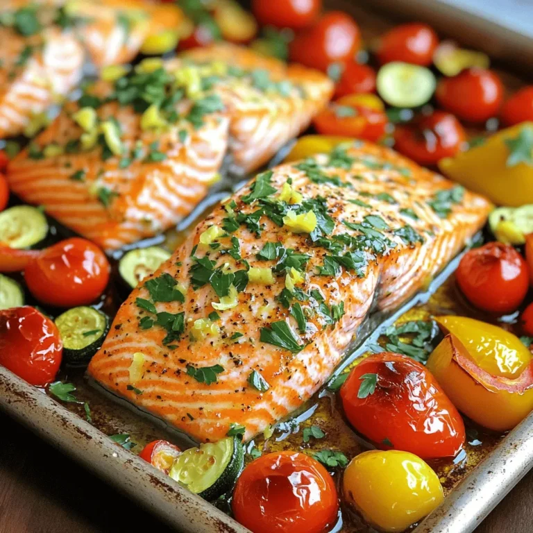 - 4 salmon fillets (about 6 oz each) - 2 tablespoons olive oil - 2 tablespoons fresh lemon juice - Zest of 1 lemon - 3 cloves garlic, minced - 1 teaspoon dried oregano - 1 teaspoon dried thyme - Salt and pepper to taste - 1 cup cherry tomatoes, halved - 1 cup zucchini, sliced - 1 cup bell peppers, sliced (assorted colors) - Fresh parsley, chopped, for garnish When it comes to measurements, precision matters for a great dish. Each salmon fillet should weigh around 6 ounces for even cooking. If you need a lighter meal, you can use 4-ounce fillets. Olive oil adds richness, but you can swap it for avocado oil if preferred. Fresh lemon juice brightens the dish. If you don’t have fresh, bottled juice works too, but use less. The zest of one lemon enhances the flavor. You can skip it, but I don’t recommend it. Garlic is key for depth. If you prefer, garlic powder works as a substitute. Dried oregano and thyme add aroma. Fresh herbs give better flavor but use double the amount if you have them. Lastly, use any colorful bell peppers you have, as each adds its own flair. Fresh herbs offer vibrant flavor and aroma. They brighten the dish and are great for garnishing. However, dried herbs are convenient and still tasty. Use dried if you are in a hurry. The general rule is to use one-third the amount of dried herbs as fresh. For this recipe, if you use fresh oregano or thyme, double the amount for a burst of flavor. So, if you love fresh herbs, feel free to use them. Both options work well, so choose what you have on hand. First, gather all your ingredients. You will need: - 4 salmon fillets (about 6 oz each) - 2 tablespoons olive oil - 2 tablespoons fresh lemon juice - Zest of 1 lemon - 3 cloves garlic, minced - 1 teaspoon dried oregano - 1 teaspoon dried thyme - Salt and pepper to taste - 1 cup cherry tomatoes, halved - 1 cup zucchini, sliced - 1 cup bell peppers, sliced (assorted colors) - Fresh parsley, chopped, for garnish Wash the vegetables well. Cut the zucchini and bell peppers into slices. Halve the cherry tomatoes. Place them all in a mixing bowl. In a small bowl, mix the olive oil, lemon juice, lemon zest, minced garlic, oregano, thyme, salt, and pepper. This mixture becomes your tasty marinade. Put the salmon fillets in a large zip-top bag or shallow dish. Pour the marinade over the salmon. Make sure each fillet is well coated. Let it sit for at least 15-20 minutes. This time allows the flavors to soak in. Preheat your oven to 400°F (200°C). While the oven heats, prepare the veggies. Drizzle them with olive oil and season with salt and pepper. Toss well to coat. On a large sheet pan, arrange the marinated salmon fillets in the center. Surround them with the seasoned vegetables. Bake everything in the preheated oven for 15-20 minutes. The salmon should flake easily with a fork when done. The veggies should be tender and vibrant. Once cooked, take the sheet pan out of the oven. Let it rest for a few minutes. Garnish your dish with freshly chopped parsley before serving. Enjoy your simple and tasty meal! To get perfectly cooked salmon, keep a close eye on the time. Bake the salmon for 15-20 minutes. It should flake easily when done. If it looks dry, you may have overcooked it. Using a fork, check if it comes apart easily. If it does, it's ready! You can boost the flavor of your salmon in many ways. Add fresh herbs like dill or basil for a new twist. A splash of white wine in the marinade adds depth. Try a bit of honey for a sweet touch. You can also mix in some capers for a salty bite. Experimenting with flavors will make your dish even more exciting! For the best veggies, cut them into even pieces. This helps them cook evenly. Bake the vegetables alongside the salmon. They will get tender, but still have a nice crunch. If you like your veggies softer, add them to the pan first. Give them a head start for about 5 minutes before adding the salmon. This way, everything will be just right! {{image_2}} You can change the flavor of your salmon by using different marinades. Try a honey mustard mix for a sweet kick. Combine 2 tablespoons of honey, 1 tablespoon of mustard, and a splash of apple cider vinegar. Another option is a soy sauce marinade. Mix 2 tablespoons of soy sauce with 1 tablespoon of sesame oil and a pinch of ginger. Both options add unique tastes to your dish. Feel free to swap in different vegetables based on what you have. Broccoli and asparagus work well. You can also use carrots for a sweet crunch. Just make sure to cut them into similar sizes to help them cook evenly. For a twist, try adding sweet potatoes or even green beans. This will keep your meal fresh and exciting. If you want a low-carb meal, focus on non-starchy veggies. Skip the bell peppers and use spinach or cauliflower. These choices keep your plate light and tasty. To ensure your meal is gluten-free, check your soy sauce. You can use tamari as a gluten-free option. These simple swaps let you enjoy this recipe while meeting dietary needs. Once your sheet pan lemon herb salmon is cooked, let it cool. Place the salmon and veggies on a plate. Don't leave them out for more than two hours. To store, use an airtight container. This keeps the meal fresh for up to three days. Make sure to keep it in the fridge. Label the container with the date. This helps you remember when you made it. When you are ready to eat the leftovers, you can reheat them. The best way is to use an oven. Preheat your oven to 300°F (150°C). Place the salmon and veggies on a baking sheet. Cover them with foil to keep them moist. Heat for about 10-15 minutes. You can also use a microwave, but be careful. Heat in short bursts to avoid overcooking. Check the food often to ensure it stays tasty. If you want to save some for later, freezing is a great option. First, let the salmon and veggies cool completely. Then, wrap each piece tightly in plastic wrap. Place them in a freezer-safe bag or container. Be sure to squeeze out as much air as possible. This helps prevent freezer burn. You can freeze them for up to three months. When you're ready to eat, thaw overnight in the fridge before reheating. This keeps the meal flavorful and enjoyable. You can tell when salmon is done by checking its color and texture. When cooked, salmon turns from dark pink to a lighter shade. The fish should flake easily with a fork. If the center is still raw or too shiny, it needs more time. Use a food thermometer for accuracy; the ideal temperature is 145°F (63°C). Yes, you can use frozen salmon! Just remember to thaw it first. Place the frozen salmon in the fridge overnight to defrost. If you’re short on time, you can run it under cold water. Once thawed, follow the same marinating steps. Cooking time may need a few extra minutes. This dish pairs well with many sides. Here are some tasty ideas: - Quinoa or rice for a hearty base. - A fresh green salad with a light dressing. - Garlic bread for a comforting touch. - Roasted potatoes for extra carbs. - Steamed broccoli or asparagus for a colorful plate. These options add flavor and balance to your meal. Enjoy mixing and matching! In this post, we explored how to prepare a delicious lemon herb salmon dish. We covered key ingredients, how to marinate and cook salmon, and tips for perfect results. You can add different flavors and vegetables to suit your taste. Proper storage helps keep meals fresh for later. Remember, cooking salmon well is about timing and temperature. With these steps, you can create a meal that impresses everyone. Enjoy your cooking and savor the flavors!