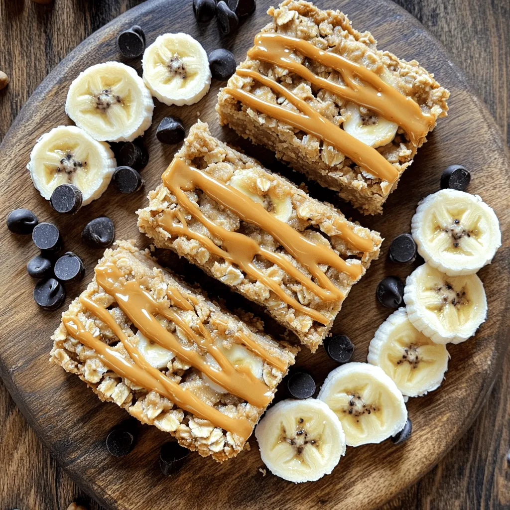 - 2 ripe bananas, mashed - 1 cup natural peanut butter - 1 cup rolled oats - 1/4 cup honey or maple syrup - 1/2 teaspoon vanilla extract - 1/2 teaspoon cinnamon - 1/4 teaspoon salt - 1/3 cup dark chocolate chips (optional) These ingredients come together to create a tasty and healthy snack. Bananas give natural sweetness and moisture. Peanut butter adds protein and richness. Rolled oats bring fiber, which helps you feel full. Honey or maple syrup adds extra sweetness and flavor. The vanilla and cinnamon enhance the taste with warm notes. The salt balances the sweetness. If you want a treat, dark chocolate chips are a great option. They melt into the bars and create a delicious texture. Each ingredient plays a key role in the flavor and texture of these oat bars. Together, they make a great snack for any time of the day. First, we need to preheat your oven. Set it to 350°F (175°C). This heat helps our bars cook evenly. While the oven warms up, grab an 8x8 inch (20x20 cm) baking pan. Line it with parchment paper. Make sure to leave some paper hanging over the sides. This will help you lift the bars out easily later. Now, let’s mix our ingredients. In a large bowl, mash the two ripe bananas. Then, add one cup of natural peanut butter to the bowl. Stir these together until they are smooth and creamy. Next, pour in 1/4 cup of honey or maple syrup. Add 1/2 teaspoon of vanilla extract, 1/2 teaspoon of cinnamon, and 1/4 teaspoon of salt. Mix everything well until combined. After that, fold in one cup of rolled oats. If you like chocolate, add 1/3 cup of dark chocolate chips now. Pour the mixture into the lined baking pan. Spread it out evenly with a spatula. Now, it’s time to bake! Place the pan in the preheated oven for 20-25 minutes. Keep an eye on it as it bakes. You want the edges to turn golden brown. To check for doneness, insert a toothpick in the center. If it comes out clean, your bars are ready. Let them cool in the pan for about 10 minutes. Then, use the parchment paper to lift them out. Allow them to cool completely on a wire rack before cutting them into squares. - Options for nut butters: You can use almond butter or sunflower seed butter. Both options are tasty and add a unique flavor. - Alternative sweeteners: Instead of honey, try agave syrup or coconut sugar. These will give a different taste while keeping it sweet. - How to evenly spread the mixture: Use a spatula or the back of a spoon. Start in the middle and push outwards. This helps create a flat surface for even baking. - Tips for achieving the perfect texture: Mix until just combined, so the oats stay whole. If you want softer bars, add a little extra banana or peanut butter. - Decorative drizzling methods: Melt a bit of chocolate and drizzle it on top. You can also drizzle more peanut butter for a rich look. - Serving suggestions: Slice the bars into squares and serve on a colorful plate. Add banana slices or nuts around them for a nice touch. {{image_2}} You can easily make these bars vegan. Instead of honey or maple syrup, use agave nectar. It adds sweetness and keeps the bars moist. You can also choose dairy-free chocolate chips. Look for brands that offer dark chocolate without milk. These swaps keep the flavors rich and satisfying. If you need gluten-free bars, use gluten-free oats. Most rolled oats are naturally gluten-free, but check the label. You can also add almond flour or coconut flour for a different texture. These options are great for those with gluten sensitivity. Want to mix things up? Add nuts like walnuts or almonds. They give a nice crunch. Dried fruits like cranberries or raisins add sweetness too. You can also sprinkle spices like nutmeg or ginger for a warm kick. These little changes make each batch unique and fun to create. To keep your Peanut Butter Banana Oat Bars fresh, use airtight containers. This helps keep moisture out and flavors in. You can also wrap them tightly in plastic wrap. This method is great for short-term storage. Store these bars at room temperature for up to three days. If you want them to last longer, move them to the fridge. They can stay fresh in the fridge for about a week. Freezing is a smart way to save your bars. To freeze them, cut the bars into squares first. Place each square in a single layer on a baking sheet. Freeze them for about an hour until they are firm. Then, transfer them to a freezer-safe bag or container. Make sure to remove as much air as possible. When you want to enjoy a bar, take it out and let it thaw at room temperature. For the best texture, eat it within a month of freezing. Peanut Butter Banana Oat Bars last about one week in the pantry. Store them in an airtight container to keep them fresh. If you place them in the refrigerator, they can last up to two weeks. The cold helps to preserve their texture and flavor. Yes, you can easily make these bars nut-free. Use sunflower seed butter or soy nut butter instead of peanut butter. Both options work well and still give a nice taste and texture. Be sure to check for allergies if you're serving them to others. These bars are perfect for meal prep! Make a batch on the weekend and store them for the week. Cut them into squares and keep them in an airtight container. They are easy to grab for a quick snack or breakfast on the go. These peanut butter banana oat bars are a tasty and healthy snack. You learned about the ingredients and their benefits, from bananas to oats. The step-by-step guide helps you bake perfect bars easily. Remember the tips and tricks for storage, variations, and fun kitchen techniques. These bars are simple to make, nutritious, and great for meal prep. Enjoy experimenting with flavors and sharing your tasty results!