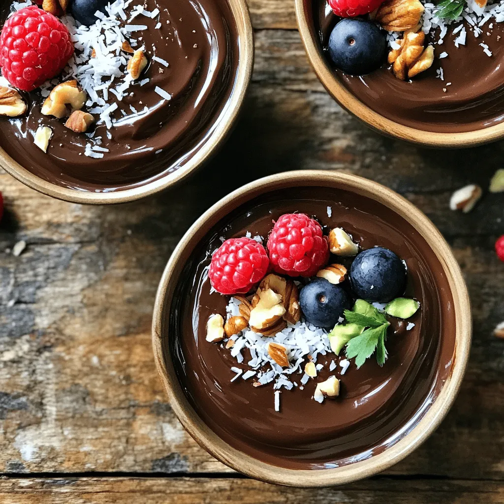 To make this rich dessert, you need just a few simple items: - 2 ripe avocados, peeled and pitted - 1/2 cup unsweetened cocoa powder - 1/3 cup maple syrup (or agave syrup for a vegan option) - 1/4 cup almond milk (or milk of choice) - 1 teaspoon vanilla extract - A pinch of sea salt These ingredients give the pudding its creamy texture and rich flavor. The ripe avocados provide a smooth base and healthy fats. Cocoa powder adds that delicious chocolate taste. Maple syrup sweetens it naturally, while almond milk makes it smooth and easy to mix. You can make your pudding even better with fun toppings! Here are some ideas: - Chopped nuts for a crunchy bite - Shredded coconut for a tropical twist - Fresh berries for a burst of freshness These toppings add color, texture, and extra flavor to your dessert. They also let you customize each serving based on your taste. If you have dietary needs, don't worry. You can swap ingredients easily: - Use agave syrup instead of maple syrup for a vegan option. - Substitute almond milk with any milk you prefer, like coconut or oat milk. - If you are nut-free, opt for sunflower seed milk instead of almond milk. These changes make the pudding suitable for many diets. Enjoy your creamy treat without worry! Start by selecting two ripe avocados. Their skin should be dark and slightly soft to the touch. Cut the avocados in half, remove the pit, and scoop the flesh into a bowl. Use a spoon for this. The flesh should be smooth and creamy. This will give your pudding a rich texture. Now, take your food processor. Add the avocado flesh, 1/2 cup of unsweetened cocoa powder, 1/3 cup of maple syrup, and 1/4 cup of almond milk. Pour in 1 teaspoon of vanilla extract and a pinch of sea salt. Blend everything on high speed. Make sure to stop and scrape down the sides. Blend until the mixture is completely smooth. Taste it! If you want it sweeter, add more maple syrup. Blend again to mix. Transfer the pudding into individual bowls or a larger dish. Cover it with plastic wrap or a lid. Refrigerate for at least 30 minutes. This helps it chill and firm up. When ready to serve, consider adding toppings. Chopped nuts, shredded coconut, or fresh berries add texture and flavor. Enjoy your creamy avocado chocolate pudding! To make your pudding creamy, use ripe avocados. Soft avocados blend easily. When blending, mix until smooth. Scrape the sides of the bowl to catch lumps. If your pudding is too thick, add more almond milk. Blend again to reach the right creaminess. Taste your pudding after blending. If it needs more sweetness, add maple syrup. Start with a little, then mix again. This way, you control the flavor. Each avocado can vary in taste. Adjust to fit your preference. Serve the pudding chilled for the best taste. Put it in small bowls or one big dish. You can add toppings for fun. Try chopped nuts for crunch, shredded coconut for chewiness, or fresh berries for a burst of flavor. Enjoy your creamy treat! {{image_2}} You can easily make this pudding vegan and dairy-free. Use maple syrup instead of honey. Almond milk works great, but feel free to use any plant-based milk. Coconut milk adds a creamy texture while keeping it dairy-free. This ensures everyone can enjoy this delicious treat. Want to switch up the taste? Try adding mint or coffee. Just add a few fresh mint leaves while blending. For coffee lovers, mix in a teaspoon of instant coffee or espresso powder. Both options give a fun twist to the chocolate flavor. You can also add a bit of cinnamon for warmth. If nuts are a no-go, you can swap almond milk for oat or soy milk. For sweeteners, brown rice syrup or agave syrup works well. You can skip toppings like nuts and use seeds instead. Chia or sunflower seeds add crunch without any nut worries. Always check labels to avoid allergens. To keep your avocado chocolate pudding fresh, store it in an airtight container. This helps prevent it from absorbing other smells in your fridge. Make sure to cover the surface with plastic wrap if you don’t have a lid. This keeps it from turning brown. It’s best to eat the pudding within three days for the best taste and texture. You can freeze avocado chocolate pudding for longer storage. Use an airtight container or freezer bag to avoid freezer burn. Divide the pudding into single servings for easy thawing. When you’re ready to enjoy it, thaw it in the fridge overnight. Blend it again for a smooth texture before serving. This pudding stays fresh for about three days in the fridge. After that, it may lose its creamy goodness. Always check for any off smells or changes in color. If it looks good and smells fine, it’s likely still okay to eat. To keep it fresh, store it properly and consume it quickly. Yes, avocado chocolate pudding is healthy. It uses ripe avocados, which are full of good fats. These fats help your heart and keep you full. Cocoa powder is rich in antioxidants. It can boost your mood and protect your body. Maple syrup adds sweetness without refined sugar. This pudding gives you nutrients and a tasty treat. Yes, you can use different sweeteners. Maple syrup is great, but agave syrup works too. You might try honey or coconut sugar. Each sweetener gives a unique taste. Just remember to adjust the amount. Taste as you mix and find your perfect sweetness. The pudding lasts about three days in the fridge. Store it in a covered container. This keeps it fresh and creamy. If it changes color, just mix it again. You can enjoy it cold or let it sit at room temperature before eating. Avocado chocolate pudding is tasty and simple. We covered the main ingredients, like ripe avocados and cocoa powder, and explored fun toppings. You can try different sweeteners and variations too. Tips helped you make the perfect texture and know how to store it. In the end, this dessert is not just healthy but also delicious. Enjoy crafting your own version and sharing it with others!