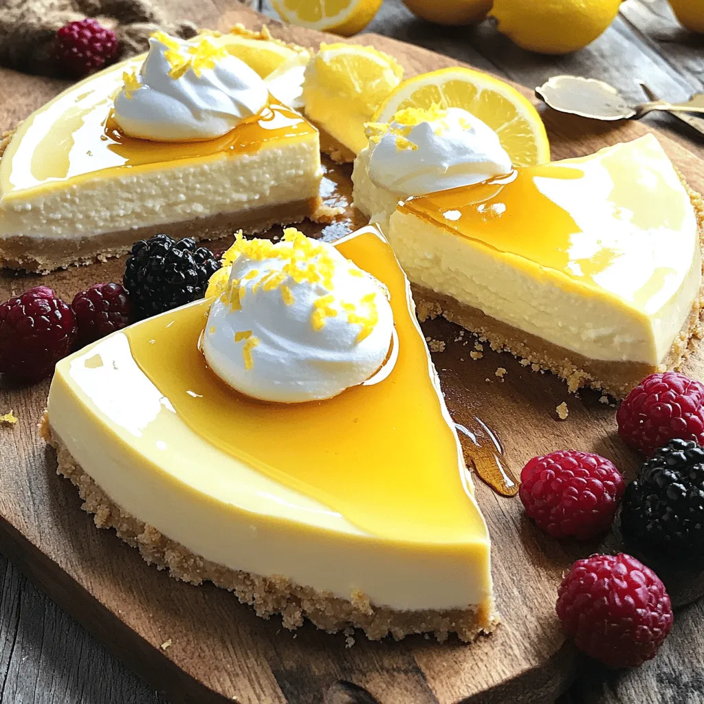 - 2 cups plain Greek yogurt - 1 cup cream cheese, softened - 1/2 cup honey or maple syrup - 1/2 cup lemon juice (freshly squeezed) - Zest of 2 lemons - 1 teaspoon vanilla extract - 3 eggs - 1 cup almond flour - 1/4 cup melted coconut oil - 2 tablespoons honey or maple syrup (for crust) - A pinch of salt - Fresh berries - Additional lemon zest - Additional Greek yogurt for serving I love using Greek yogurt in desserts. It adds protein and a creamy texture. The lemon juice makes this cheesecake bright and fresh. You can use honey or maple syrup for sweetness. Both options taste great! For the crust, I prefer almond flour. It gives a nice nutty flavor. The coconut oil keeps it moist and adds richness. A pinch of salt balances the sweetness of the crust. When serving, fresh berries make a lovely topping. They add color and extra flavor. You can also sprinkle more lemon zest for a zestier bite. A dollop of Greek yogurt on top makes it extra special. It’s fun to mix and match toppings! This cheesecake is a delight for any occasion. It’s easy to make and sure to impress! - Combine almond flour, melted coconut oil, honey (or maple syrup), and a pinch of salt. - Mix until the dough is crumbly yet holds together. - Preheat the oven to 350°F (175°C). - Press the crust mixture into a 9-inch springform pan. - Bake for 10 minutes until lightly golden. - In a large bowl, blend Greek yogurt, cream cheese, honey (or maple syrup), lemon juice, lemon zest, vanilla extract, and eggs until smooth. - Pour the filling over the cooled crust and smooth the top with a spatula. - Bake in the preheated oven for 30-35 minutes. - Check that the edges are set and the center is slightly jiggly. - Allow the cheesecake to cool to room temperature. - Refrigerate for at least 4 hours or overnight. - Remove from the springform pan and slice into wedges. To get a smooth filling, make sure the cream cheese is softened. Cold cream cheese can create lumps. Mix the filling just enough so it is smooth. Avoid overmixing after adding eggs. Too much mixing can create air bubbles, which change the texture. Use fresh lemon juice for a bright, bold flavor. Fresh juice gives the cheesecake a lively taste. You can also add natural extracts, like almond or vanilla, to deepen the flavor. These small additions can change your cheesecake from good to great! Serve each slice with a dollop of Greek yogurt on top. Add a drizzle of honey for sweetness. Garnish with fresh berries for color and brightness. A sprinkle of lemon zest also adds a nice touch. These simple details make your cheesecake look stunning! {{image_2}} You can switch up the flavors easily. To make a berry cheesecake, replace lemon juice and zest with berry puree. Strawberries, raspberries, or blueberries work well. This change brings a sweet and tart taste to your dessert. You can also try other citrus fruits. Orange, lime, or grapefruit can give new flavor profiles. Each option will create a fresh twist on the classic lemon cheesecake. If you want to cut calories, there are great sweetener options. Use agave nectar or stevia instead of honey. These choices will keep your cheesecake sweet without extra calories. You can also try different types of honey or syrup. Maple syrup adds a rich flavor. Just remember to adjust the amount based on sweetness. Making this cheesecake gluten-free is easy. Substitute almond flour with other nut flours, like hazelnut or pecan. You can also use gluten-free flour blends. Just be sure all ingredients are labeled gluten-free. This way, everyone can enjoy a slice without worry. Store your cheesecake in an airtight container for up to 5 days. This keeps it fresh and tasty. If you have leftover slices, tightly wrap them for even longer freshness. You can freeze your cheesecake for up to 2 months. Just wrap it tightly in plastic wrap. When you're ready to enjoy it, thaw it in the refrigerator before serving. This keeps the texture nice. To spice up chilled slices, try new toppings. A drizzle of caramel or chocolate can add a fun twist. You might also want to make mini-slices for better portion control. These bite-sized treats are perfect for sharing or snacking! Yes, low-fat Greek yogurt can be used for fewer calories, but it may affect texture. If you choose this option, the cheesecake may be a bit less creamy. Full-fat yogurt gives a richer taste and smoothness. You can use a regular cake pan, but lining it with parchment paper is recommended for easy removal. This helps keep the cheesecake intact when you take it out. Just make sure the paper hangs over the edges for easy lifting. It should be slightly jiggly in the center and set around the edges. A little jiggle means it will firm up as it cools. Don’t let it bake too long, or it might crack. Yes, substitute eggs with a flaxseed mixture or unsweetened applesauce for a vegan option. Use 1 tablespoon of ground flaxseed mixed with 2.5 tablespoons of water for each egg. This will help bind the cheesecake without using eggs. This blog post covered how to create a tasty cheesecake with simple ingredients. We explored the main ingredients, how to prepare and bake the crust, and how to make the filling. Tips for perfecting the texture and flavor enhance your cheesecake experience. We also discussed variations and storage options for leftovers. Try making this cheesecake at home and enjoy a sweet treat with your favorite toppings!