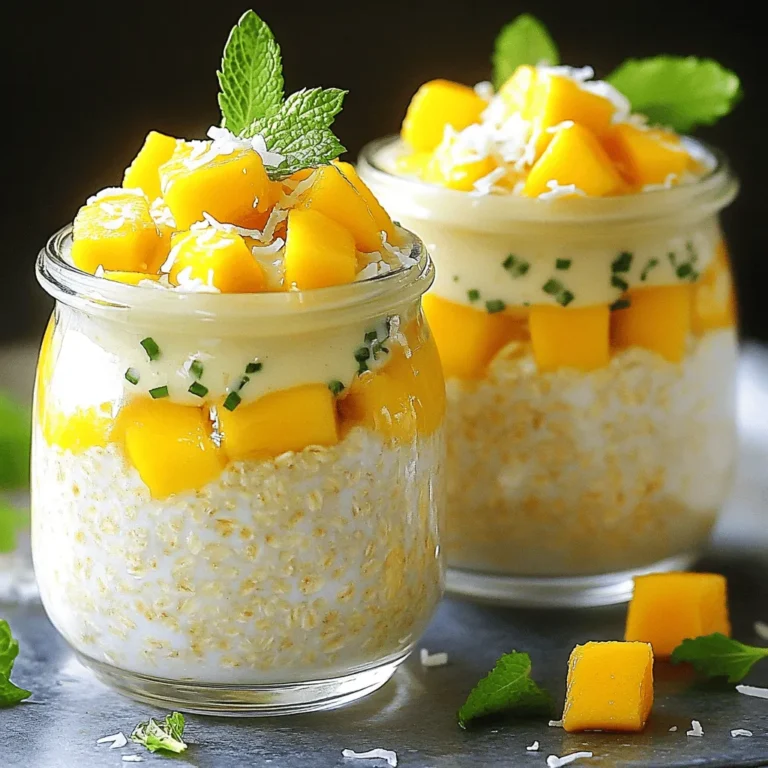 - 1 cup rolled oats - 1 cup coconut milk - 1 ripe mango, diced - 1 tablespoon chia seeds - 1 tablespoon shredded coconut The main ingredients in Coconut Mango Overnight Oats create a tasty and filling meal. Rolled oats form the base. They soak up the coconut milk and become soft. Coconut milk gives a rich flavor. You can use canned or carton coconut milk. A ripe mango adds sweetness and a tropical twist. It brings bright color too. Chia seeds add fiber and help thicken the mix. Shredded coconut adds texture. I prefer unsweetened coconut for a pure taste. - 1 tablespoon honey or maple syrup - 1/2 teaspoon vanilla extract - Fresh mint leaves for garnish Optional ingredients let you customize your oats. Honey or maple syrup adds sweetness. You can skip it if you want less sugar. A dash of vanilla extract enhances the flavor. Fresh mint leaves brighten the dish. They add a nice touch when you serve. These extras make the oats more special without much effort. To make your Coconut Mango Overnight Oats, start by gathering your ingredients. In a medium bowl, combine the following: - 1 cup rolled oats - 1 cup coconut milk - 1 tablespoon chia seeds - 1 tablespoon honey or maple syrup (optional) - 1/2 teaspoon vanilla extract Stir everything together until it mixes well. Next, gently fold in half of the diced mango and the shredded coconut. This adds a nice flavor and texture. Now, divide this tasty mixture into two jars. Make sure to seal the jars tightly. Place them in the refrigerator overnight or for at least 4-6 hours. This soaking time allows the oats to soften and soak up the coconut milk. When you wake up, it's time to enjoy your oats! Stir the mixture well before serving. If you want a creamier texture, add a splash more coconut milk. For a special touch, garnish with more shredded coconut and some fresh mint leaves. These little details make your breakfast look and taste amazing! You can change the sweetness of your Coconut Mango Overnight Oats. Start with one tablespoon of honey or maple syrup. Taste the mix. If you want it sweeter, add more. Remember, you can always add more but can’t take it out! You can also switch up the fruits you use. Try adding berries like strawberries or blueberries. Pineapple can give a tropical twist. You can even mix different fruits for a fun flavor party! For the best texture, focus on the oats and milk ratio. One cup of rolled oats to one cup of coconut milk works well. If you like creamier oats, add more milk. Soaking time matters too. Leave the oats in the fridge overnight or for at least 4-6 hours. This lets them absorb the milk and soften nicely. If you’re in a hurry, soak for 30 minutes. But overnight gives you the best results! {{image_2}} You can make your Coconut Mango Overnight Oats even more fun! Adding nuts or seeds gives a great crunch. Try sliced almonds, walnuts, or pumpkin seeds. They also add healthy fats and protein. You can also switch up the fruits. Pineapple adds a sweet and tangy twist. Berries like strawberries or blueberries work well too. Just chop them small and mix them in. They not only taste good but also look pretty. If you follow a vegan diet, this recipe is perfect. Use maple syrup instead of honey for sweetness. Coconut milk is already dairy-free. For those who need gluten-free meals, rolled oats are safe. Always check labels to be sure. You can also cut sugar by using less sweetener or skipping it entirely. The natural sweetness from mangoes is often enough! You can keep coconut mango overnight oats in the fridge for up to five days. To keep them fresh, store them in airtight containers. Make sure to seal the lids tightly. This helps to prevent any odors from seeping in. If you notice any liquid separating, just give the oats a good stir before eating. This keeps them creamy and tasty. Yes, you can freeze overnight oats! To freeze, place the jars in the freezer before the oats soak. They can last up to three months. When you're ready to enjoy them, take them out and let them thaw in the fridge overnight. You can also warm them in the microwave if you prefer a warm breakfast. Just stir well and enjoy your delicious meal! Overnight oats are a simple and healthy breakfast. You mix rolled oats with liquid, like coconut milk. You let the oats soak overnight in the fridge. This softens the oats and makes them creamy. You can add fruits, seeds, or nuts for more flavor. They are easy to prepare and save time in the morning. Yes, you can use quick oats, but the texture will change. Quick oats cook faster and become mushy when soaked. If you like a creamier texture, quick oats work. For a chewier bite, stick with rolled oats. Both choices give you a tasty breakfast, but rolled oats are better for overnight oats. You can store coconut mango overnight oats in the fridge for up to five days. Make sure to keep them in a sealed jar. After five days, the oats may lose their taste or texture. Always check for freshness before eating. Enjoy your nutritious breakfast delight! In this blog post, we explored how to make coconut mango overnight oats with key ingredients like rolled oats, coconut milk, and ripe mango. I shared step-by-step instructions for preparation, storing, and serving. Customization tips and dietary options allow you to enjoy this dish your way. Remember to experiment with textures and flavors to find what you love most. Enjoy your delicious, healthy breakfast with ease. Your morning routine will never be the same!