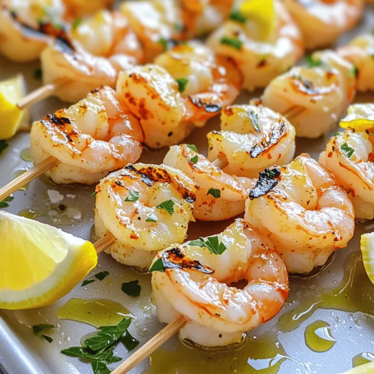 For Lemon Garlic Shrimp Skewers, you will need: - 1 pound large shrimp, peeled and deveined - 3 tablespoons olive oil - 4 cloves garlic, minced - Zest and juice of 1 large lemon These core ingredients bring bold flavor. The shrimp give a sweet taste, while the garlic adds depth. The lemon brings a bright zing. To boost the taste, include: - 1 teaspoon smoked paprika - 1 teaspoon dried oregano - Salt and pepper to taste Smoked paprika gives a nice warmth. Dried oregano adds a hint of earthiness. Salt and pepper balance everything. When serving, consider adding: - Fresh parsley, chopped (for garnish) - Lemon wedges (for serving) Chopped parsley adds color and freshness. Lemon wedges let everyone squeeze in more flavor. This makes each bite even better. To start, gather a large mixing bowl. You need three tablespoons of olive oil. Next, add four cloves of minced garlic. Then, zest and juice one large lemon. This adds a bright flavor. After that, mix in one teaspoon of smoked paprika and one teaspoon of dried oregano. Finally, season with salt and pepper to taste. Whisk everything together until it blends well. The marinade should smell fresh and vibrant. Take one pound of large shrimp that are peeled and deveined. Add the shrimp to the bowl with the marinade. Toss them gently to coat every shrimp evenly. Make sure each shrimp gets a good amount of flavor. Cover the bowl with plastic wrap. Place it in the fridge for at least 30 minutes. This helps the shrimp absorb all that tasty goodness. Preheat your grill to medium-high heat. If you use wooden skewers, soak them in water for 30 minutes. This prevents them from burning on the grill. Once ready, thread about four to five marinated shrimp onto each skewer. Make sure they are snug but not too tight. Place the skewers on the hot grill. Cook them for about 2 to 3 minutes on each side. Look for the shrimp to turn opaque and develop grill marks. Be careful not to overcook them. When done, remove the skewers and let them rest for a minute. Garnish with chopped parsley and serve with lemon wedges. Enjoy your meal! Grilling shrimp is simple if you follow a few key tips. First, ensure your grill is hot. A hot grill gives the shrimp a nice sear. Use medium-high heat for the best results. Second, keep the shrimp in a single layer on the grill. This helps them cook evenly. Lastly, avoid flipping the shrimp too often. Let them sit for 2-3 minutes on each side. This allows the shrimp to get those beautiful grill marks. Cooking shrimp is quick, so watch the time closely. Grill the shrimp for about 2-3 minutes on each side. You want them to turn opaque and firm. Overcooked shrimp can become rubbery and tough. If you see them curling tightly, they are likely overdone. To check if they are ready, look for a nice pink color and a slight char. Choosing the right shrimp is key to tasty skewers. Look for large, fresh shrimp when shopping. They should be firm and smell like the ocean, not fishy. When possible, buy shrimp that are wild-caught. They often have better flavor than farmed shrimp. If you buy frozen shrimp, ensure they are peeled and deveined. This saves you time and makes prep easy. {{image_2}} You can change up the flavor with different spices. Try using cumin or chili powder for a kick. If you like fresh herbs, basil or cilantro can add a nice touch. For a hint of sweetness, add a pinch of brown sugar. Mixing these spices can make the dish unique and fun. If you don’t have a grill, you can cook the skewers in the oven. Preheat your oven to 400°F. Place the skewers on a baking sheet and bake for about 8-10 minutes. You can also use a broiler. Broil the skewers for 2-3 minutes per side until they are done. If you prefer the stovetop, heat a skillet over medium-high heat and cook for 2-3 minutes on each side. If you want a vegetarian version, use firm tofu or mushrooms. Cut them into cubes and marinate just like the shrimp. For seafood lovers, scallops or fish like salmon work well. They both soak up the marinade nicely. These options keep the meal tasty while catering to different diets. After enjoying your lemon garlic shrimp skewers, let them cool down. Place any leftovers in an airtight container. You can keep them in the fridge for up to two days. This helps keep the shrimp fresh and tasty. To reheat your skewers, use a grill or a pan. Heat it to medium. Cook for about 2-3 minutes on each side. This warms them up without losing flavor. You can also use a microwave, but it may make the shrimp a bit rubbery. If you do use a microwave, heat them in short bursts. If you want to freeze your marinated shrimp, place them in a freezer bag. Make sure to remove as much air as possible. You can freeze them for up to three months. When you're ready to cook, thaw them overnight in the fridge. This keeps the shrimp juicy and flavorful. You can tell shrimp are cooked when they turn from gray to pink. The flesh should be opaque, and they should form a C shape. If they curl tightly, they may be overcooked. Always cook shrimp for about 2-3 minutes per side. Yes, you can make these skewers ahead of time. Marinate the shrimp and store them in the fridge for up to 24 hours. This gives the shrimp more flavor. Just be sure to grill them fresh when you are ready to eat. Shrimp skewers go well with many sides. Here are some great options: - Garlic bread - Rice or quinoa - Grilled vegetables - A fresh salad - Couscous with herbs These sides balance the shrimp's flavor and add color to your meal. Enjoy mixing and matching! Lemon Garlic Shrimp Skewers are a simple dish full of flavor. We discussed the key ingredients, marinade steps, and grill tips to help you succeed. Variations let you explore new flavors, while storage tips ensure you don't waste any leftovers. Remember, the right cooking time is crucial for tender shrimp. Try serving with fresh sides to boost the meal. With these tips, you can impress anyone at your next cookout. Enjoy making your perfect skewers!