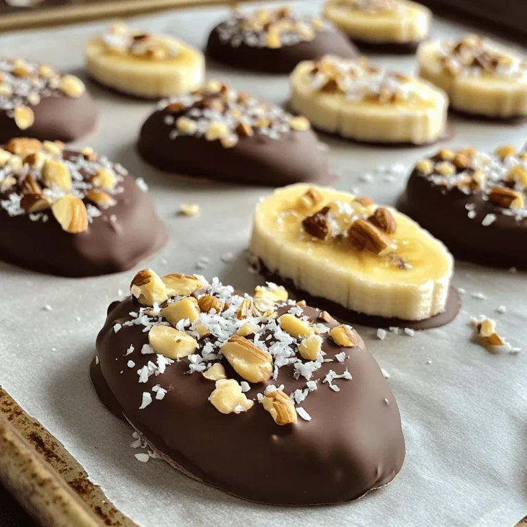 To make chocolate covered banana bites, you need just a few simple ingredients. Here’s what you will need: - 2 ripe bananas - 1 cup dark chocolate chips (or chocolate melting wafers) - 1 tablespoon coconut oil - 1/4 cup chopped nuts (almonds, walnuts, or hazelnuts) - 1/4 cup shredded coconut (unsweetened) - Sea salt, for garnish (optional) These ingredients come together to create a sweet and tasty treat. The ripe bananas provide natural sweetness. Dark chocolate adds a rich flavor. Coconut oil helps the chocolate melt smoothly. You can choose your favorite nuts for crunch. Shredded coconut gives a tropical twist. If you like a hint of salt, sprinkle some sea salt on top. This combination is not only delicious but also easy to find. You can usually get all these ingredients at your local grocery store. Plus, they are simple to prepare. So, gather your ingredients, and let’s dive into making these tasty bites! - Peel and slice bananas into bite-sized rounds. - Arrange banana slices on a plate or tray. First, take your ripe bananas and peel them. The ripeness gives them a natural sweetness that pairs perfectly with chocolate. Slice each banana into rounds about one inch thick. Make sure they are even. This helps them dip well and look nice. Once sliced, lay them out on a plate or tray. - Combine dark chocolate chips and coconut oil in a bowl. - Melt in the microwave using 30-second intervals. Next, grab a microwave-safe bowl. Put in one cup of dark chocolate chips. Add a tablespoon of coconut oil. The coconut oil helps the chocolate melt smoothly and gives it a nice shine. Microwave the bowl in 30-second bursts. Stir the chocolate after each interval. This keeps it from burning. Keep going until it's all melted and smooth. - Dip banana slices into melted chocolate. - Add toppings before the chocolate sets. Now, it’s time for the fun part! Use a fork or a toothpick to dip each banana slice into the melted chocolate. Let any extra chocolate drip off. Before the chocolate sets, add your favorite toppings. You can sprinkle chopped nuts or shredded coconut on top. This adds crunch and flavor. - Chill on a parchment-lined baking sheet. - Freeze for 30 minutes until chocolate is hard. Once all the slices are dipped and topped, place them on a parchment-lined baking sheet. This keeps the bites from sticking. If you like, sprinkle a tiny pinch of sea salt on each bite. Then, put the baking sheet in the freezer. Let it chill for about 30 minutes. This hardens the chocolate, making it ready to enjoy. - Transfer to an airtight container. - Store in the freezer until ready to serve. When the chocolate is hard, take the bites out of the freezer. Carefully transfer them to an airtight container. This keeps them fresh. Store your treats in the freezer until you want to serve them. They make a great snack or dessert! For melting, dark chocolate chips work best. They give a rich taste and smooth coat. You can also use milk or white chocolate for a sweeter bite. If you want fun flavors, try flavored chocolate. You can find options like orange or mint. These add a twist to your banana bites. Toppings can make your banana bites unique. You can add colorful sprinkles for fun. A sprinkle of sea salt gives a nice contrast to the sweet chocolate. If you like a kick, try a dash of chili powder. Mixing in chopped nuts adds crunch. Almonds, walnuts, or hazelnuts all work well. Shredded coconut brings a tropical touch, too. Feel free to mix toppings for more flavor and texture. To get a smooth chocolate coat, dip quickly. Make sure the chocolate is fully melted. A fork or toothpick helps with dipping. It keeps your hands clean and neat. Allow excess chocolate to drip off before setting. If you want less mess, dip one banana slice at a time. This keeps the chocolate from clumping. Enjoy the process of making these treats! {{image_2}} You can change the chocolate type for new tastes. Try using milk chocolate for a sweeter bite. White chocolate gives a creamy feel and pairs well with bananas. For a twist, swirl in peanut butter or Nutella. This adds richness and a nutty flavor that enhances the treat. Get creative with add-ins to make your bites unique. Adding dried fruits, like cranberries or raisins, gives a chewy texture. You can also mix in seeds, like chia or sunflower seeds, for some crunch. Infuse flavors by adding vanilla or almond extract to the melted chocolate. This simple step can take your bites to the next level. For those with dietary needs, use vegan chocolate options. Many brands offer dark chocolate without dairy. You can make these bites gluten-free by checking the chocolate label. If you need nut-free bites, skip the nuts and double the coconut. These changes make the recipe suitable for everyone! Store your chocolate-covered banana bites in airtight containers. This keeps them fresh and tasty. You can also use ziplock bags if you prefer. Just make sure to remove as much air as possible. For the best taste, freeze them. This gives you a longer shelf life. Refrigeration works too, but they may get mushy over time. In the freezer, these bites can last up to three months. They taste best when eaten fresh, but they will still be good for a while. To keep them at their best, avoid leaving them out at room temperature for too long. If you want them to stay fresh, check for any signs of freezer burn. To serve, take out only what you need. Let them sit at room temperature for a few minutes. This helps them thaw slightly. You can also pop them in the fridge for about 15 minutes. Avoid microwaving them, as this can make them soggy. Enjoy your treats while they’re still cool and delicious! Yes, you can use other fruits. Try strawberries, apples, or even pineapple. Each fruit adds a unique flavor. Strawberries pair well with chocolate. Apples add a nice crunch. Pineapples give a tropical twist. Just slice them into bite-sized pieces, like the bananas. Absolutely! This recipe is great for kids. It uses healthy fruits and dark chocolate. Bananas are full of potassium, which is good for growing bodies. Just be sure to supervise younger kids when dipping. Use a fork or toothpick to avoid any mess. If the chocolate isn’t melting, check a few things. First, make sure you use a microwave-safe bowl. Next, heat it in short bursts of 30 seconds. Stir after each burst to help it melt evenly. If it's still too thick, add a bit more coconut oil. This helps it smooth out. You can make these bites healthier too. Use dark chocolate with a high cocoa content. Instead of sugar, try natural sweeteners like honey or maple syrup. You can also skip the toppings or use less. Adding nuts boosts protein and fiber without too much sugar. Yes, you can make these ahead of time. They freeze well for up to a month. Just prepare them and place in an airtight container. This way, you can grab a treat anytime. Perfect for quick snacks or parties! This recipe for chocolate-covered banana bites is fun and simple. You gather ripe bananas, melt chocolate, dip, and top them with your favorites. You can choose from various chocolates and toppings to make it unique. Remember to store these treats properly so they stay fresh. Experiment with different fruits and flavors to keep it interesting. These bites are perfect for snacks or parties. Dive in and enjoy creating your own tasty treats!