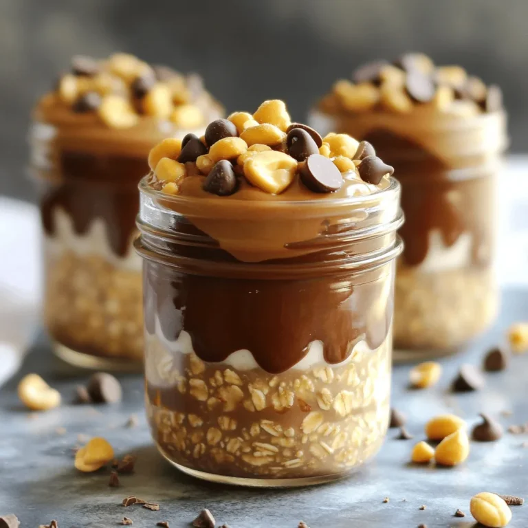 Here are the ingredients you need for Peanut Butter Cup Overnight Oats. This recipe is simple and fun! - 1 cup rolled oats - 2 cups almond milk (or milk of your choice) - 1/4 cup creamy peanut butter - 2 tablespoons cocoa powder - 2 tablespoons maple syrup (or honey) - 1/2 teaspoon vanilla extract - 1/4 teaspoon salt - 1/4 cup mini chocolate chips (plus extra for topping) - Chopped peanuts (for garnish) These ingredients come together to create a tasty and filling breakfast. Rolled oats are the base, soaking up the milk and flavors. Almond milk keeps it light and creamy, while peanut butter adds richness. Cocoa powder gives that chocolatey kick, and maple syrup sweetens it just right. Mini chocolate chips add more chocolate flavor. I like to sprinkle chopped peanuts on top for a fun crunch. You can use any milk you prefer, too! This recipe is flexible and easy to make. Enjoy! - Combine 1 cup rolled oats, 2 cups almond milk, and 1/4 cup creamy peanut butter. - Stir until everything is well mixed. The oats should soak up the milk and peanut butter. - Mix in 2 tablespoons cocoa powder, 2 tablespoons maple syrup, 1/2 teaspoon vanilla, and 1/4 teaspoon salt. - Ensure the mixture is smooth and creamy. This adds richness and flavor to your oats. - Gently fold in 1/4 cup mini chocolate chips. - Divide the mixture into 4 jars, sealing each tightly. This makes for easy storage. - Refrigerate overnight or for at least 4 hours. This helps the oats soften and absorb flavors. - When ready to serve, give the oats a stir. Top with extra mini chocolate chips and chopped peanuts for crunch. To make your oats creamy, mix the peanut butter well. This helps it blend smoothly with the other ingredients. I find that using warm almond milk makes mixing easier. Heat it a bit before adding it to the oats. This small step greatly improves the texture of your overnight oats. You can adjust the sweetness to your liking. If you want it sweeter, add more maple syrup or honey. A little pinch of cinnamon adds a nice flavor boost too. It pairs perfectly with the chocolate and peanut butter. Serve your oats in clear jars. This shows off the beautiful layers and toppings. To make it pretty, layer the oats, chocolate chips, and chopped peanuts. This makes each spoonful look as good as it tastes. Enjoy your oats straight from the jar for a fun breakfast! {{image_2}} If you need a nut-free option, try using sunflower seed butter. This swap gives you a similar taste and texture without any nuts. Sunflower seed butter is smooth and creamy. It also adds a nice, nutty flavor. You can use the same amount as peanut butter. Just replace it in the recipe, and you are good to go! To make these oats vegan, you can use any plant-based milk. Almond milk works great, but oat milk or soy milk are also good choices. For sweeteners, consider using agave syrup or coconut sugar instead of honey. Both options keep your oats fully vegan. You can add fun flavors to your oats. Slices of banana or fresh berries make a tasty addition. They add sweetness and brightness to each bite. You can also try different nut butters. Almond, cashew, or even chocolate nut butter can change the taste. Just swap in your favorite nut butter for a new twist! You can store Peanut Butter Cup Overnight Oats for up to five days in the fridge. Use airtight jars to keep them fresh. Glass or plastic containers work well. Make sure they seal tightly to prevent any air from getting in. This keeps the oats creamy and flavorful. You can enjoy your oats cold, straight from the fridge. If you prefer them warm, there are easy ways to heat them. The microwave is a quick option. Heat in short bursts, about 15 to 30 seconds, stirring in between. This helps keep the texture smooth. Avoid boiling them, as that can make the oats mushy. You want to maintain that perfect bite! To make your overnight oats thicker, try these tips: - Use less milk. This reduces liquid and makes oats firmer. - Add an extra tablespoon of oats. This boosts thickness. - Mix in chia seeds. These absorb liquid and add texture. - Let the oats sit longer. The longer they sit, the thicker they get. Yes, you can use regular oats. However, they change the texture. Regular oats cook faster than rolled oats. This means they may become mushy in the fridge. If you prefer a firmer bite, stick with rolled oats. You can store your Peanut Butter Cup Overnight Oats for up to five days in the fridge. Use airtight jars for the best freshness. Make sure to stir well before eating. If you notice any separation, it's normal. Just mix it back together for a tasty treat. You learned how to make delicious Peanut Butter Cup Overnight Oats. We covered the basic ingredients, step-by-step instructions, and tips for the best taste and texture. Remember to customize these oats to fit your preference. Try different flavors or toppings to keep it exciting. Store them right for freshness, and you will enjoy your oats for days. This recipe is simple, healthy, and fun, making it easy for you to fuel your day. Enjoy your tasty creation!