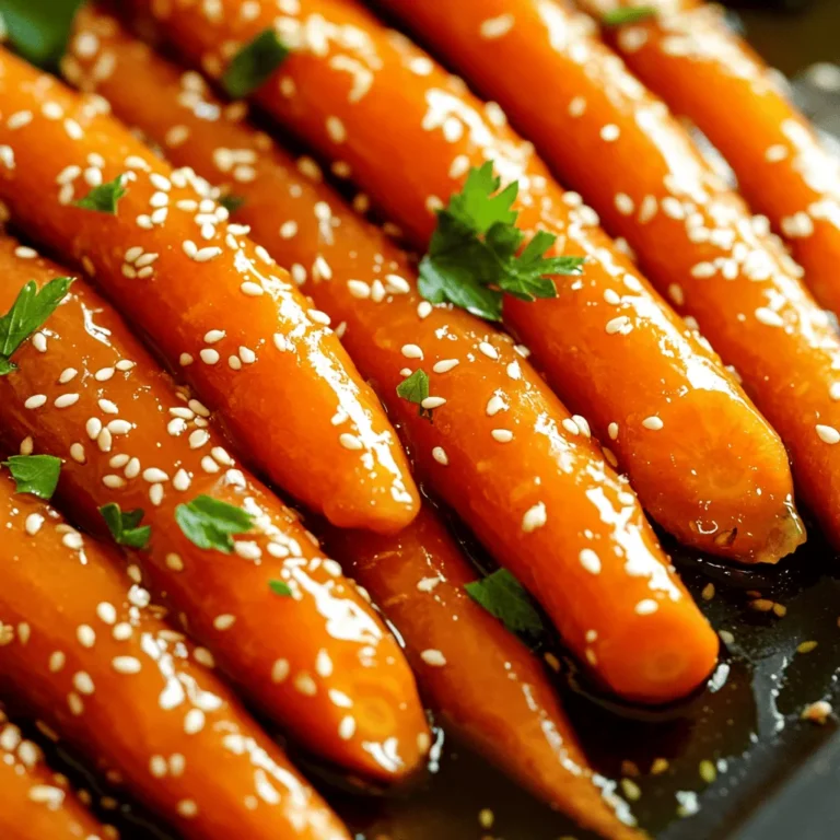- 1 pound baby carrots (or regular carrots, peeled and cut into sticks) - 2 tablespoons honey - 1 tablespoon soy sauce (or tamari for gluten-free) - 2 tablespoons sesame oil - 2 teaspoons sesame seeds (toasted) - 1 teaspoon fresh ginger, grated - Salt and pepper to taste - Fresh parsley or cilantro, for garnish For this recipe, I use one pound of baby carrots. If you use regular carrots, peel them and cut them into sticks about 2-3 inches long. Measure honey and soy sauce using tablespoons. You need two tablespoons of sesame oil. For the sesame seeds, two teaspoons will do. Lastly, grate one teaspoon of fresh ginger for flavor. If you're looking for alternatives, here are some options: - Use maple syrup instead of honey for a vegan option. - Tamari works well for a gluten-free version of soy sauce. - Swap sesame oil with olive oil if you need a lighter flavor. - Fresh ginger can be replaced with ground ginger, but use less as it is stronger. - If you want a fresh touch, replace parsley or cilantro with green onions. Start by getting your carrots ready. If you have baby carrots, leave them whole. If you use regular carrots, peel them first. Cut the carrots into sticks about 2-3 inches long. This size helps them cook evenly. Now it's time to blanch the carrots. Fill a pot with water and bring it to a boil. Add the carrots to the boiling water. Cook them for about 3-5 minutes. You want them slightly tender but still a bit crisp. After that, drain the carrots and set them aside. This step helps keep their bright color and fresh taste. Next, make the tasty glaze. In a large skillet, add 2 tablespoons of sesame oil and heat it over medium heat. When the oil is hot, add 1 teaspoon of grated fresh ginger. Sauté it for 1 minute until it smells great. Then, pour in 2 tablespoons of honey and 1 tablespoon of soy sauce. Stir everything to mix well. Let it simmer for about 2 minutes. This lets the flavors blend nicely. Now, add the blanched carrots to the skillet. Toss them in the glaze until they are well coated. Cook for another 2-3 minutes. This helps the carrots soak up all that yummy flavor. Finally, sprinkle 2 teaspoons of toasted sesame seeds on top. Season with salt and pepper to taste. Toss gently to combine everything. Your sesame honey glazed carrots are now ready to serve! To get the best glaze, you need to blanch the carrots first. This step softens them but keeps them crisp. Blanching makes sure they absorb the glaze well. Aim for 3-5 minutes in boiling water. After blanching, quickly drain the carrots. This keeps them from overcooking and losing their crunch. One common mistake is skipping the blanching step. This can lead to carrots that are too hard. Another mistake is not stirring enough while cooking. Stir frequently to coat every carrot with the glaze. Lastly, don’t rush the simmering time. Letting the glaze simmer for 2 minutes lets the flavors deepen. You can add more flavor to your carrots. Try mixing in a dash of chili flakes for heat. A squeeze of fresh lime juice can add brightness. For a nutty twist, add chopped nuts like walnuts or almonds. Don’t forget fresh herbs! Parsley or cilantro enhances the dish's freshness and looks great on the plate. {{image_2}} You can swap honey with maple syrup for a vegan option. Agave nectar also works well. These sweeteners add a unique flavor. You might enjoy the change! Just keep the same amount for best results. You can roast the carrots instead of cooking them on the stove. Roasting gives a nice caramelized flavor. Preheat your oven to 400°F (200°C). Toss the blanched carrots in the glaze and spread them on a baking sheet. Bake for about 20 minutes, flipping halfway through. Another method is steaming. It keeps the carrots crisp and bright. Use a steamer basket over boiling water for about 5-7 minutes. Then, add them to the glaze for the last few minutes of cooking. Feel free to add other veggies for more color and taste. Broccoli, bell peppers, or snap peas blend nicely. Cut them into similar sizes to ensure even cooking. Add them to the skillet with the carrots to soak up the glaze. This adds variety and makes the dish even more nutritious. After enjoying your sesame honey glazed carrots, store any leftovers in an airtight container. They will stay fresh for about 3 to 5 days in the fridge. Make sure to let them cool down before sealing the container. This helps keep the texture crisp. You can freeze the glazed carrots for later use. First, let them cool completely. Then, place them in a freezer-safe bag or container. Be sure to remove as much air as possible. They will last up to 3 months in the freezer. When ready to eat, just thaw them in the fridge overnight. To reheat the carrots, you have a few options. You can use the microwave for quick reheating. Just place them in a bowl, cover, and heat for 1-2 minutes. For a crispier texture, use a skillet. Heat a little sesame oil over medium heat, then add the carrots. Stir them for about 3-5 minutes until heated through. Yes, you can use regular carrots. Just peel them and cut them into sticks. Aim for pieces about 2-3 inches long. This way, they cook evenly, and you still get that sweet glaze. To make this recipe vegan, swap honey for maple syrup or agave nectar. Both options will give a nice sweetness. Ensure your soy sauce is vegan-friendly, too. Tamari works great if you need it gluten-free. These carrots pair nicely with many dishes. Serve them with grilled chicken or fish. They also work well with rice or quinoa. For a vegetarian option, try them with tofu or chickpeas. They add color and flavor to any meal! In this article, we explored the recipe for Sesame Honey Glazed Carrots. We covered key ingredients, detailed measurements, and helpful substitutions. You learned step-by-step instructions for preparing and glazing the carrots, along with tips to avoid mistakes. We also discussed variations and storage options for leftovers. Perfecting this dish adds flavor to any meal. Enjoy experimenting with different sweeteners and vegetables to suit your taste. Happy cooking!