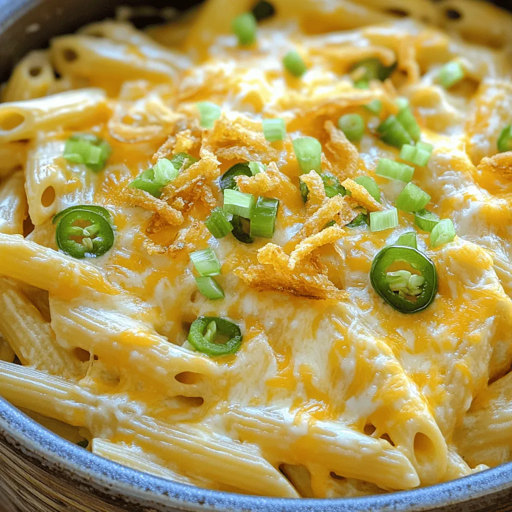 - 12 ounces pasta (like penne or rotini) - 4 cups chicken broth - 1 cup cream cheese, softened - 1 cup shredded sharp cheddar cheese - 1 cup shredded mozzarella cheese - 2 fresh jalapeños, diced (remove seeds for less heat) - 1 small yellow onion, diced - 3 cloves garlic, minced - 1 teaspoon smoked paprika - 1/2 teaspoon salt - 1/2 teaspoon black pepper - 1/4 cup green onions, chopped (for garnish) - 1/4 cup crispy fried onions (optional, for garnish) I use a kitchen scale for accuracy. Weigh the pasta to ensure you use 12 ounces. For liquids, measuring cups work well. Use a standard cup for the chicken broth and cheese. Diced veggies can be measured in a cup, too. Feel free to adjust based on your taste. You can add more heat with extra jalapeños. Try using pepper jack cheese for a spicy kick. If you want a crunch, add crispy bacon bits. For a fresh taste, toss in some cherry tomatoes. Each option lets you make this dish your own! First, grab a large pot or deep skillet. Add the diced onion, minced garlic, and jalapeños. Heat the pot over medium heat. Sauté for about 3 to 4 minutes. You want the onion to soften and smell good. This step builds flavor. Now, it's time to add the pasta. Stir in the uncooked pasta along with the chicken broth. Add smoked paprika, salt, and black pepper. Bring this mix to a boil. Once boiling, reduce the heat to a simmer. Cover the pot and cook for about 10 to 12 minutes. Stir occasionally. The pasta should be tender and most liquid should be gone. Once the pasta is cooked, it's cheese time! Add the cream cheese, shredded cheddar, and mozzarella cheese to the pot. Stir until the cheeses melt into a creamy sauce. If it seems too thick, add a splash of chicken broth. Taste and adjust the seasoning. You can add more salt or pepper if needed. Serve hot! Top with chopped green onions and crispy fried onions for a nice crunch. Enjoy your delicious dish! To make your pasta super creamy, you need the right cheeses. Use full-fat cream cheese for the best texture. Mix in sharp cheddar and mozzarella. They melt well and give great flavor. If the sauce is too thick, add a splash of chicken broth. This extra liquid helps it become smooth and rich. Stir the cheese in while the pasta is hot. This helps it melt quickly and evenly. Want to change the heat? You can easily adjust spice levels with jalapeños. For less heat, remove the seeds before chopping. If you want more heat, add extra diced jalapeños or keep some seeds in. Another option is to add a pinch of cayenne pepper. This gives it a nice kick. Always taste before serving to find the right balance of spice for you. Cooking time can vary based on your stove and pot. After adding pasta to the broth, check it around 10 minutes. Stir often to make sure it cooks evenly. If the pasta is still too firm, let it cook a few more minutes. Be careful not to overcook it, as it can become mushy. The pasta should be al dente, meaning it has a slight bite. This keeps it perfect in the creamy sauce. {{image_2}} You can easily make this dish vegetarian. Just skip the chicken broth. Use vegetable broth instead. This keeps all the flavor while making it meat-free. You can add more veggies too. Try bell peppers, spinach, or zucchini. They add color and nutrients. If you want to add meat, chicken or bacon works great. For chicken, cook diced pieces in the pot before adding the other ingredients. This adds a nice flavor. For bacon, cook it crisp first, then mix it in at the end. It gives a smoky taste that pairs well with cheese. Looking for gluten-free options? Use gluten-free pasta made from rice or quinoa. Cook it just like regular pasta, but check the package for timing. This ensures it stays tender. You won't lose any flavor, and everyone can enjoy the dish together! Store your One Pot Cheesy Jalapeño Popper Pasta in an airtight container. Let it cool to room temperature first. Then, place it in the fridge. This dish stays fresh for about 3 to 5 days. Make sure to label the container with the date. This way, you will know when you made it. To reheat, use a microwave or a stovetop. If using a microwave, place a single serving in a bowl. Heat it for 1 to 2 minutes, stirring halfway. On the stovetop, put the pasta in a pan over low heat. Add a splash of chicken broth for moisture. Stir until heated through. This keeps the pasta creamy and tasty. You can freeze this pasta for later. Use a freezer-safe container to store it. Make sure to leave some space at the top, as food expands when frozen. It lasts about 2 to 3 months in the freezer. To enjoy, thaw it in the fridge overnight. Then, reheat as mentioned above. Yes, you can make this pasta ahead. Cook it, let it cool, and store it in the fridge. It stays fresh for up to three days. When you are ready to eat, reheat it in a pot. Add a splash of chicken broth to help with creaminess. If you want a swap, use sour cream or Greek yogurt. Both will add creaminess. You can also try ricotta cheese for a lighter texture. Just keep in mind that flavor may change slightly. To add more heat, use extra jalapeños. You can keep the seeds for more spice. Try adding a dash of cayenne pepper or hot sauce. Both will kick up the heat level. Adjust to your taste for the perfect spicy bite! In this post, we explored key ingredients for a tasty pasta dish, including optional tweaks for your taste. I shared easy steps to sauté veggies, cook pasta, and add cheese for a creamy finish. You now have tips to adjust spice levels and cooking times, plus ways to make it vegetarian or gluten-free. Lastly, I provided storage advice for leftovers and answered common questions. With these insights, you can create a delicious meal that suits your needs. Enjoy the cooking process and have fun experimenting!
