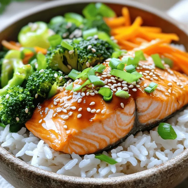 - 2 salmon fillets (about 6 oz each) - 1 cup jasmine rice - Teriyaki sauce and marinade components: - 2 tablespoons teriyaki sauce - 1 tablespoon sesame oil - 1 tablespoon low-sodium soy sauce - 1 teaspoon grated ginger - 1 clove garlic, minced Salmon fillets bring a rich flavor and protein to your bowl. Jasmine rice adds a fragrant base that pairs well with the teriyaki sauce. The marinade components elevate the dish with savory and tangy notes. - Vegetables: - 1 cup broccoli florets - 1 carrot, julienned - Garnishes: - ¼ cup green onions, chopped - Sesame seeds for garnish Broccoli adds crunch and color, while carrots provide sweetness. Green onions and sesame seeds finish the dish with fresh and nutty flavors. - You can swap salmon for chicken or tofu for different proteins. - Use brown rice or quinoa instead of jasmine rice for a healthier grain. - If you don’t have teriyaki sauce, mix soy sauce with honey for a sweet alternative. Feel free to get creative! Cooking allows room for personal taste and dietary needs. To start, rinse the jasmine rice. Place it in a fine-mesh strainer and run cold water over it. Keep rinsing until the water runs clear. This step washes away excess starch. It helps the rice cook better and taste great. Next, bring 2 cups of water or vegetable broth to a boil in a saucepan. Once boiling, add the rinsed rice. Stir it once, then cover the pot. Lower the heat to a gentle simmer. Let the rice cook for about 15 minutes. When the liquid is gone, remove the pot from heat. Keep it covered for 5 more minutes. This resting time makes the rice fluffy. Now, let’s prepare the salmon. In a small bowl, mix together teriyaki sauce, sesame oil, soy sauce, ginger, and garlic. This mix will be your marinade. Take the salmon fillets and season them with salt and pepper. Pour half of the marinade over the salmon. Let it soak for about 5 minutes. This step adds a lot of flavor. While the salmon marinates, heat a non-stick skillet over medium heat. Place the salmon in the skillet, skin-side down. Cook for 4-5 minutes on each side. The salmon is ready when it flakes easily with a fork. Brush any extra marinade on the salmon while cooking. This adds even more taste. For the veggies, you need to steam the broccoli and carrots. In a separate pot, add water and bring it to a boil. Place the broccoli florets and julienned carrots in a steaming basket. Steam them for about 3-4 minutes. They should be bright and tender but still crisp. This keeps their fresh flavor and nutrients intact. Now, you have perfectly cooked rice, flavorful salmon, and vibrant veggies ready to go! To get flaky salmon, start with fresh fillets. Fresh fish cooks better. I recommend checking for bright, clear eyes and firm flesh. Always season your salmon with salt and pepper before cooking. This step adds flavor and helps the salmon cook evenly. For even cooking, use medium heat. A hot skillet gives a nice sear. Cook skin-side down first. This method helps keep the salmon moist. Flip the fillets gently. Use a fork to test if it flakes easily. If it does, it’s ready! Present your rice bowls with style. Start with a base of fluffy jasmine rice. Place the salmon on top, then add steamed broccoli and carrots. For a pop of color, sprinkle with green onions and sesame seeds. You can also use a small side dish for extra sauce. This way, everyone can add more sauce as they like. For pairings, serve your rice bowls with a light salad or miso soup. These sides enhance the meal without overpowering it. To elevate your teriyaki sauce, try adding a splash of orange juice. This twist gives a fresh taste. You can also mix in a teaspoon of honey for more sweetness. If you enjoy spice, consider adding a pinch of red pepper flakes or a dash of sriracha. Fresh herbs like cilantro can brighten the dish too. Just chop them finely and sprinkle on top before serving. {{image_2}} You can switch up the salmon with other proteins. Chicken or tofu works great. For grains, try brown rice or quinoa. These options add different flavors and nutrients to your dish. Seasonal vegetables can also change your rice bowl. Use bell peppers in summer or squash in fall. Fresh veggies keep your meal exciting and colorful. Try using different sauces to mix things up. Teriyaki sauce is sweet and savory, but you can use hoisin or even sweet chili sauce. Each sauce brings a unique taste to your bowl. You can also change the spice levels. If you like heat, add some red pepper flakes or sriracha. For a milder flavor, skip the spice or use a dash of black pepper instead. Making this dish gluten-free is easy. Use gluten-free soy sauce or tamari instead of regular soy sauce. This small change keeps the flavor while meeting dietary needs. For a vegan version, swap the salmon for marinated tempeh or mushrooms. You can still enjoy all the tasty flavors with plant-based options. Adjust the teriyaki sauce to ensure it's vegan-friendly, and you’re set! To keep your Teriyaki Salmon Rice Bowls fresh, place leftovers in an airtight container. This helps prevent drying out. They will stay good in the fridge for up to three days. Always let the food cool down before sealing the container. Avoid putting hot food directly in the fridge. When reheating, aim for gentle heat. Use a microwave or stovetop. If using a microwave, cover the bowl with a lid or microwave-safe wrap. Heat in short bursts of 30 seconds. Stir in between to ensure even warming. This keeps your salmon moist and your rice fluffy. You can freeze the salmon and rice separately. For best results, wrap each salmon fillet tightly in plastic wrap, then place in a freezer bag. The rice can be placed in a freezer-safe container. When ready to use, thaw both in the fridge overnight. Reheat as mentioned above for the best texture. Teriyaki salmon is a dish made from salmon cooked in a sweet and savory sauce. The sauce includes soy sauce, sugar, and mirin, which gives it a shiny glaze. I love teriyaki salmon for its bold flavor and tender texture. You can grill, bake, or pan-fry the salmon, making it easy to cook in many ways. Yes, you can use frozen salmon. Just make sure to thaw it properly before cooking. You can place it in the fridge overnight or submerge it in cold water for about an hour. This way, the salmon will cook evenly, and you will still get that tasty teriyaki flavor. You can easily customize your rice bowls. Here are some fun ideas: - Add avocado slices for creaminess. - Toss in bell peppers for crunch. - Use brown rice or quinoa for a healthier grain. - Top with a spicy mayo for added heat. You can serve many tasty sides with teriyaki salmon rice bowls: - Edamame for a protein boost. - Seaweed salad for a fresh touch. - Pickled ginger to add a zing. - Miso soup for warmth and comfort. You can find the full recipe for Teriyaki Salmon Rice Bowls on my website. It includes step-by-step instructions and tips to make this dish perfect every time! This blog post covered how to make teriyaki salmon rice bowls. You learned about the main and extra ingredients, cooking steps, and tips to perfect your dish. I shared ideas for variations and smart storage methods. These bowls are easy to customize based on your taste. Whether you prefer a gluten-free or vegan option, there is something here for everyone. Now, you have the tools to make a great meal that is both tasty and satisfying. Enjoy your cooking adventure!