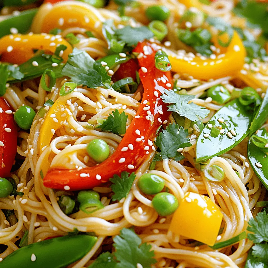 To make Minute Honey Sriracha Noodles, you will need fresh and tasty ingredients. Here’s a complete list: - 8 oz rice noodles - 3 tablespoons honey - 2 tablespoons Sriracha sauce - 1 tablespoon soy sauce - 2 tablespoons sesame oil - 1 clove garlic, minced - 1 inch ginger, grated - 1 cup mixed bell peppers, finely sliced (red, yellow, green) - 1/2 cup snap peas, trimmed - 2 green onions, chopped - Sesame seeds for garnish - Fresh cilantro (optional) for garnish These ingredients come together to create a simple, quick, and flavorful meal. The rice noodles provide a nice base. Honey adds sweetness, while Sriracha brings a spicy kick. Soy sauce gives depth, and sesame oil adds a nutty flavor. Garlic and ginger enhance the taste of the dish. The bell peppers add color and crunch, and snap peas give a fresh bite. Green onions provide a mild onion flavor, while sesame seeds and cilantro make perfect garnishes. Each element plays an important role in building layers of flavor. So gather these ingredients to whip up this delightful meal in no time! - Boiling water: Start by bringing a large pot of water to a rolling boil. This step is key for cooking the rice noodles right. - Cooking time: Add 8 oz of rice noodles to the boiling water. Cook them for about 3 to 4 minutes, or until they are soft but not mushy. - Rinsing noodles: Drain the noodles in a colander and rinse them under cold water. This stops the cooking and keeps the noodles from sticking. - Combining ingredients: In a small bowl, combine 3 tablespoons of honey, 2 tablespoons of Sriracha sauce, 1 tablespoon of soy sauce, 2 tablespoons of sesame oil, 1 clove of minced garlic, and 1 inch of grated ginger. - Whisking method: Whisk these ingredients together until they blend well. You want a smooth sauce that coats the noodles nicely. - Heat settings: In a large skillet or wok, heat a teaspoon of sesame oil over medium-high heat. This helps the veggies cook fast and stay crisp. - Cooking time for vegetables: Add 1 cup of mixed bell peppers and 1/2 cup of snap peas to the pan. Stir-fry them for about 2 to 3 minutes. They should be tender but still bright and crisp. - Tossing technique: Now, add the cooked rice noodles to the skillet with the sautéed vegetables. Pour the honey Sriracha sauce over everything. - Heating through: Toss everything together to coat the noodles and veggies. Heat this mixture for another 2 to 3 minutes until it's warm and fragrant. - Serving suggestions: Once done, remove the skillet from heat. Serve the noodles hot, garnished with chopped green onions, sesame seeds, and fresh cilantro if you like. Enjoy your quick and tasty meal! To make these noodles as spicy as you like, adjust the Sriracha. Start with one tablespoon if you prefer it mild. If you crave heat, add more! You can also try fresh chili peppers or chili flakes for a different kick. If you want to make this dish vegan, swap honey with maple syrup or agave nectar. These will give you that sweet taste without using animal products. You can also use tamari instead of soy sauce for gluten-free options. Save time by cooking in batches. You can make a larger amount of noodles and sauce ahead. Keep them in the fridge for easy meals later. Another time-saving hack is to prep your veggies in advance. This way, you can just toss them in the pan when you're ready to cook. {{image_2}} You can easily add protein to your Minute Honey Sriracha Noodles. Chicken, shrimp, or tofu work great. If you use chicken, cut it into small pieces. Cook it in the pan before adding the veggies. Shrimp cooks fast, so add it after the vegetables. Tofu is a nice option for vegans. Press it to remove water, then cube it. Sauté it until golden before mixing in. Adjust cooking times based on the protein you use. Chicken needs about 5-7 minutes, shrimp just 3-4 minutes, and tofu about 5 minutes. Feel free to swap out the vegetables. Broccoli, carrots, or zucchini are tasty choices. You can also use seasonal veggies. In spring, add asparagus or snap peas. In summer, cherry tomatoes or corn are nice. This keeps your meal fresh and fun. Try mixing different colors for a vibrant look. You’ll enjoy the different flavors and textures. If you want to change the noodles, many options exist. You can use whole wheat, soba, or udon noodles. Each type adds a unique taste. For gluten-free options, rice noodles are a perfect choice. You can also find gluten-free pasta. Just cook them according to package directions. This way, you can enjoy the dish no matter your dietary needs. To keep your Minute Honey Sriracha Noodles fresh, use airtight containers. Glass or plastic containers work well. Store leftovers in the fridge. The ideal temperature is below 40°F (4°C). This helps keep the flavors strong and the noodles safe to eat. When it's time to enjoy leftovers, you have a few options. The best method is to use a skillet. Heat it over medium heat and add a splash of water or oil. Stir the noodles often to warm them evenly. This way, you avoid sogginess. You can also use the microwave, but be careful. Heat in short bursts and stir in between. If you want to save some for later, freezing is a great option. First, let the noodles cool completely. Then, place them in freezer-safe bags or containers. Squeeze out as much air as possible. This helps prevent freezer burn. When you're ready to eat, thaw them overnight in the fridge. You can also use the microwave for quick thawing. Just remember to reheat them properly to keep the texture nice. Minute Honey Sriracha Noodles can last about 3 to 5 days in the fridge. Store them in an airtight container. This keeps the noodles fresh and tasty. Always check for any signs of spoilage before eating. Yes, you can use other noodles. Try udon, soba, or even spaghetti. Just adjust the cooking time based on the noodle type. Rice noodles give a nice texture, but feel free to experiment for your taste. These noodles pair well with many dishes. Try serving them with grilled chicken or shrimp. You can also add a side salad for crunch. These options balance the spicy flavors of the dish. This recipe can be gluten-free. Use gluten-free soy sauce instead of regular soy sauce. Be sure to check the labels on all ingredients. Rice noodles are naturally gluten-free, so you’re off to a good start! To prepare ahead, cook the noodles and sauce separately. Store them in the fridge until you’re ready to eat. When it's time, just heat them together in a pan. This keeps them fresh and delicious. This blog post showed how to make delicious Honey Sriracha Noodles. We covered the key ingredients, cooking steps, and expert tips. You can customize the dish with spice levels and protein options. Storing and reheating leftovers is easy too. Cooking this meal is simple and tasty. You now have all the tools to impress your friends and family with your cooking. Enjoy your flavorful noodles!