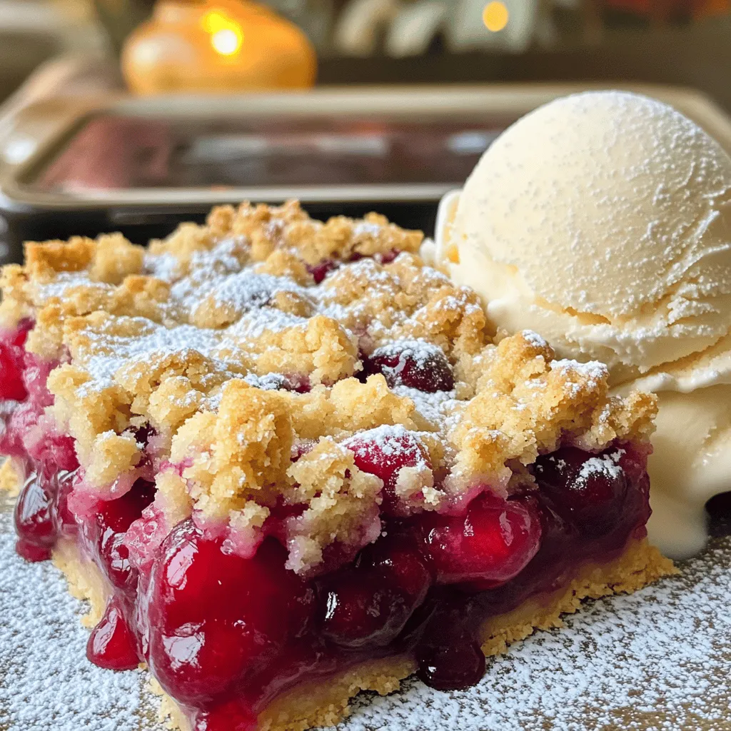 Here’s what you need to make Cherry Pie Crumble Bars. Gather these items for a fun baking session: - Fresh or frozen cherries: 2 cups - Granulated sugar: 1 cup - Lemon juice: 1 tablespoon - Cornstarch: 1 teaspoon - All-purpose flour: 1 ½ cups - Rolled oats: ½ cup - Brown sugar: ½ cup - Unsalted butter: ½ cup, cubed - Vanilla extract: 1 teaspoon - Baking powder: ½ teaspoon - Salt: ¼ teaspoon Each ingredient plays a key role in creating that perfect balance of sweet and tart. The cherries give a burst of flavor. Sugar adds sweetness. Lemon juice brightens everything up. Cornstarch helps thicken the cherry filling. The flour, oats, and brown sugar form a crumbly base and topping. Butter brings richness, while vanilla adds warmth. Baking powder helps the bars rise slightly, and salt enhances all the flavors. When gathering your ingredients, opt for fresh cherries if you can. They bring a bright taste. If not, frozen cherries work just as well. Each bite will be a delightful mix of textures and flavors. Enjoy the process of gathering these ingredients; it’s the first step to baked bliss! Start by combining the cherries with sugar, lemon juice, and cornstarch in a medium bowl. Mix them well, and then set this mixture aside. Let it sit for a bit. This time allows the cherries to release their juicy goodness. In a large bowl, mix the dry ingredients: flour, oats, brown sugar, baking powder, and salt. Make sure they are well combined. Next, add the cold, cubed butter and the vanilla extract. Use a pastry cutter or your fingers to blend the mixture. You want it to look like coarse crumbs. Remember to reserve one cup of this crumb mixture for the topping. Now, take the remaining crumb mixture and press it evenly into the bottom of your prepared baking dish. This will form the crust. Then, spread the cherry filling evenly over the crust. Finally, sprinkle the reserved crumb topping over the cherries. Make sure it covers them well. Preheat your oven to 350°F (175°C). Place the baking dish in the oven. Bake the bars for 30 to 35 minutes. You will know they are done when the topping is golden brown and the cherries are bubbling. Enjoy the delightful aroma filling your kitchen! To know when your Cherry Pie Crumble Bars are ready, look for a golden top. The edges should bubble slightly, and the filling should look thick and juicy. This usually takes about 30-35 minutes in the oven. Letting the bars cool before slicing is very important. If you cut them too soon, they might fall apart. Allow them to cool in the dish for at least 30 minutes. This helps the filling set up and makes for neat slices. The best serving temperature is warm or at room temperature. Serve them fresh from the oven for a cozy treat. You can also dust them with powdered sugar for a nice touch. Pairing these bars with ice cream or whipped cream takes them to the next level. The creaminess balances the tart cherries. Vanilla ice cream is a classic choice, but feel free to try others, like almond or caramel. If you face a soggy crust, it may be due to too much juice from the cherries. To fix this, make sure to drain excess liquid before adding the filling. You can also bake the crust alone for a few minutes before adding the filling. To ensure even baking, rotate your baking dish halfway through the bake time. This helps the heat spread out evenly. If you notice uneven browning, you can cover the top with foil for the last few minutes. {{image_2}} You can change the flavor of these bars easily. Instead of cherries, try blueberries or peaches. Each fruit gives a new taste and look. You can also add spices like cinnamon or nutmeg to give warmth. Just a pinch can change everything. You will love how these flavors blend. If you need a gluten-free version, it is simple. Use gluten-free flour instead of all-purpose flour. This swap lets everyone enjoy these tasty bars without worry. Make sure to check that your other ingredients are gluten-free too. With this change, you will still get a great texture and flavor. For a vegan treat, swap out butter for plant-based margarine. This keeps the rich taste while being animal-friendly. You can also replace eggs with a flaxseed mixture. Just mix one tablespoon of ground flaxseed with three tablespoons of water. Let it sit for a few minutes until it thickens. This works well in many recipes, including our crumble bars. With these easy swaps, everyone can enjoy a slice! To keep your Cherry Pie Crumble Bars fresh, use an airtight container. This helps lock in moisture and flavor. Place the bars in a single layer, if possible. You can also separate layers with parchment paper. This way, they don’t stick together. For long-term storage, freeze your bars. First, let them cool completely. Then, wrap them tightly in plastic wrap. After that, place them in an airtight container or a freezer bag. This method keeps them fresh for about three months. To thaw the bars, move them to the fridge overnight. If you need them faster, let them sit at room temperature for a couple of hours. Avoid using the microwave, as it can change the texture. In the fridge, these bars last about five days. They stay tasty and fresh for a week. If you freeze them, they can last up to three months. Always check for any signs of spoilage before eating. You can use flour or tapioca as a thickener. Both work well with cherries. If you choose flour, use about 1 tablespoon. For tapioca, use 2 teaspoons. Both help absorb juice without changing the flavor. Yes, you can use canned cherries. Drain the juice first. Canned cherries are often sweeter, so reduce the sugar by a few tablespoons. Taste the filling and adjust sugar as needed. Yes, you can make these bars ahead of time. Once baked, let them cool. Store them in an airtight container. They stay fresh for about three days at room temperature. Each bar has about 200 calories. They contain carbohydrates, sugars, and fats. You get some fiber from the oats and cherries, too. For a healthier option, serve with fresh fruit or yogurt. In this post, we explored how to make Cherry Pie Crumble Bars. We covered the ingredients, step-by-step instructions, and helpful tips. You learned about flavor variations and storage options too. These bars are easy to make and perfect for any occasion. Experiment with different fruits to find your favorite. Enjoy these treats fresh or store them for later. Happy baking!