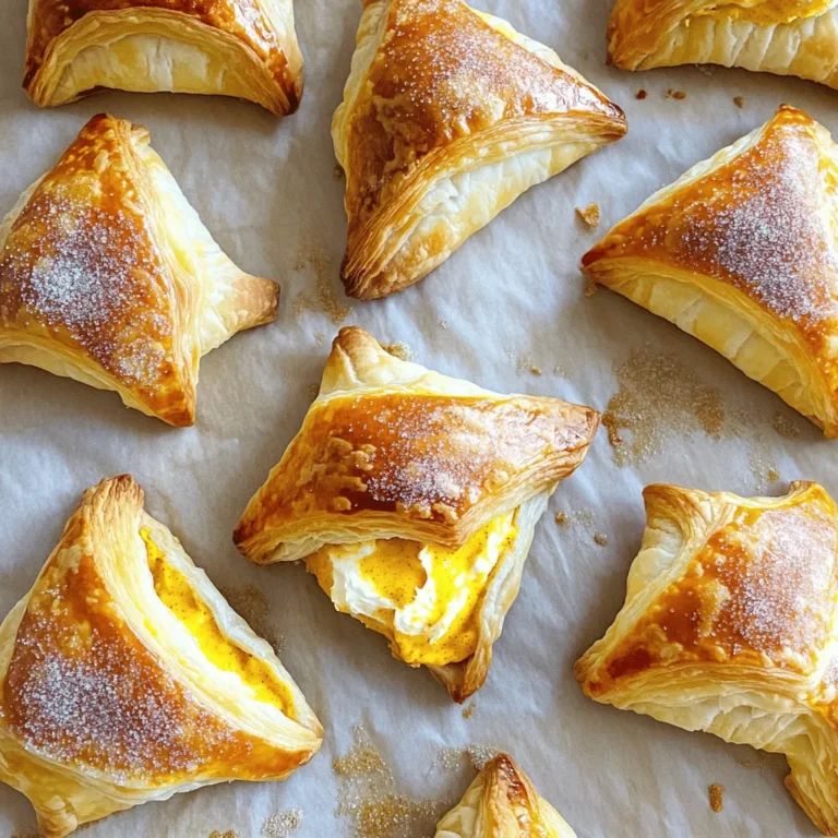 To make these tasty danish, you need: - 1 sheet of puff pastry, thawed - 8 oz cream cheese, softened - 1/2 cup pumpkin puree - 1/4 cup powdered sugar - 1 teaspoon vanilla extract - 1 teaspoon pumpkin spice blend - 1 egg, beaten (for egg wash) - 1 tablespoon coarse sugar (for topping) Using quality ingredients makes a big difference in flavor. Fresh cream cheese gives a rich taste. Pure pumpkin puree adds sweetness and moisture. Look for a good brand of pumpkin spice blend. This will enhance the warm, cozy flavor of the danish. Fresh puff pastry puffs up beautifully, creating a flaky texture. Always choose the best you can find for the best results. If you have allergies or dietary needs, there are some easy swaps. You can try dairy-free cream cheese for a vegan option. Use almond or oat milk in place of egg wash if you avoid eggs. For gluten-free options, look for gluten-free puff pastry. Pumpkin puree can be swapped with apple or sweet potato puree for a twist. Just remember, these swaps may change the taste or texture a bit. To make your Pumpkin Spice Cream Cheese Danish, start with easy steps. First, preheat your oven to 375°F (190°C). This temperature helps the pastry puff up nicely. Next, line a baking sheet with parchment paper, which keeps the danish from sticking. Now, take your puff pastry sheet. Roll it out on a floured surface. This smooths out any creases. Cut the pastry into six equal rectangles, each about 4x6 inches. In a bowl, mix together the cream cheese, pumpkin puree, powdered sugar, vanilla extract, and pumpkin spice blend. Stir until the mixture is smooth and creamy. Place a generous tablespoon of this pumpkin cream cheese filling in the center of each pastry rectangle. Leave some space around the edges. Fold the edges over the filling and pinch the corners to seal them well. Brush the tops with the beaten egg for a shiny look. Then, sprinkle coarse sugar on top for a crunchy finish. Arrange the filled pastries on the lined baking sheet. Now it's time to bake! Put them in the preheated oven and bake for 15-20 minutes. Look for a golden brown color and a puffed shape. Once done, take them out and let them cool slightly. Enjoy your delicious Pumpkin Spice Cream Cheese Danish warm! Puff pastry can be a bit tricky. Here are some tips to help you. - Keep it cold: Ensure the puff pastry stays cold. Warm dough does not puff well. - Flour your surface: Dust your work surface lightly with flour. This helps prevent sticking. - Roll gently: When rolling out, apply light pressure. You want to stretch, not flatten. - Seal properly: Pinch the edges well after filling. This keeps the filling from leaking out. A great filling makes all the difference. Follow these steps for a smooth blend. - Softened cream cheese: Always start with cream cheese at room temperature. This makes mixing easy. - Mix thoroughly: Combine cream cheese, pumpkin puree, powdered sugar, vanilla, and pumpkin spice well. - Taste test: After mixing, take a small taste. Adjust sweetness or spice to your liking. - Use a generous amount: Don’t be shy with the filling. A tablespoon in each pastry works best. Timing is key for the best results. Here are some essential tips. - Preheat your oven: Always preheat to 375°F (190°C). This ensures even baking. - Watch the clock: Bake for 15-20 minutes, but check at 15. Look for golden brown color. - Cooling time: Let the danish cool for 5 minutes before serving. This helps the filling set. - Serve warm: These pastries taste best warm. Consider serving with coffee or tea for a cozy treat. {{image_2}} You can be creative with fillings for your danish. Instead of pumpkin cream cheese, try these options: - Apple Pie Filling: Use canned or homemade apple pie filling. It adds a sweet and tart taste. - Maple Cream Cheese: Mix cream cheese with maple syrup for a rich flavor. - Cherry or Berry Jam: Spread some jam in the center for a fruity twist. - Nutella: For chocolate lovers, Nutella is a great choice. It adds richness and sweetness. These fillings change the taste while keeping the same flaky pastry. Feel free to mix and match for fun! Not a fan of pumpkin spice? No problem! Here are some alternatives: - Cinnamon Sugar: Use a mix of cinnamon and sugar for a warm flavor. - Ginger Spice: Add ground ginger to give a zesty touch. - Chai Spice: This mix of spices can bring a different dimension to your danish. - Vanilla Bean: For a simple twist, add vanilla bean paste to your filling. These options let you enjoy the danish all year. You can create your own flavor profile without pumpkin spice. When serving your pumpkin spice cream cheese danish, consider these ideas: - Coffee or Tea: A warm cup pairs well with the sweet danish. - Whipped Cream: A dollop of whipped cream can add a light and fluffy touch. - Fresh Fruit: Serve with sliced apples, pears, or berries for extra freshness. - Ice Cream: A scoop of vanilla ice cream makes it a dessert treat. These pairings enhance the overall experience. You can impress your guests with a great flavor balance! To keep your pumpkin spice cream cheese danish fresh, place it in an airtight container. This method keeps the danish moist and tasty. Store it in the fridge for up to three days. If you notice a change in texture or smell, it’s best to toss it. You can freeze the danish for later enjoyment. Wrap each danish tightly in plastic wrap. Then, place them in a freezer-safe bag. This way, they won’t get freezer burn. They can stay in the freezer for up to three months. When you’re ready to eat them, just thaw in the fridge overnight. To reheat your danish and keep it fresh, preheat your oven to 350°F (175°C). Place the danish on a baking sheet. Heat for about 10-15 minutes, or until warm. This method helps restore the crispness of the pastry. You can also use a microwave for quick heating, but the pastry may soften. Enjoy your danish warm for the best taste! People often ask about the best way to enjoy pumpkin spice cream cheese danish. These treats shine during fall, but you can enjoy them anytime! The mix of pumpkin and cream cheese makes a rich and sweet filling. The puff pastry adds a delightful crunch. Each bite is cozy and warm, perfect for chilly days. Yes, you can make these danishes ahead of time. Prepare the filling and pastries, then store them in the fridge. Just assemble them before baking. You can also freeze the unbaked danishes. Wrap them well in plastic wrap and foil. When ready, bake them straight from the freezer. This way, you save time and still enjoy fresh danishes. These danishes pair well with many treats. A warm cup of coffee or tea complements their sweetness. You can also serve them with whipped cream or a scoop of vanilla ice cream. Adding fresh fruit or a drizzle of caramel sauce can enhance the flavor. Enjoy them at breakfast or as a delightful snack. This blog post covered how to make Pumpkin Spice Cream Cheese Danish. We discussed quality ingredients and explored substitutes for allergens. The step-by-step instructions ensured you can create it with ease. I shared tips for perfect puff pastry and creamy filling. We also looked at fun variations and storage tips. Making this treat is simple and rewarding. You can impress friends and family with your tasty creation. Enjoy every bite and get creative with your own ideas!
