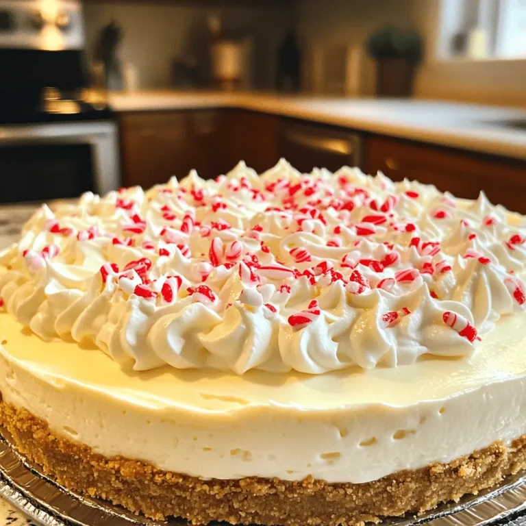 To make this No Bake White Chocolate Peppermint Cheesecake, you will need the following ingredients: - 8 oz cream cheese, softened - 1 cup white chocolate chips - 1 cup heavy whipping cream - 1/2 cup powdered sugar - 1 teaspoon peppermint extract - 1 teaspoon vanilla extract - 1 cup crushed peppermint candies (reserve some for garnish) - 1 pre-made graham cracker crust These ingredients create a rich and creamy cheesecake with a refreshing peppermint flavor. You might want to add some fun and festive touches to your cheesecake. Here are a few ideas: - Extra crushed peppermint candies on top - Whipped cream dollops - Chocolate shavings - Mini candy canes for decoration These garnishes can make your cheesecake look even more appealing and festive. If you need to make changes to the recipe, here are some easy swaps: - Use mascarpone cheese instead of cream cheese for a different flavor. - Swap white chocolate chips with milk chocolate chips for a sweeter taste. - Replace heavy cream with coconut cream for a dairy-free version. - Use granulated sugar in place of powdered sugar if needed. These substitutions can help you customize the cheesecake to fit your taste or dietary needs. Start by melting the white chocolate chips. Use a microwave-safe bowl. Heat the chips in 30-second bursts. Stir the chocolate every time you check it. Keep doing this until it is smooth. Once melted, set it aside to cool a bit. This helps keep your cheesecake creamy. Next, take a mixing bowl and add the softened cream cheese. Beat it for about 2-3 minutes. You want it to be creamy and smooth. Slowly add the powdered sugar, peppermint extract, and vanilla extract. Mix everything together until it is well combined. The mixture should be smooth and ready for the next step. In a separate bowl, whip the heavy cream until stiff peaks form. This usually takes about 3-5 minutes. Be careful not to over-whip it. Gently fold the melted white chocolate into the cream cheese mixture. Make sure it is fully mixed in. Now, carefully fold the whipped cream into this mixture. Use a gentle hand to keep it light and fluffy. Finally, add the crushed peppermint candies, saving some for later. Gently mix them in. Now, your cheesecake mixture is ready for the crust! To get the best texture, start with room temperature cream cheese. This makes mixing easy. When you melt the white chocolate, let it cool a bit before adding it to the cream cheese. If it's too hot, it can make the cream cheese melt. For the whipped cream, beat it until you see stiff peaks. This helps keep your cheesecake airy and light. Serve your cheesecake chilled. You can slice it into neat pieces or use a spoon for a scoop. Add some crushed peppermint candies on top for a pretty look. You can also drizzle some chocolate or caramel sauce for extra fun. If you want to make it more festive, add a sprig of mint or a sprinkle of edible glitter. Do not rush the chilling process. If you serve it too soon, it may fall apart. Make sure to fold the whipped cream gently. If you mix too hard, the cheesecake can lose its fluffiness. Also, remember to reserve some peppermint candy for the top. This small step makes a big difference in how it looks! {{image_2}} You can mix it up with flavors. Try adding raspberry puree for a fruity twist. A dash of orange zest can brighten the taste. For a richer flavor, use dark chocolate instead of white chocolate. You can even add a splash of coffee for a mocha touch. Each change gives a new spin to this treat! Want to make this cheesecake gluten-free? Use a gluten-free graham cracker crust. Many brands offer this option. Check the label to ensure it meets your needs. You can also make a crust from ground nuts or oats. This keeps it tasty and safe for gluten-free guests. Making individual servings is fun and easy! Use small cups or jars for each portion. Just layer the cheesecake mixture like a parfait. This way, everyone gets their own treat. Plus, it looks pretty on a table. You can also serve them at parties or gatherings for a cute touch. Store any leftover cheesecake in the fridge. Use an airtight container for best results. You can also cover it tightly with plastic wrap. This keeps the cheesecake fresh and tasty. Always refrigerate within two hours of serving. You can freeze this cheesecake for later use. First, slice the cheesecake into portions. Wrap each slice in plastic wrap, then place in a freezer bag. Remove as much air as you can. This prevents freezer burn. Enjoy within two months for the best taste. In the fridge, this cheesecake lasts about five days. If you freeze it, the shelf life extends to two months. Always check for signs of spoilage before eating. If it looks or smells off, it's best to discard it. Yes, you can use milk chocolate or dark chocolate. Each type brings a unique taste. Milk chocolate will make it sweeter. Dark chocolate will add a rich, bold flavor. Adjust the amount of sugar if you switch chocolate types. Keep in mind, the peppermint flavor shines best with white chocolate. The cheesecake needs at least 4 hours to set in the refrigerator. For the best taste, I recommend letting it chill overnight. This helps the flavors meld and the texture firm up nicely. A longer chill time makes slicing easier and gives you a smooth, creamy bite. You can try using Greek yogurt or mascarpone cheese. Both add creaminess, but the flavor will change. Greek yogurt gives a tangy taste, while mascarpone is mild and rich. If you choose these options, adjust the sugar to balance their flavors. This way, you can still enjoy a delicious cheesecake. This blog post covers all you need for a delicious cheesecake. You learned about key ingredients and fun garnishes. I shared step-by-step instructions, tips for the best texture, and potential mistakes to avoid. We explored various flavor options and how to store your treat. Finally, I answered common questions about substitutions and setting time. Now you have everything to create your perfect cheesecake. Enjoy your baking and let your creativity shine!