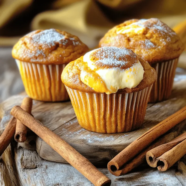 - 1 cup canned pumpkin puree - 1/2 cup cream cheese, softened - 1/2 cup granulated sugar - 1/4 cup brown sugar, packed - 1/2 cup vegetable oil - 2 large eggs - 1 teaspoon vanilla extract - 1 1/2 cups all-purpose flour - 1 teaspoon baking soda - 1/2 teaspoon baking powder - 1 teaspoon ground cinnamon - 1/2 teaspoon ground nutmeg - 1/4 teaspoon ground ginger - 1/4 teaspoon salt Each ingredient plays a key role in making these muffins great. The canned pumpkin puree gives moisture and flavor. The cream cheese adds a rich, creamy taste. The sugars sweeten the muffins, while the oil keeps them moist. Eggs bind everything together. The flour gives structure, and the baking soda and powder help them rise. Finally, the spices bring warmth and depth. If you want to tweak the recipe, here are some ideas: - Pumpkin puree: You can use mashed sweet potato instead. - Cream cheese: Substitute with Greek yogurt for a lighter option. - Granulated sugar: Use coconut sugar or honey. Just adjust the liquid in the recipe. - Vegetable oil: Use melted coconut oil or applesauce for less fat. - Eggs: Try flax eggs or chia eggs for a vegan version. - All-purpose flour: Use whole wheat flour for a heartier muffin. These swaps make the muffins unique while keeping them tasty! 1. First, preheat your oven to 350°F (175°C). Line a muffin tin with paper liners or grease it. 2. In a medium bowl, beat the softened cream cheese with an electric mixer. Mix until it is smooth. Add 1/4 cup of granulated sugar and set it aside. 3. In a large bowl, whisk together the canned pumpkin, vegetable oil, remaining sugar, brown sugar, eggs, and vanilla extract. Make sure it is well mixed. 4. In another bowl, sift the flour, baking soda, baking powder, cinnamon, nutmeg, ginger, and salt together. Slowly fold these dry ingredients into the pumpkin mixture. Do this until just combined. 5. Fill each muffin cup with half of the pumpkin batter. Then, add about a tablespoon of the cream cheese mixture on top of each. 6. Finish by adding the rest of the pumpkin batter over the cream cheese. Make sure it is completely covered. 7. Bake in the preheated oven for 18-20 minutes. Check by inserting a toothpick into the center. It should come out clean. - To check if the muffins are done, use a toothpick. Insert it in the center of a muffin. If it comes out clean, your muffins are ready. - If the toothpick has wet batter on it, bake for a few more minutes. - Let the muffins cool in the pan for about 5 minutes. Then, transfer them to a wire rack to cool completely. To get the best texture for your pumpkin cream cheese muffins, pay attention to your mixing. Mix the wet and dry ingredients separately. This helps avoid over-mixing, which can make the muffins tough. When you combine them, fold gently until just mixed. You want some lumps in the batter. This keeps the muffins light and fluffy. To boost the flavor, use fresh spices like cinnamon, nutmeg, and ginger. Freshly ground spices add a warm taste that dried ones can lack. You can also add a splash of maple syrup or a hint of orange zest for a twist. These additions make the muffins even more delicious and unique. One common mistake is skipping the cream cheese step. Don’t rush it! Mixing it well with sugar gives you a smooth filling. Also, make sure your baking powder and soda are fresh. Old leavening agents can cause your muffins to rise poorly. Lastly, keep an eye on the baking time. Every oven is different, so check at 18 minutes! {{image_2}} You can add fun ingredients to your pumpkin cream cheese muffins. For a nutty crunch, try adding 1/2 cup of chopped walnuts or pecans. You can also sprinkle in 1/2 cup of chocolate chips for a sweet twist. Both options make the muffins even tastier and add texture. If you want to make these muffins vegan, swap the eggs for 1/2 cup of unsweetened applesauce. Use a plant-based cream cheese for the filling. For the flour, choose a gluten-free blend. This way, everyone can enjoy these muffins without worry. Turning these muffins into mini versions is simple. Just fill the mini muffin tin with the same batter. Bake for about 10-12 minutes instead of the full time. These bite-sized treats are perfect for parties or snacks. They also cool faster, so you can enjoy them sooner! To keep your pumpkin cream cheese muffins fresh, store them properly. First, let the muffins cool completely. This helps avoid sogginess. Next, place them in an airtight container. You can also wrap them in plastic wrap. This keeps the muffins moist for a longer time. Store them at room temperature for up to three days. If you want to save them longer, consider freezing. Freezing muffins is easy and a great way to save them. Start by cooling the muffins completely. Then, wrap each muffin in plastic wrap. Place the wrapped muffins in a freezer bag or a container. Make sure to remove as much air as possible. Label the bag with the date. Frozen muffins can last for about three months. When you are ready to eat them, just take them out and let them thaw. Reheating your muffins is simple. You can use a microwave or an oven. For the microwave, place a muffin on a plate. Heat it for about 15-20 seconds. This warms it up nicely. If you prefer the oven, preheat it to 350°F (175°C). Place the muffins on a baking sheet and heat for about 10 minutes. This brings back the fresh-baked taste. Enjoy your warm muffins with a cup of coffee or tea. Pumpkin cream cheese muffins last about 3 to 5 days at room temperature. Keep them in an airtight container to keep them fresh. If you want them to last longer, store them in the fridge for up to a week. You can also freeze them for up to three months. Just wrap them well in plastic wrap and then put them in a freezer bag. Yes, you can use fresh pumpkin. First, you need to cook and puree the pumpkin. Make sure to use a sugar pumpkin or pie pumpkin for the best taste. After cooking, let it cool before measuring. One cup of fresh pumpkin will equal one cup of canned pumpkin in the recipe. These muffins are great on their own, but you can add some fun options. Try serving them with a warm cup of coffee or chai tea. A dollop of whipped cream or a smear of extra cream cheese makes them even better. For a cozy touch, pair them with apple cider or hot chocolate. You can also display them on a wooden board with cinnamon sticks for a nice look. In this article, we covered key parts of making delicious muffins. We looked at ingredients, measurements, and substitutions. You learned step-by-step how to prepare and bake them perfectly. Tips helped you avoid common mistakes and enhance flavors. We also explored fun variations and storage methods. Keep this guide handy for baking success. Enjoy your muffins fresh or frozen, and share your tasty creations!