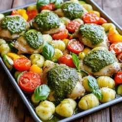 - 4 boneless, skinless chicken thighs - 1 pound gnocchi (store-bought or homemade) - 1 cup cherry tomatoes, halved - 1 bell pepper, sliced (red, yellow, or orange) - 1 zucchini, chopped - 4 tablespoons pesto (store-bought or homemade) - 2 tablespoons olive oil - Salt and pepper to taste - Fresh basil leaves for garnish - Grated Parmesan cheese for serving When I think about the flavor boost in this dish, the main ingredients stand out. The chicken thighs provide a juicy base. They soak up all the flavors well. Gnocchi adds a unique, chewy texture that pairs perfectly with the chicken. Fresh vegetables like cherry tomatoes, bell peppers, and zucchini bring color and nutrition. Each ingredient adds a layer of taste. For seasoning, pesto is a game-changer. It brings a burst of freshness and herb flavor. Using high-quality olive oil enhances the dish further. Salt and pepper are essential, too. They balance the flavors and make everything pop. Don’t forget the optional garnishes! Fresh basil leaves give a vibrant touch. Grated Parmesan cheese adds a salty richness. Together, they elevate the dish and make it look gorgeous. - Preheat your oven to 400°F (200°C). This step is key for even cooking. - Prepare the chicken by placing the thighs on a large sheet pan. Drizzle one tablespoon of olive oil over them. Season with salt, pepper, and half of the pesto. Make sure the chicken gets a good coating. - In a mixing bowl, combine the gnocchi, cherry tomatoes, bell pepper, and zucchini. Add the remaining olive oil. Season this mix with salt and pepper. Toss in the rest of the pesto until all the ingredients are well coated. - Spread the gnocchi and vegetables evenly around the chicken on the sheet pan. This helps everything cook evenly. - Bake in the preheated oven for 25-30 minutes. The chicken should reach an internal temperature of 165°F (75°C). The gnocchi will turn golden and slightly crispy. To check if your chicken is done, use a meat thermometer. The safe internal temperature is 165°F (75°C). Insert the thermometer into the thickest part of the thigh. If it reads 165°F, your chicken is ready. For seasoning, I like to use salt and pepper. This adds flavor without overpowering the dish. Coat your chicken with half the pesto before cooking. This keeps it juicy and adds great taste. To get crispy gnocchi, use a hot oven. Bake at 400°F (200°C) for a nice golden color. Make sure to spread the gnocchi out on the pan. This helps them crisp up and not stick together. Avoid soggy vegetables by not overcrowding the pan. Leave space between each piece. This way, they roast instead of steam, keeping their crunch. For sides, a simple green salad pairs well. The freshness balances the rich flavors of the dish. You can also serve garlic bread for a cozy touch. For drinks, try a light white wine, like Sauvignon Blanc. It complements the pesto and chicken nicely. If you prefer non-alcoholic, a sparkling water with lemon works great! {{image_2}} You can change the protein in this dish. Try turkey or tofu for a twist. Both options bring unique flavors to the table. Switch up your veggies too. Asparagus or broccoli can add a nice crunch. They cook well with the chicken and gnocchi. Spices can take your meal to the next level. Add red pepper flakes for a kick. Just a pinch can make a big difference in taste. You can also experiment with different types of pesto. Basil pesto is classic, but sun-dried tomato or arugula pesto works great too. Each brings a new flavor profile to your dish. If you want to make this dish gluten-free, look for gluten-free gnocchi. Many brands offer tasty options that fit the bill. For a dairy-free version, skip the Parmesan cheese or use a dairy-free alternative. You can still enjoy a rich flavor without dairy. You can keep Sheet Pan Pesto Chicken and Gnocchi in the fridge for about 3-4 days. To store it well, use airtight containers. This helps keep the food fresh and tasty for your next meal. Freezing leftovers is a great option if you want to save some for later. Let the dish cool completely first. Then, place it in freezer-safe containers. Make sure to label with the date. You can freeze it for up to 2-3 months. When you’re ready to eat, thaw it overnight in the fridge. For the best taste, reheat in the oven. Preheat your oven to 350°F (175°C). Place the dish in an oven-safe dish and cover it with foil. Heat for about 20-25 minutes. This method keeps the chicken juicy and the gnocchi crispy. You can also use a microwave, but it may make the gnocchi soft. If using a microwave, heat in 1-minute bursts until warm. Enjoy your meal! Making this dish takes about 40 minutes. You need 10 minutes for prep and 25-30 minutes to cook. This quick time makes it great for busy nights. You can easily have a tasty meal ready in no time. Yes, you can use homemade pesto. Homemade pesto tastes fresh and bright. It allows you to control the ingredients. You can adjust the flavors to your liking. Store-bought pesto is quick and easy, but may contain preservatives. If you have time, I always recommend making your own. This dish pairs well with a simple green salad. A light vinaigrette will balance the meal. You could also serve crusty bread to soak up the sauce. Roasted vegetables add extra color and flavor. For drinks, a crisp white wine works nicely. This article covered how to make a tasty sheet pan pesto chicken and gnocchi dish. You learned about the key ingredients, like chicken thighs, gnocchi, and fresh veggies. We walked through preparation, mixing, and baking steps to ensure perfect results. In closing, don’t hesitate to mix and match ingredients. Experiment with flavors and enjoy your meal. Try these tips to keep your dish fresh and delicious, whether you serve it right away or store leftovers. Happy cooking!