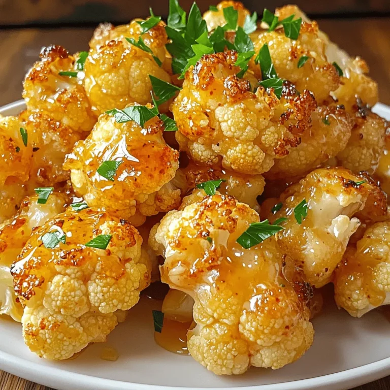 - 1 medium head of cauliflower - 3 tablespoons honey - 3 tablespoons olive oil - 4 cloves garlic, minced - 1 teaspoon soy sauce - 1 teaspoon paprika - 1/2 teaspoon salt - 1/4 teaspoon black pepper - Fresh parsley for garnish To make honey garlic roasted cauliflower, you need a few key ingredients. Start with one medium head of cauliflower. Cut it into bite-sized florets. These florets soak up the sauce well. Next, you need three tablespoons of honey. Honey gives the dish its sweet touch. Then, add three tablespoons of olive oil. This oil helps the cauliflower roast nicely. For flavor, use four cloves of garlic, minced. Garlic adds a great taste. Also, include one teaspoon of soy sauce. This gives a savory depth. One teaspoon of paprika adds warmth and color. Don’t forget the seasoning! Use half a teaspoon of salt and a quarter teaspoon of black pepper. These spices balance the sweetness and enhance the flavor. Lastly, fresh parsley makes a lovely garnish. It adds a pop of color and freshness. All these ingredients come together to create a delicious side dish. First, preheat your oven to 425°F (220°C). This helps the cauliflower cook evenly. Next, grab a baking sheet and line it with parchment paper. This will keep your florets from sticking. In a large bowl, whisk together the sauce ingredients. Combine 3 tablespoons of honey, 3 tablespoons of olive oil, and 4 minced cloves of garlic. Add 1 teaspoon of soy sauce, 1 teaspoon of paprika, 1/2 teaspoon of salt, and 1/4 teaspoon of black pepper. Mix until smooth. This sauce adds great flavor to the cauliflower. Now, take your medium head of cauliflower and cut it into bite-sized florets. Place the florets in the bowl with the honey garlic sauce. Toss them gently until all the pieces are coated. Make sure every floret gets some sauce. This step is key for even flavor. Spread the coated florets on the prepared baking sheet. Arrange them in a single layer so they roast well. Place the sheet in the oven and roast for 25-30 minutes. Stir the florets halfway to ensure they brown evenly. The cauliflower is ready when it turns golden brown and is tender. Enjoy the wonderful aroma as it cooks! To get the best roast, you need to control your oven temperature. Set it to 425°F (220°C). This heat helps the cauliflower get crispy on the outside and soft on the inside. Spacing is also key. Spread the florets on the baking sheet. Make sure they are in a single layer. This way, they cook evenly. If they are too close, they will steam instead of roast. You can enhance the flavor with extra spices. Consider adding a pinch of cayenne for heat. A bit of cumin can add a nice earthy taste. Adjust sweetness to your liking. If you want it sweeter, add a touch more honey. For a more balanced flavor, reduce the honey to suit your taste. Garnishing adds a pop of color. Fresh parsley works great for this dish. Just chop it fine and sprinkle on top. Think about how you serve it. This roasted cauliflower pairs well with grilled chicken or fish. You can also serve it with a dip like ranch or yogurt sauce. Enjoy it as a side or a main dish! {{image_2}} If you want a different sweet taste, try using maple syrup or agave nectar. Both options add a nice flavor. Maple syrup gives a rich, earthy taste. Agave nectar is milder and blends well. You can swap these for honey in the same amount. While cauliflower shines in this dish, other veggies work well too. Broccoli florets can add a nice crunch and color. Brussels sprouts also roast nicely with this marinade. Even carrots or bell peppers can absorb those sweet and savory flavors. You can easily make this dish vegan. Just replace honey with maple syrup or agave. This keeps the sweetness while staying plant-friendly. For gluten-free needs, use tamari instead of soy sauce. This way, everyone can enjoy this tasty side dish without worry. After making honey garlic roasted cauliflower, let it cool for about 10 minutes. This cooling helps keep the texture. Once cool, transfer the cauliflower to an airtight container. Use a container that fits the amount you have. This keeps it fresh for later. In the refrigerator, honey garlic roasted cauliflower lasts for about 3 to 5 days. Make sure your fridge is at the right temperature to help it stay good. Check for any signs of spoilage before eating. To reheat, use the oven for the best results. Preheat your oven to 350°F (175°C). Spread the cauliflower on a baking sheet and heat for about 10-15 minutes. This helps keep it crispy. You can also use a microwave, but it may make it softer. If you choose the microwave, heat in short bursts to avoid overcooking. Yes, you can use frozen cauliflower. However, fresh cauliflower gives a better texture. If you use frozen, thaw it first. Pat it dry to remove excess moisture. This helps the cauliflower roast well. The cauliflower is done when it is golden brown and tender. This usually takes about 25-30 minutes at 425°F. You can check by piercing a floret with a fork. It should be soft but not mushy. Honey garlic roasted cauliflower pairs well with many dishes. Try it with grilled chicken, fish, or tofu. It also complements rice or quinoa nicely. You can serve it as a side for any meal. Yes, you can prepare this dish ahead of time. Roast the cauliflower and store it in the fridge. Reheat it in the oven before serving. This keeps the flavors and texture great. This blog post covers a tasty honey garlic roasted cauliflower recipe. You learned about the main ingredients, easy steps for cooking, and tips for the best roast. I shared variations to suit different diets and how to store leftovers well. Try this dish for a simple, delicious side. Enjoy making it your own by adding flavors you love. With these tips, you'll impress anyone at your table. Happy cooking!