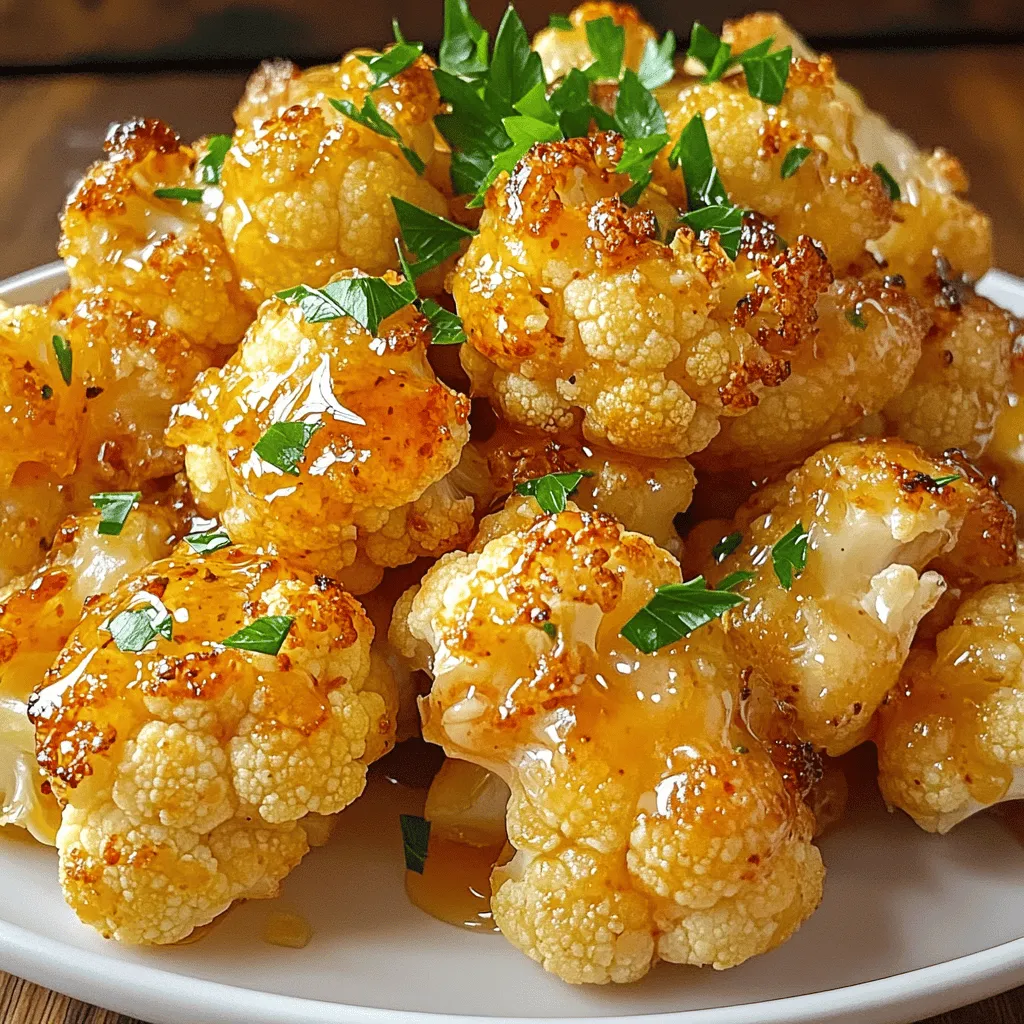 - 1 medium head of cauliflower - 3 tablespoons honey - 3 tablespoons olive oil - 4 cloves garlic, minced - 1 teaspoon soy sauce - 1 teaspoon paprika - 1/2 teaspoon salt - 1/4 teaspoon black pepper - Fresh parsley for garnish To make honey garlic roasted cauliflower, you need a few key ingredients. Start with one medium head of cauliflower. Cut it into bite-sized florets. These florets soak up the sauce well. Next, you need three tablespoons of honey. Honey gives the dish its sweet touch. Then, add three tablespoons of olive oil. This oil helps the cauliflower roast nicely. For flavor, use four cloves of garlic, minced. Garlic adds a great taste. Also, include one teaspoon of soy sauce. This gives a savory depth. One teaspoon of paprika adds warmth and color. Don’t forget the seasoning! Use half a teaspoon of salt and a quarter teaspoon of black pepper. These spices balance the sweetness and enhance the flavor. Lastly, fresh parsley makes a lovely garnish. It adds a pop of color and freshness. All these ingredients come together to create a delicious side dish. First, preheat your oven to 425°F (220°C). This helps the cauliflower cook evenly. Next, grab a baking sheet and line it with parchment paper. This will keep your florets from sticking. In a large bowl, whisk together the sauce ingredients. Combine 3 tablespoons of honey, 3 tablespoons of olive oil, and 4 minced cloves of garlic. Add 1 teaspoon of soy sauce, 1 teaspoon of paprika, 1/2 teaspoon of salt, and 1/4 teaspoon of black pepper. Mix until smooth. This sauce adds great flavor to the cauliflower. Now, take your medium head of cauliflower and cut it into bite-sized florets. Place the florets in the bowl with the honey garlic sauce. Toss them gently until all the pieces are coated. Make sure every floret gets some sauce. This step is key for even flavor. Spread the coated florets on the prepared baking sheet. Arrange them in a single layer so they roast well. Place the sheet in the oven and roast for 25-30 minutes. Stir the florets halfway to ensure they brown evenly. The cauliflower is ready when it turns golden brown and is tender. Enjoy the wonderful aroma as it cooks! To get the best roast, you need to control your oven temperature. Set it to 425°F (220°C). This heat helps the cauliflower get crispy on the outside and soft on the inside. Spacing is also key. Spread the florets on the baking sheet. Make sure they are in a single layer. This way, they cook evenly. If they are too close, they will steam instead of roast. You can enhance the flavor with extra spices. Consider adding a pinch of cayenne for heat. A bit of cumin can add a nice earthy taste. Adjust sweetness to your liking. If you want it sweeter, add a touch more honey. For a more balanced flavor, reduce the honey to suit your taste. Garnishing adds a pop of color. Fresh parsley works great for this dish. Just chop it fine and sprinkle on top. Think about how you serve it. This roasted cauliflower pairs well with grilled chicken or fish. You can also serve it with a dip like ranch or yogurt sauce. Enjoy it as a side or a main dish! {{image_2}} If you want a different sweet taste, try using maple syrup or agave nectar. Both options add a nice flavor. Maple syrup gives a rich, earthy taste. Agave nectar is milder and blends well. You can swap these for honey in the same amount. While cauliflower shines in this dish, other veggies work well too. Broccoli florets can add a nice crunch and color. Brussels sprouts also roast nicely with this marinade. Even carrots or bell peppers can absorb those sweet and savory flavors. You can easily make this dish vegan. Just replace honey with maple syrup or agave. This keeps the sweetness while staying plant-friendly. For gluten-free needs, use tamari instead of soy sauce. This way, everyone can enjoy this tasty side dish without worry. After making honey garlic roasted cauliflower, let it cool for about 10 minutes. This cooling helps keep the texture. Once cool, transfer the cauliflower to an airtight container. Use a container that fits the amount you have. This keeps it fresh for later. In the refrigerator, honey garlic roasted cauliflower lasts for about 3 to 5 days. Make sure your fridge is at the right temperature to help it stay good. Check for any signs of spoilage before eating. To reheat, use the oven for the best results. Preheat your oven to 350°F (175°C). Spread the cauliflower on a baking sheet and heat for about 10-15 minutes. This helps keep it crispy. You can also use a microwave, but it may make it softer. If you choose the microwave, heat in short bursts to avoid overcooking. Yes, you can use frozen cauliflower. However, fresh cauliflower gives a better texture. If you use frozen, thaw it first. Pat it dry to remove excess moisture. This helps the cauliflower roast well. The cauliflower is done when it is golden brown and tender. This usually takes about 25-30 minutes at 425°F. You can check by piercing a floret with a fork. It should be soft but not mushy. Honey garlic roasted cauliflower pairs well with many dishes. Try it with grilled chicken, fish, or tofu. It also complements rice or quinoa nicely. You can serve it as a side for any meal. Yes, you can prepare this dish ahead of time. Roast the cauliflower and store it in the fridge. Reheat it in the oven before serving. This keeps the flavors and texture great. This blog post covers a tasty honey garlic roasted cauliflower recipe. You learned about the main ingredients, easy steps for cooking, and tips for the best roast. I shared variations to suit different diets and how to store leftovers well. Try this dish for a simple, delicious side. Enjoy making it your own by adding flavors you love. With these tips, you'll impress anyone at your table. Happy cooking!