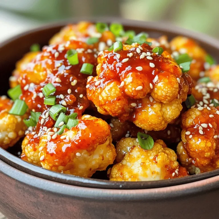 - 1 large head of cauliflower, cut into bite-sized florets - 1 cup all-purpose flour - 1/2 cup cornstarch - 1/2 cup gochujang (Korean chili paste) Cauliflower is the star of this dish. It provides a great texture and absorbs flavors well. The all-purpose flour gives the wings a nice crunch. Cornstarch helps achieve that golden crispiness everyone loves. Gochujang adds a sweet and spicy kick, making it essential for our sauce. - 1 teaspoon garlic powder - 1 tablespoon sesame oil - 2 tablespoons soy sauce - 1/4 cup honey or maple syrup Garlic powder adds a savory depth. Sesame oil gives a nutty flavor that complements the dish. Soy sauce brings saltiness and umami. Honey or maple syrup adds sweetness, balancing the heat from gochujang. - 1 tablespoon sesame seeds - Green onions, chopped Sesame seeds add crunch and a hint of nuttiness. Chopped green onions provide freshness and a pop of color. These garnishes make your dish look appealing and taste even better. - Rinse and Cut: Start by rinsing your cauliflower under cold water. This helps remove dirt and keeps it fresh. Cut the cauliflower into bite-sized florets. Aim for pieces about the same size for even cooking. - Ensuring Even Size: Uniform size matters. It helps each piece cook at the same rate. If some pieces are large, they may not get as crispy. - Combining Dry Ingredients: In a bowl, mix 1 cup of all-purpose flour, 1/2 cup of cornstarch, 1 teaspoon of garlic powder, 1 teaspoon of onion powder, 1/2 teaspoon of salt, and 1/4 teaspoon of black pepper. Stir until they blend well. - Adding Water to Batter: Gradually add 1 cup of cold water to the dry mix. Whisk it until smooth. The batter should be thick but pourable. - Preheating the Air Fryer: Set your air fryer to 375°F (190°C). Preheating is key for a crispy texture. - Cooking Times and Techniques: Arrange the battered florets in a single layer in the basket. You may need to cook in batches. Air fry for 15-20 minutes. Shake the basket halfway through cooking. This helps them crisp up evenly. - Combining Sauce Ingredients: In a separate bowl, mix 1/2 cup of gochujang, 1/4 cup of honey or maple syrup, 2 tablespoons of soy sauce, 1 tablespoon of rice vinegar, and 1 tablespoon of sesame oil. Stir until smooth. - Adjusting for Heat or Sweetness: Taste the sauce. If you like it spicier, add more gochujang. If you want it sweeter, add more honey. - Coating the Cauliflower Wings: Once the wings are done, transfer them to a large bowl. Pour the BBQ sauce over the hot cauliflower. Toss them gently until fully coated. - Best Serving Practices: For a beautiful finish, sprinkle with sesame seeds and chopped green onions. Serve warm for the best taste. Enjoy these wings as a main dish or an appetizer! Air Fryer Temperature Tips Set your air fryer to 375°F (190°C). This heat cooks the cauliflower well. It helps the batter turn crispy. I find this temperature makes a huge difference. If it's too low, the wings become soggy. Cooking in Batches Do not overcrowd the air fryer. If you pile the cauliflower, they won't crisp up. Cook them in batches instead. This way, every piece gets enough hot air. You’ll love the crunchiness that comes from this method. Spice Adjustments Want more heat? Add extra gochujang to your batter or sauce. You can also mix in some chili flakes for an extra kick. If you prefer a milder taste, use less gochujang. Always taste your sauce as you mix. Additional Garnishes Garnish with chopped green onions and sesame seeds. These add great flavor and color. You can also try adding crushed peanuts for a crunchy twist. Feel free to get creative with your garnishes! Batter Consistency If your batter is too thick, add a bit more cold water. The right thickness helps coat the cauliflower well. If it’s too runny, add a little flour or cornstarch. You want it to cling to the florets but not drip off. Cooking Time Adjustments Every air fryer works a bit differently. If your wings aren't golden after 15-20 minutes, check them. You may need a few extra minutes. Just keep an eye on them to avoid burning. Perfect timing leads to perfect wings! {{image_2}} You can change the flavor of your Air Fryer Korean BBQ Cauliflower Wings. Here are two fun ideas: - Spicy Garlic Variation: Add more garlic powder and a bit of red pepper flakes. This gives the wings a nice kick. Mix these into the batter before you coat the cauliflower. It makes each bite spicy and full of flavor. - Sweet and Sour Version: For a twist, use pineapple juice instead of water in the batter. You can also add a splash of rice vinegar to the BBQ sauce. This gives the wings a sweet and tangy taste that balances the heat of gochujang. You can easily adapt these wings to fit your diet. - Gluten-Free Substitutions: Use gluten-free all-purpose flour instead of regular flour. This keeps the texture the same while making it safe for gluten-free diets. Tamari can replace soy sauce to keep the dish gluten-free. - Vegan-Friendly Options: Use maple syrup in place of honey for a vegan option. This keeps the wings sweet without using animal products. Make sure to check your gochujang for any non-vegan ingredients. These wings are great on their own, but you can make them even better. - Pairing with Dips: Serve with a side of soy sauce or a spicy mayo. These dips add extra flavor to the wings. You can also try a cool yogurt dip to balance the heat. - Side Dish Ideas: Serve the wings with a crisp salad or steamed rice. Both pair well and make for a full meal. You can also add some pickled vegetables for a fun crunch. To keep your Air Fryer Korean BBQ Cauliflower Wings fresh, store them in the fridge. Place the wings in an airtight container. They can stay fresh for about 3 to 4 days. When you want to eat them again, reheating is easy. Preheat your air fryer to 350°F (175°C). Heat the wings for about 5 to 7 minutes. This keeps them crispy and tasty. If you want to save them longer, freezing is a great choice. First, let the wings cool completely. Place them in a freezer-safe container or a zip-top bag. Remove as much air as possible to prevent freezer burn. They can last up to 3 months in the freezer. When you're ready to enjoy them, thaw the wings in the fridge overnight. You can also use the microwave for quick thawing. After thawing, reheat in the air fryer as mentioned above. To keep your wings at their best, use good containers. Glass or BPA-free plastic containers work well. Make sure they are airtight to keep out moisture and air. Knowing how long they last is key. In the fridge, they are best within 4 days. In the freezer, they stay good for 3 months. Following these tips helps you enjoy your delicious Air Fryer Korean BBQ Cauliflower Wings for longer! To make the wings extra crispy, first, check your air fryer settings. Set it to 375°F (190°C). This temperature helps the batter cook evenly. Next, use a light coating of oil on the basket. It prevents sticking and adds crispiness. When cooking, shake the basket halfway through. This action ensures even cooking and browning all over. If you want an even crispier texture, try air frying in small batches. Less crowded wings cook better. Yes, you can use frozen cauliflower. However, you need to make some cooking adjustments. First, thaw the cauliflower completely. Pat it dry with a towel to remove extra moisture. A dry floret helps the batter stick better. Next, you may need to add a few extra minutes to the cooking time. Check for a golden color and crispy texture. For the best results, use fresh cauliflower when possible. It gives a better crunch and flavor. If you don't have gochujang, there are some alternative sauces you can try. Sriracha or chili paste works well for heat. Mix in a bit of sugar to mimic the sweetness of gochujang. You can also use a mix of miso paste and hot sauce. This option gives a unique flavor profile. Feel free to customize the flavor. Experiment with what you have in your kitchen to find your favorite mix! This post covers how to make delicious cauliflower wings. We included fresh ingredients, like cauliflower and gochujang. You learned step-by-step instructions for preparing, cooking, and serving. Use our tips for crispiness and troubleshooting. Experiment with variations and storage ideas to enjoy later. Dive into this tasty recipe and make it your own! Your culinary adventure starts with a simple head of cauliflower. Happy cooking!