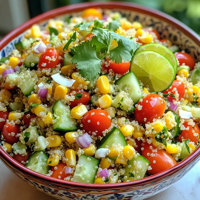 - 1 cup quinoa - 2 cups coconut water - 1 cup cherry tomatoes, halved - 1 cucumber, diced - 1 red bell pepper, diced - 1 cup corn (fresh or canned) - 1/2 cup red onion, finely chopped - 1/4 cup fresh cilantro, chopped - Zest and juice of 2 limes - 1 tablespoon olive oil - Salt and pepper to taste - Optional: 1 avocado, diced To make a fresh and tasty Coconut Lime Quinoa Salad, you need some special ingredients. First, the quinoa acts as the main base. It has a nice texture and absorbs flavors well. You will also need coconut water. This adds a hint of sweetness and a tropical twist. Fresh vegetables make this salad lively. Cherry tomatoes bring sweetness and color. A diced cucumber adds crunch and freshness. The red bell pepper gives a nice pop of flavor. Corn, either fresh or canned, adds a sweet bite. Red onion adds a bit of sharpness, while cilantro adds a fresh herb taste. For seasoning, you will need lime juice and zest. This gives the salad a bright and zesty flavor. Olive oil adds richness and helps bind the ingredients together. Don’t forget to add salt and pepper to taste. If you want to add creaminess, you can include diced avocado. It makes the salad even better. These ingredients come together to create a salad that is not just healthy but also fun to eat! To start, you will need a medium saucepan. Combine 1 cup of rinsed quinoa with 2 cups of coconut water. This mix gives your quinoa a sweet and tropical flavor. Place the saucepan on the stove over medium-high heat. Bring it to a boil. Once it starts boiling, reduce the heat to low. Cover the saucepan and let it simmer for about 15 minutes. The quinoa will absorb the coconut water and become fluffy. After cooking, remove it from the heat and let it sit for 5 minutes. Then, fluff it with a fork to separate the grains. While the quinoa cooks, it’s time to chop your veggies. Grab a large mixing bowl and add the following ingredients: - 1 cup cherry tomatoes, halved - 1 cucumber, diced - 1 red bell pepper, diced - 1 cup corn (you can use fresh or canned) - 1/2 cup red onion, finely chopped - 1/4 cup fresh cilantro, chopped Mix these colorful vegetables well. They add crunch, flavor, and a beautiful look to your salad. Now, combine your cooked quinoa with the vegetable mix in the large bowl. This step is key! It brings all the flavors together. Next, make a simple lime dressing. In a small bowl, whisk together: - Zest and juice of 2 limes - 1 tablespoon olive oil - Salt and pepper to taste Drizzle this dressing over your quinoa and veggies. Toss everything gently until it is well coated. If you want creaminess, fold in 1 diced avocado just before serving. This will make your salad even more delightful! To get your quinoa just right, rinse it well. Place the quinoa in a fine mesh strainer. Run cold water over it for about 1-2 minutes. This step removes any bitter taste. For perfect texture, cook quinoa with a 2:1 ratio of liquid to quinoa. Bring it to a boil, then lower the heat. Cover and simmer for around 15 minutes. Let it sit covered for 5 extra minutes. Fluff it gently with a fork afterward. Want to boost the taste? Try adding fresh herbs like mint or basil. They bring a bright twist to the salad. You can also sprinkle in spices like cumin or paprika for depth. Adjust the acidity by squeezing in more lime juice. This extra zing lifts the whole dish. Taste as you go to find your perfect balance. For a beautiful presentation, use a large, colorful bowl. Serve individual portions for a nice touch. Top each serving with a sprig of cilantro and a lime wedge. For a fresh look, add diced avocado on top. It adds creaminess and makes the salad pop. Keep it fun and inviting! {{image_2}} You can boost your salad with protein. Add chickpeas for a plant-based option. Black beans will add a nice texture. If you prefer meat, grilled chicken works great too. These additions make the dish more filling. They also enhance the flavor and nutrition. This salad is easy to adapt for different diets. To make it vegan, skip the avocado if you're not using it. For gluten-free needs, quinoa is already a safe choice. Just ensure any canned ingredients are gluten-free. Simple swaps keep everyone happy and healthy. Using seasonal veggies adds freshness. In summer, try adding fresh corn or bell peppers. In autumn, roasted squash or sweet potatoes are tasty. You can also include greens like spinach or kale in spring. These swaps keep the salad vibrant and fun all year long. To keep your Coconut Lime Quinoa Salad fresh, store it in an airtight container. Make sure to seal it well. This will help avoid any unwanted smells or flavors from your fridge. Keep your salad in the fridge for up to three days. If you add avocado, eat it within a day. The avocado can brown quickly. Can you freeze Coconut Lime Quinoa Salad? Yes, but it may change texture. Quinoa can freeze well, but fresh veggies do not. For best results, freeze only the quinoa. Let it cool completely, then place it in a freezer bag. Remove as much air as possible before sealing. You can keep it frozen for up to three months. When ready to eat, thaw the quinoa in the fridge overnight. The typical duration for keeping the salad refrigerated is around three days. After that, it may lose its taste and freshness. Always check for any signs of spoilage before eating. If it smells off or looks slimy, it’s best to discard it. Enjoy your delicious salad while it’s fresh for the best flavors! Yes, you can use regular water. However, it will change the flavor. Coconut water adds a sweet, nutty taste. It also gives a unique texture to the quinoa. If you want that tropical vibe, stick with coconut water. To make this salad ahead, cook the quinoa first. Allow it to cool before mixing. You can chop the veggies and store them separately. When ready to serve, mix everything together. This keeps the salad fresh and crunchy. Add the dressing just before serving to avoid sogginess. Many dressings go well with this salad. A simple balsamic vinaigrette adds a nice twist. You can also use a honey mustard dressing for a sweet touch. If you prefer creamy, try a yogurt-based dressing. Each option brings a new flavor to your meal. Coconut Lime Quinoa Salad is simple to make and packed with flavor. We covered essential ingredients, from quinoa to fresh vegetables. You learned how to cook quinoa perfectly and combine it with vibrant veggies. Remember, tricks to enhance taste and look matter too. Try adding protein or adjusting flavors to suit your taste. Store leftovers properly to keep them fresh. This salad is versatile and perfect for any meal. Enjoy creating your delicious version and impressing your friends with this healthy dish!