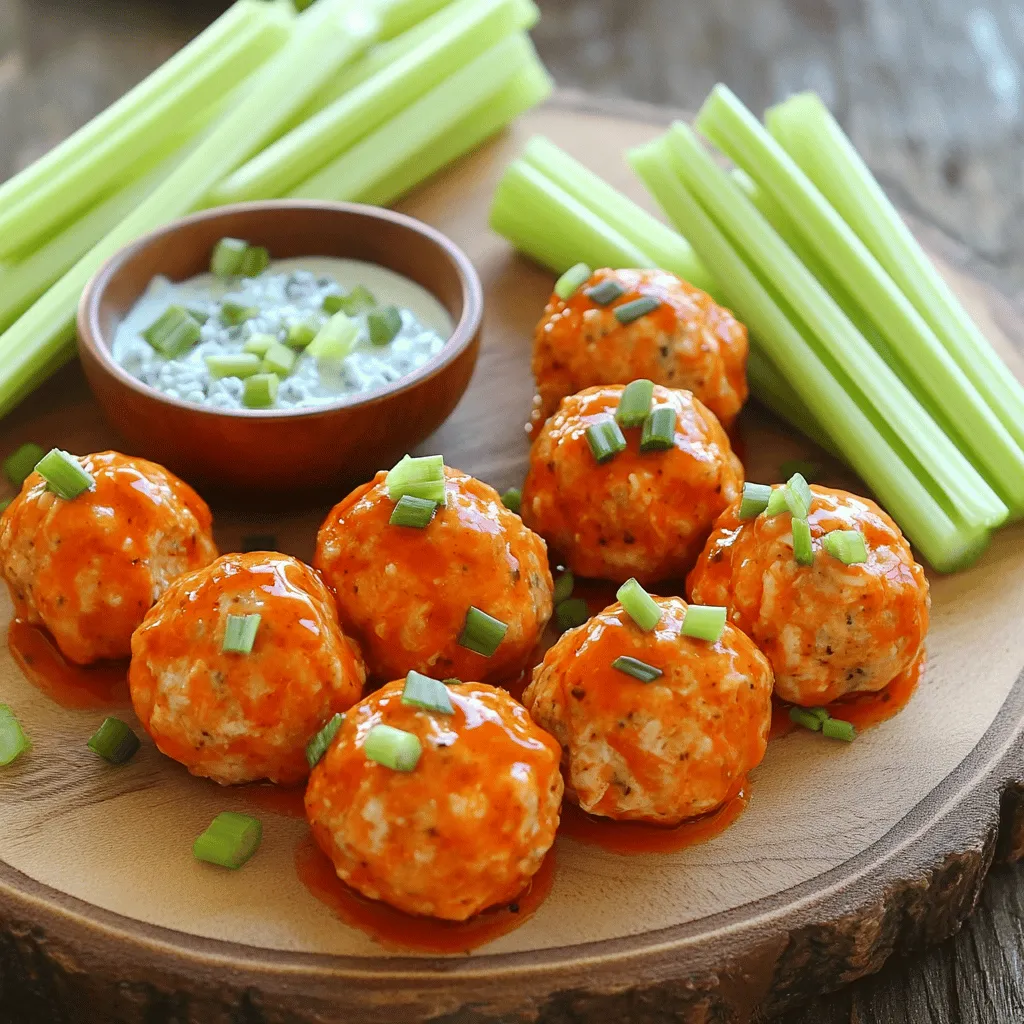 To make spicy buffalo chicken meatballs, you need these main ingredients: - 1 lb ground chicken - 1/2 cup breadcrumbs - 1/4 cup grated Parmesan cheese - 1/4 cup finely chopped green onions - 1 large egg - 1/4 cup buffalo sauce (plus more for glaze) - 2 cloves garlic, minced - 1 teaspoon onion powder - 1 teaspoon smoked paprika - Salt and pepper to taste These ingredients come together to create a savory and spicy treat. You can add some extra flavor with these optional ingredients: - Celery sticks - Blue cheese dressing Celery sticks add crunch, while blue cheese dressing gives a creamy dip. They balance the heat of the meatballs nicely. To take your meatballs up a notch, consider these seasonings: - Extra garlic for more punch - A dash of cayenne pepper for heat - Fresh herbs like parsley for brightness These extra touches can help you customize the flavor to your liking. Enjoy making these spicy buffalo chicken meatballs! Start by preheating your oven to 400°F (200°C). This step is key for baking. Line a baking sheet with parchment paper to keep the meatballs from sticking. In a large bowl, combine 1 lb of ground chicken with 1/2 cup breadcrumbs. Add 1/4 cup of grated Parmesan cheese for a cheesy kick. Toss in 1/4 cup of finely chopped green onions for freshness. Crack in 1 large egg, then pour in 1/4 cup of buffalo sauce. Don’t forget to add 2 minced garlic cloves, 1 teaspoon of onion powder, 1 teaspoon of smoked paprika, and sprinkle salt and pepper to taste. Mix everything until well combined, but be careful not to overwork the chicken. Shape the mixture into small meatballs, about 1 inch in diameter. Place them on your prepared baking sheet. Bake in the oven for 20-25 minutes. You want them to be cooked through, reaching an internal temperature of 165°F (74°C). For a bolder taste, brush more buffalo sauce on the meatballs during the last 5 minutes of baking. This extra glaze adds a tasty kick. When done, remove them from the oven and let them cool slightly. Enjoy your spicy buffalo chicken meatballs warm! To make juicy meatballs, do not overwork the chicken. Mix until just combined. The breadcrumbs help hold everything together and add a nice bite. Adding grated Parmesan adds flavor and moisture. This keeps the meatballs tender. If you want a lighter texture, try adding a splash of milk. Not all buffalo sauces are the same. Some are very spicy, while others are milder. Look for a sauce that fits your taste. I like to use a medium heat sauce for a good balance. If you want more heat, add a bit of extra sauce during baking. This gives the meatballs a nice glaze. One mistake is not preheating the oven. Cooking meatballs in a hot oven helps them cook evenly. Another mistake is making them too big. Aim for about one inch in size. Larger meatballs may not cook all the way through. Finally, don’t skip the resting time after baking. Letting them sit for a few minutes makes them easier to serve. {{image_2}} You can switch the ground chicken for other meats. Ground turkey works well, too. If you want a lighter option, try ground chicken breast. For a richer taste, use pork. Each protein brings a unique flavor, but they all work great in this recipe. Change the buffalo sauce for other flavors. You can use a teriyaki sauce for a sweet twist. A spicy barbecue sauce adds a nice kick. For a tangy taste, try a honey mustard sauce. Each sauce can transform your meatballs into a new dish. Serve the meatballs with different dips. Ranch dressing is a crowd favorite. You can also use a spicy aioli for added flavor. Pair your meatballs with crunchy celery sticks. They make a fresh, cool side that balances the heat. You can also serve them on slider buns for a fun twist. To keep your spicy buffalo chicken meatballs fresh, store them in an airtight container. Make sure they cool down before sealing. This helps prevent sogginess. Place a piece of parchment paper between layers if stacking. This keeps them from sticking together. Leftovers last about three days in the fridge. When ready to eat again, reheating properly is key. Use the oven for best results. Preheat it to 350°F (175°C). Place the meatballs on a baking sheet. Heat for about 10-15 minutes, or until they are warm. You can also microwave them. Just cover with a damp paper towel and heat for 1-2 minutes. But keep in mind, the oven method keeps them crispy. Freezing meatballs is perfect for meal prep! After cooking, let them cool completely. Arrange them in a single layer on a baking sheet. Freeze for about an hour. Once frozen, transfer them to a freezer-safe bag. Label the bag with the date. Frozen meatballs can last up to three months. To reheat, bake directly from the freezer or thaw in the fridge overnight. To add more heat, use extra buffalo sauce in the mix. You can also add chopped jalapeños or red pepper flakes. These will boost the spice level. Adjust according to your taste. If you want a smoky flavor, use a spicier smoked paprika. Experiment until you find your perfect kick. Yes, you can use ground turkey instead of ground chicken. Turkey has a similar texture and taste. Just keep in mind that turkey may be a bit drier. To avoid dryness, add a little more buffalo sauce or some extra breadcrumbs. The flavor will still shine through. Great sides include celery sticks and blue cheese dressing. They add crunch and creaminess. You could also serve them with carrot sticks for a fresh bite. Another good option is a simple salad to balance the heat. These sides make the meal even more fun. Check the meatballs' internal temperature with a meat thermometer. They should reach 165°F (74°C) to be safe to eat. If you don’t have a thermometer, cut one in half. The inside should be white and hot. No pink should remain. This ensures they are cooked through and safe. In this blog post, we explored how to make Spicy Buffalo Chicken Meatballs. You learned about key ingredients, preparation steps, and tips for perfect texture. Remember, selecting the right buffalo sauce can elevate your dish. Don't shy away from trying new flavors or proteins. Store leftovers correctly for later enjoyment. With this guide, you can create a tasty meal that impresses friends and family. Enjoy experimenting and happy cooking!
