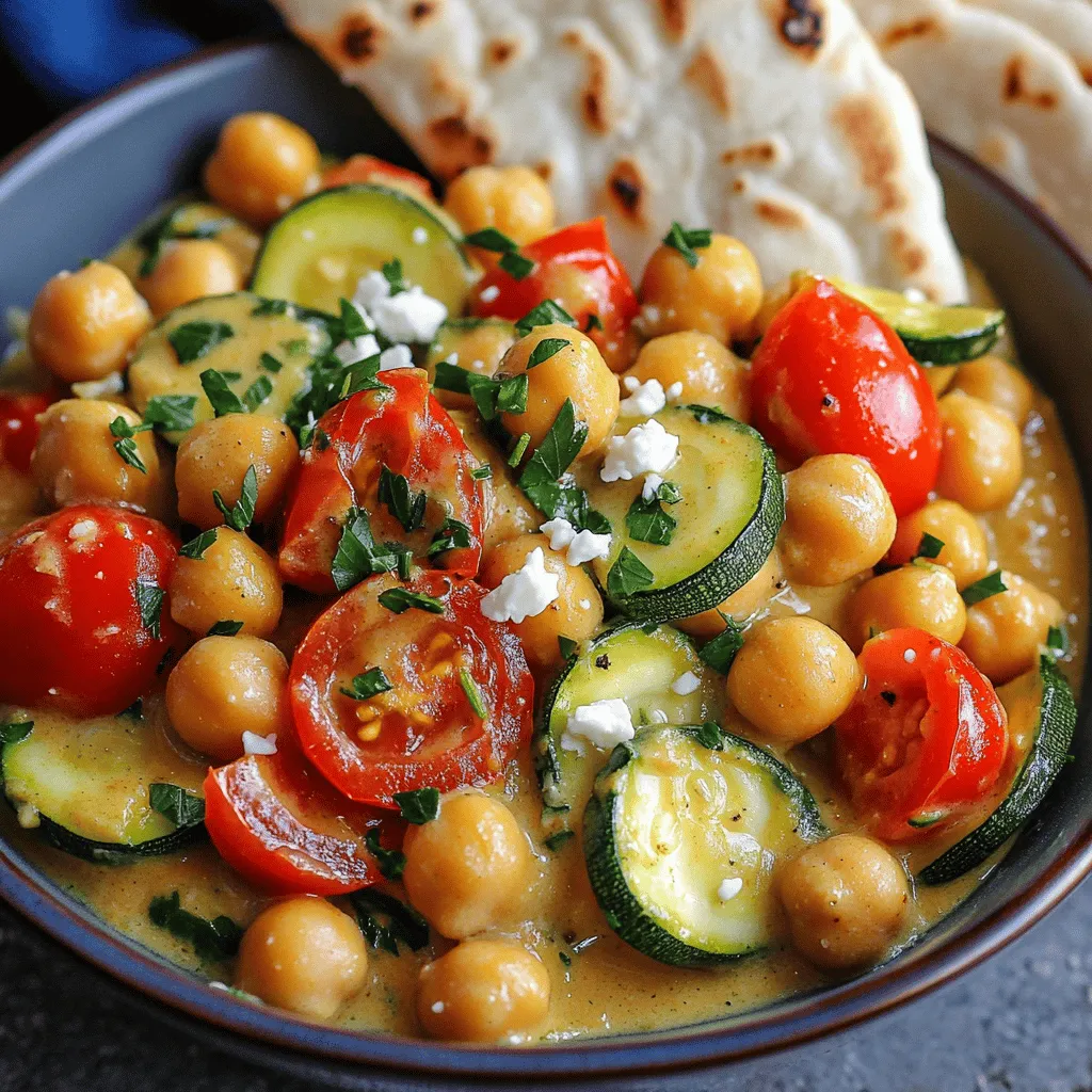 - 2 cans chickpeas, rinsed and drained - 1 onion, diced - 3 cloves garlic, minced - 1 red bell pepper, diced - 1 zucchini, sliced - 1 cup cherry tomatoes, halved - 1 teaspoon dried oregano - 1 teaspoon dried basil - 1/2 teaspoon smoked paprika - Salt and pepper to taste - 1 cup vegetable broth - 1 cup heavy cream or coconut milk (non-dairy option) - 1/4 cup feta cheese (optional) - 2 tablespoons olive oil - Fresh parsley for garnish Each ingredient plays a key role in the dish. The chickpeas provide protein and fiber. The onion and garlic add depth and aroma. The red bell pepper and zucchini bring color and texture. Cherry tomatoes offer sweetness and acidity. For spices, oregano and basil give classic Mediterranean flavor. Smoked paprika adds warmth and a hint of smokiness. Salt and pepper enhance all the tastes. The creamy base is what makes this dish truly special. Vegetable broth adds flavor and richness. Heavy cream or coconut milk gives it a velvety texture. Feta cheese, if used, provides a salty finish. Olive oil helps cook the veggies and adds healthy fat. Fresh parsley brightens the dish and makes it look beautiful. When you gather these ingredients, you set the stage for a meal that is hearty, creamy, and full of flavor. - Heat olive oil in a large skillet over medium heat. - Add the diced onion and sauté until it turns translucent, about 3-4 minutes. - Stir in the minced garlic and cook for one minute until fragrant. - Incorporate the diced red bell pepper and sliced zucchini into the skillet. - Stir in the halved cherry tomatoes and rinsed chickpeas. - Mix in the dried oregano, dried basil, and smoked paprika. - Pour in the vegetable broth and bring the mixture to a gentle simmer. - Stir in the heavy cream or coconut milk and let it thicken for about 5 minutes. - If using, sprinkle in the crumbled feta cheese and fold it gently. Season with salt and pepper to taste. - Cut your vegetables evenly. This helps them cook at the same time. - Simmer the dish longer if you want it thicker. Adjust to your taste. - Serve this dish with warm pita bread or fluffy quinoa. Both make great sides. - For a lovely look, add extra parsley and feta on top before serving. - Try using light cream or a non-dairy option like coconut milk. This keeps it creamy. - Feel free to add more veggies, like spinach or kale, for added nutrition. {{image_2}} You can make this dish your own. Try swapping feta cheese for nutritional yeast to keep it vegan. Nutritional yeast adds a cheesy taste without any dairy. You can also mix in other legumes. Black beans or lentils work well and add great texture. Want to brighten the dish? Add a squeeze of fresh lemon juice. It lifts the flavors beautifully. You can also experiment with herbs. Fresh parsley or cilantro can change the taste and make it more vibrant. Feeling adventurous? Make it a stew by adding more vegetable broth. This gives it a nice, hearty feel. If you want convenience, use a slow cooker. Just add all your ingredients, set it, and let it do the work for you. Store leftovers in an airtight container. This keeps your chickpea skillet fresh. Consume within 3-4 days for best quality. The flavors stay rich and delicious during this time. This dish is suitable for freezing. Use freezer-safe containers to store it well. When you want to eat it, thaw overnight in the fridge before reheating. This keeps the texture just right. Reheat on the stovetop for the best texture. The skillet will regain its creamy nature this way. If it thickens too much, add a splash of broth or water. This helps to restore its smooth, creamy consistency. Yes, soak and cook them first before using. Dried chickpeas need to soak overnight. After soaking, boil them until soft. This makes them tender and ready for your skillet dish. Coconut milk or cashew cream works well. Both options add a creamy texture without dairy. Coconut milk gives a slight sweetness, while cashew cream adds a nutty flavor. Yes, it's naturally gluten-free! Chickpeas, veggies, and spices do not contain gluten. Enjoy this dish without worrying about gluten. Add red pepper flakes or diced jalapeños. Both options bring heat and flavor. Start with a small amount and adjust to your taste. Yes, you can prep the ingredients in advance. Chop the veggies and store them in the fridge. This saves time when you’re ready to cook. This blog post covers a tasty chickpea dish. You learned about the main ingredients, cooking steps, and tips to enhance your meal. I shared how to store leftovers and offered ideas for variations. This recipe is flexible and can fit any diet. So grab your ingredients and try this easy dish. Enjoy a meal that is both hearty and healthy!