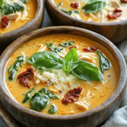 - 1 lb boneless, skinless chicken breasts - 1 cup sun-dried tomatoes, chopped (in oil) - 1 medium onion, diced - 3 cloves garlic, minced - 4 cups chicken broth - 1 cup heavy cream or coconut cream - 1 teaspoon oregano - 1 teaspoon thyme - Salt and pepper to taste - 2 cups baby spinach - 1/2 cup grated Parmesan cheese (optional) - Fresh basil for garnish This soup relies on a few key ingredients. The chicken gives it a hearty base. Sun-dried tomatoes add a rich flavor. Onions and garlic bring out the depth. Chicken broth ties everything together. Using heavy cream makes the soup rich and creamy. If you prefer a lighter option, use coconut cream. For herbs, oregano and thyme enhance the taste. Don’t forget salt and pepper to make it pop. You can add baby spinach for color and nutrition. Parmesan cheese adds a savory touch if you like. Fresh basil makes a great garnish. Each ingredient plays an important role in creating a warm, comforting dish. Enjoy the process of gathering these ingredients. The result will be a delicious soup that warms your heart and home. - First, season the chicken breasts with salt and pepper. This step adds flavor. - Next, chop the sun-dried tomatoes into small pieces. - Then, dice the onion finely. - Finally, mince the garlic cloves. These ingredients will create a rich taste. - Now, layer the seasoned chicken at the bottom of the slow cooker. - Add the chopped sun-dried tomatoes on top of the chicken. - Next, sprinkle the diced onion and minced garlic over the tomatoes. This mix will bring out great flavors. - Pour the chicken broth over all the ingredients. Make sure the chicken is fully submerged. - Then, sprinkle oregano and thyme on top. These herbs add warmth and depth to the soup. - Cover the slow cooker and set it to cook. You can choose low for 6-7 hours or high for 4 hours. The chicken will become tender and juicy. - When the chicken is cooked, remove it from the slow cooker. Shred it using two forks. - Return the shredded chicken to the slow cooker. - Stir in the heavy cream or coconut cream. Let it heat for another 15-20 minutes on low. This step makes the soup creamy and rich. - Just before serving, add the baby spinach. Stir until the spinach wilts. - If you like, stir in grated Parmesan cheese until it melts. This adds a nice, cheesy flavor. To make this soup shine, use fresh herbs. Fresh basil or thyme adds a bright touch. You can also adjust the seasoning before serving. Taste it first, and add salt or pepper as needed. This step helps bring out all the flavors. If you need a dairy-free option, try coconut cream instead of heavy cream. It adds a nice richness without the dairy. You can also swap out baby spinach for other greens. Kale or Swiss chard works great and adds a different texture. Garnish your soup with fresh basil and extra cheese for a special touch. It makes the dish look nice and adds flavor. Pair it with crusty bread or a fresh salad for a full meal. These sides complement the soup well and make it more filling. {{image_2}} You can spice up your Slow Cooker Creamy Sun-Dried Tomato Chicken Soup in fun ways. - Adding red pepper flakes for heat: If you like a kick, try red pepper flakes. Just a pinch adds warmth and flavor. Adjust the amount to your spice level. - Incorporating different vegetables: Think about adding carrots or celery. These veggies bring crunch and sweetness. Just chop them and toss them in with the other ingredients. You can also change this soup to fit your needs. - Gluten-free modifications: This soup is naturally gluten-free. Just make sure your chicken broth is gluten-free. - Making it dairy-free: Use coconut cream instead of heavy cream. It keeps the soup rich and creamy without dairy. Try adding local flavors for a new twist. - Italian-inspired variations: Add fresh basil or Italian sausage for an Italian flair. These ingredients complement the sun-dried tomatoes well. - Adding local spices or flavors: Feel free to explore your local spices. A pinch of cumin or paprika might work wonders. Just experiment to find what you love! - Store the soup in airtight containers. - It stays fresh for up to 4 days in the fridge. You want to keep it sealed well. This helps keep the flavors strong and safe to eat. If you plan to eat it later, place it in the fridge right away. - You can freeze the soup, but avoid adding cream before freezing. - To freeze, let it cool first. Then, pour it into freezer bags or containers. When you freeze it this way, it keeps its taste and texture. To thaw, put it in the fridge overnight. This makes it easy to reheat without losing its rich flavor. - The best way to reheat is on the stove over low heat. - You may need to add a splash of broth or water. Stir it often to warm it evenly. If it seems too thick, adding liquid helps bring back its creamy texture. Enjoy it hot, and feel free to adjust the seasoning if needed. This soup lasts about 3 to 4 days in the fridge. Keep it in an airtight container to lock in freshness. Make sure to cool the soup before storing. If you want it to last longer, freeze it. It keeps well for about 2 to 3 months in the freezer. When you want to eat it, just thaw it in the fridge overnight. Yes, you can use frozen chicken! Place the frozen chicken breasts directly in the slow cooker. Just remember, it may need extra cooking time. Cook on low for about 8 hours or on high for about 5 hours. Always check that the chicken is fully cooked before serving. The internal temperature should reach 165°F (75°C). This soup pairs well with crusty bread. You can also serve it with a fresh salad for a light meal. Garlic bread adds a nice touch too. Try a side of roasted vegetables to add some color and nutrition. For a fun twist, serve it with a grilled cheese sandwich! This blog post covered how to make a delicious Slow Cooker Creamy Sun-Dried Tomato Chicken Soup. I shared the main ingredients, step-by-step cooking instructions, and helpful tips. You can customize the soup with variations for taste or dietary needs. Always store leftovers properly for later enjoyment. With this guide, you can create a cozy meal that everyone will love. Enjoy the process and savor each delicious bowl. This soup is sure to be a hit in your home!