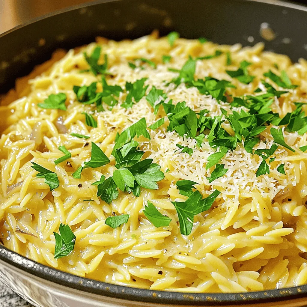 - 1 cup orzo pasta - 3 cups vegetable broth - 1 tablespoon olive oil - 4 cloves garlic, minced - 1 small onion, finely chopped - 1 cup heavy cream - 1 cup grated Parmesan cheese - 1 teaspoon garlic powder - 1/2 teaspoon black pepper - Salt to taste - Fresh parsley, chopped (for garnish) You can easily swap orzo with rice or quinoa. Use chicken broth instead of vegetable broth for more flavor. If you prefer a lighter dish, substitute heavy cream with half-and-half or whole milk. For a dairy-free option, try cashew cream or coconut cream. Nutritional yeast can replace Parmesan cheese for a vegan option. Each serving has about 400 calories. It includes 15 grams of fat, 50 grams of carbs, and 10 grams of protein. This dish is rich in calcium from the cheese and provides a good amount of fiber from the orzo. Adjust portions based on your dietary needs. - Bring vegetable broth to a simmer. - Cook orzo according to package instructions. To start, you want to bring three cups of vegetable broth to a gentle simmer in a medium pot. This step is key because it gives your orzo a nice flavor. Once it simmers, add one cup of orzo pasta. Cook it according to the package instructions, usually about 8 to 10 minutes. Stir it occasionally so it doesn’t stick to the bottom of the pot. - Sauté onion and garlic. - Combine orzo with cream and cheese. - Adjust consistency and seasoning. Now, while your orzo cooks, grab a large skillet. Heat one tablespoon of olive oil over medium heat. Add one small, finely chopped onion and sauté it for about 3 to 4 minutes. You want it to turn translucent. Next, add four cloves of minced garlic. Sauté this for another minute or two until it smells great but doesn’t brown. Next, lower the heat and pour in one cup of heavy cream. Stir it gently to mix with the onion and garlic. Gradually add the cooked orzo along with some broth from the pot. Stir well to blend everything together. Now it’s time for the cheese! Add one cup of grated Parmesan cheese, one teaspoon of garlic powder, half a teaspoon of black pepper, and salt to taste. Mix everything until it becomes creamy and the cheese melts, which should take about 3 to 4 minutes. If the dish seems too thick, add a splash more broth or water to reach the right consistency. - Best garnishes for the dish. - Ideal pairings with proteins or vegetables. Once your dish is ready, let it sit for a minute. Serve it warm, garnished with freshly chopped parsley for a pop of color and flavor. For a complete meal, pair it with grilled chicken, shrimp, or steamed vegetables. This creamy garlic Parmesan orzo is versatile and perfect for any weeknight dinner! To get that perfect creamy texture, you need to adjust the cream and cheese ratios. Use more heavy cream for a richer dish. If you want it lighter, add less cream and cheese. Stir gently while cooking to keep it smooth. To prevent sticking, stir the orzo every few minutes while it cooks. This keeps the pasta from clumping together. If it does stick, add a splash of broth or water while you stir. Overcooking the orzo can ruin the dish. Keep an eye on the time and test it for doneness. It should be firm but not hard. Not adjusting seasoning can lead to bland flavors. Taste as you cook. Add salt and pepper to enhance the taste. Don't forget the garlic powder for extra flavor! Adding herbs and spices can take your orzo to the next level. Try fresh parsley for a pop of color and taste. You can also add thyme or basil for more depth. Consider optional add-ins too. Veggies like spinach or peas boost nutrition and color. You can also add proteins like chicken or shrimp for a heartier meal. This makes your dish more filling and tasty! {{image_2}} For a vegan twist, you can swap out the dairy. Use coconut cream instead of heavy cream. Nutritional yeast makes a great substitute for Parmesan cheese. This gives a cheesy flavor without using dairy. You can also use almond milk or soy milk for a lighter taste. These swaps keep the dish creamy and flavorful. Want less cleanup? You can make this dish in one pot. Start by cooking the orzo in the vegetable broth. Once it’s done, add the sautéed onion and garlic right in. Then, pour in the cream and cheese. This method saves time and makes washing up easier. You will still enjoy that creamy goodness! You can change up the flavors easily. Adding sun-dried tomatoes gives a nice touch of sweetness. Spinach adds color and extra nutrients. If you want some heat, add red pepper flakes. You can also mix in cooked chicken or shrimp for protein. These options make this dish fun and exciting every time you cook it! To keep your Creamy Garlic Parmesan Orzo fresh, put it in an airtight container. Make sure it cools to room temperature before sealing. Place it in the fridge for up to three days. This helps keep the flavors intact. If you notice it thickening, add a splash of broth before serving. You can freeze Creamy Garlic Parmesan Orzo for longer storage. Use a freezer-safe container or bag. It’s best to freeze it in single servings. This way, you can thaw just what you need later. It can last up to three months in the freezer. Remember to label the container with the date. To reheat, you can use a microwave or a stovetop. If using a microwave, heat it in short bursts. Stir in between heats to warm evenly. On the stovetop, add a bit of broth to keep it creamy. Heat on low, stirring gently until warm. This prevents it from drying out and keeps the texture smooth. Yes, you can use whole wheat orzo. It adds a nutty flavor and more fiber. Just be aware that it may take a little longer to cook. Check the package for specific cooking times to ensure it's tender but firm. To make Creamy Garlic Parmesan Orzo gluten-free, use gluten-free orzo. Many brands offer this option now. You can also replace vegetable broth with gluten-free broth for extra flavor. This dish pairs well with roasted vegetables or grilled chicken. You can also serve it with a fresh salad for a complete meal. Add some crusty bread to soak up the creamy sauce! Creamy Garlic Parmesan Orzo lasts 3 to 5 days in the fridge. Store it in an airtight container to keep it fresh. Reheat it gently to avoid drying out the pasta. Yes, you can prepare this meal ahead of time. Cook the orzo and sauce, then store them separately. Combine them just before serving for the best flavor and texture. This blog post covered a creamy garlic Parmesan orzo recipe. You learned about the ingredients, how to cook, and tasty variations. I shared tips for creamy texture and common mistakes to avoid. You can explore storage options and reheating methods too. Remember, you can customize this dish to suit your taste. Enjoy experimenting with flavors and substitutions. Simple steps make cooking fun and rewarding. Now, go create a delicious meal that impresses!