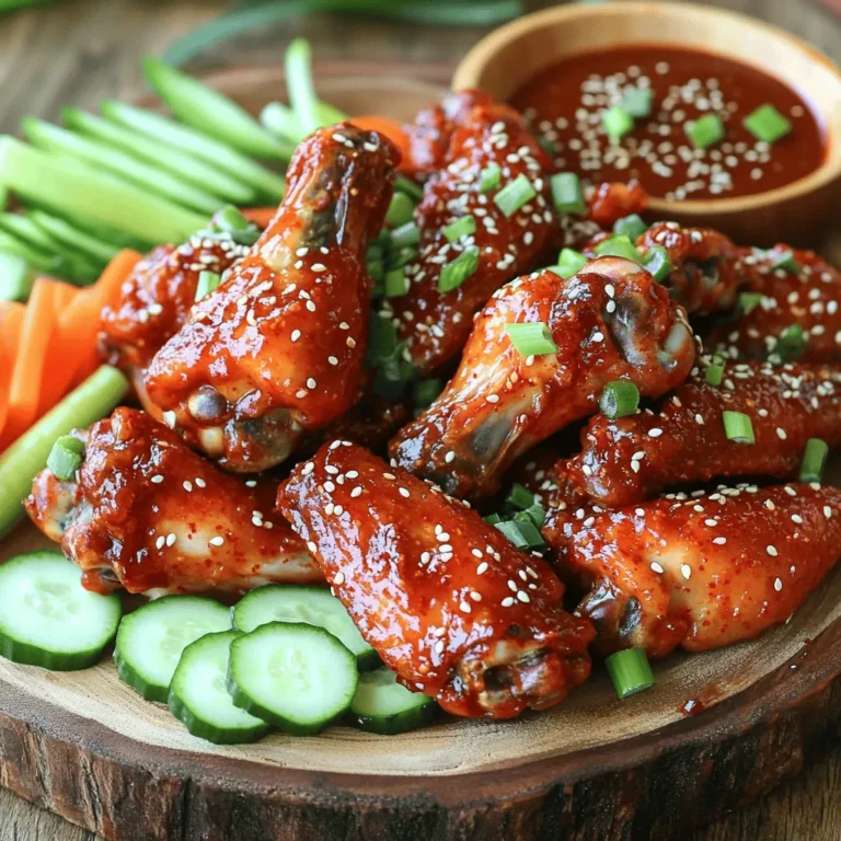 - Chicken wings I use 2 lbs of chicken wings. They are juicy and perfect for baking. - Gochujang and its flavor profile Gochujang is a Korean chili paste. It adds heat and a sweet flavor. This paste gives the wings a deep red color and a unique taste. - Key seasonings and sauces The marinade uses: - 1/4 cup Gochujang - 2 tablespoons soy sauce - 2 tablespoons honey - 1 tablespoon sesame oil - 3 cloves garlic, minced - 1 teaspoon ginger, grated - 2 tablespoons rice vinegar - 1 tablespoon vegetable oil - Salt and pepper to taste These ingredients blend well and create a rich flavor. The honey balances the heat from the Gochujang. The garlic and ginger add freshness. The soy sauce gives umami depth. Each bite bursts with flavor. - Prepping the ingredients Gather all your ingredients. You need 2 lbs of chicken wings, Gochujang, soy sauce, honey, sesame oil, garlic, ginger, rice vinegar, vegetable oil, salt, and pepper. Make sure you have green onions and sesame seeds for garnish. - Making the marinade In a large mixing bowl, whisk together 1/4 cup Gochujang, 2 tablespoons soy sauce, 2 tablespoons honey, and 1 tablespoon sesame oil. Add 3 minced garlic cloves, 1 teaspoon grated ginger, and 2 tablespoons rice vinegar. Pour in 1 tablespoon vegetable oil and add salt and pepper to taste. Mix until smooth. - Marinating the chicken wings Add your chicken wings to the marinade. Toss them well so every wing gets coated. You can let them marinate for at least 30 minutes. For more flavor, marinate them in the fridge for up to 4 hours. - Baking the wings for optimal crispiness Preheat your oven to 400°F (200°C). Line a baking sheet with parchment paper. Arrange the marinated wings in a single layer on the sheet. Make sure they are not overcrowded. Bake for 40-45 minutes until golden brown and crispy. - Tips for turning the wings Halfway through baking, turn the wings to ensure even cooking. This helps them get crispy on all sides. Use tongs to flip them carefully. - Garnishing and serving suggestions Once the wings are done, take them out of the oven. While they are hot, sprinkle sesame seeds on top. Garnish with sliced green onions for a pop of color and freshness. - Presentation ideas Serve your wings on a nice platter. Add fresh vegetable sticks, like cucumbers and carrots, around the wings. You can also include a small bowl of extra Gochujang for dipping. This adds a fun touch for your guests! To achieve perfect crispiness, start by drying the chicken wings. Pat them with paper towels before marinating. The less moisture, the better the crisp. Bake at 400°F (200°C) for 40-45 minutes. Turn them halfway through for even cooking. A single layer on the baking sheet helps them crisp up nicely. To adjust spice levels, start with less Gochujang if you want milder wings. You can always add more later. For extra heat, try a sprinkle of chili flakes. For the best flavor, marinate the wings for at least 30 minutes. If you can, marinate them for up to 4 hours in the fridge. This helps the flavors soak in. To enhance flavor, add fresh herbs or spices to the marinade. A dash of lime juice or a sprinkle of black pepper can make a big difference. This small touch can elevate the dish. {{image_2}} You can change the flavor of your spicy Korean chicken wings easily. Try adding more spices like cayenne or paprika to boost heat. If you want a sweeter taste, use more honey or add brown sugar. Finding the right sweet vs. spicy balance is key. Some like it hot, while others prefer a milder flavor. Adjust the amount of Gochujang to fit your taste. You can also mix in some sesame seeds or crushed peanuts for extra crunch. You can cook these wings in different ways. Grilling adds a smoky flavor that many love. If you choose to grill, preheat the grill and cook on medium heat. Turn the wings often for even cooking. Baking is also a good option; it keeps the wings crispy and juicy. If you want to save time, use an air fryer. Set the air fryer to 380°F (193°C) and cook for about 25-30 minutes. Shake the basket halfway through to ensure even cooking. No matter the method, keep an eye on them to prevent burning. Each method brings out a unique taste and texture. After enjoying your spicy Korean chicken wings, store the leftovers right. Place them in an airtight container. This helps keep them fresh. Make sure to cool them before sealing the container. Refrigerate the wings within two hours of cooking. They stay good for up to three days. To reheat, preheat your oven to 375°F (190°C). Spread the wings on a baking sheet. Bake for about 15-20 minutes, until they are hot and crispy. You can also use a microwave if you are in a hurry. Just heat them for one to two minutes. However, this might not keep them crispy. If you want to save wings for later, freezing is a great option. First, let the wings cool completely. Then, place them in a freezer-safe bag. Remove as much air as possible before sealing. This helps prevent freezer burn. You can freeze them for up to three months. When you are ready to eat, take the wings out of the freezer. Place them in the fridge overnight to thaw. Once thawed, reheat as mentioned before. This way, your wings stay tasty and enjoyable! Can I use frozen chicken wings? Yes, you can use frozen chicken wings. Just remember to thaw them first. Place the wings in the fridge overnight or use cold water for a quicker thaw. Once thawed, follow the same steps as fresh wings. What can I serve with spicy Korean chicken wings? Spicy Korean chicken wings pair well with many sides. Try fresh vegetable sticks like carrots and cucumbers. You can also serve them with rice or a light salad. For dipping, set out a small bowl of extra Gochujang. How do I adjust the recipe for a larger crowd? To serve more people, simply double or triple the recipe. Make sure to adjust the baking time if needed. Use multiple baking sheets to avoid crowding. This way, the wings will still get crispy and tasty. Spicy Korean chicken wings are a tasty dish you can easily make at home. We covered the main ingredients, like chicken wings and gochujang, along with key seasonings. I shared step-by-step instructions for preparation, cooking, and garnishing. We explored tips for achieving crispy wings and flavor variations. Remember to store leftovers right, and you can reheat them later. With these tips and tricks, you can create a delicious meal everyone will enjoy. Get ready to impress family and friends with your cooking skills!