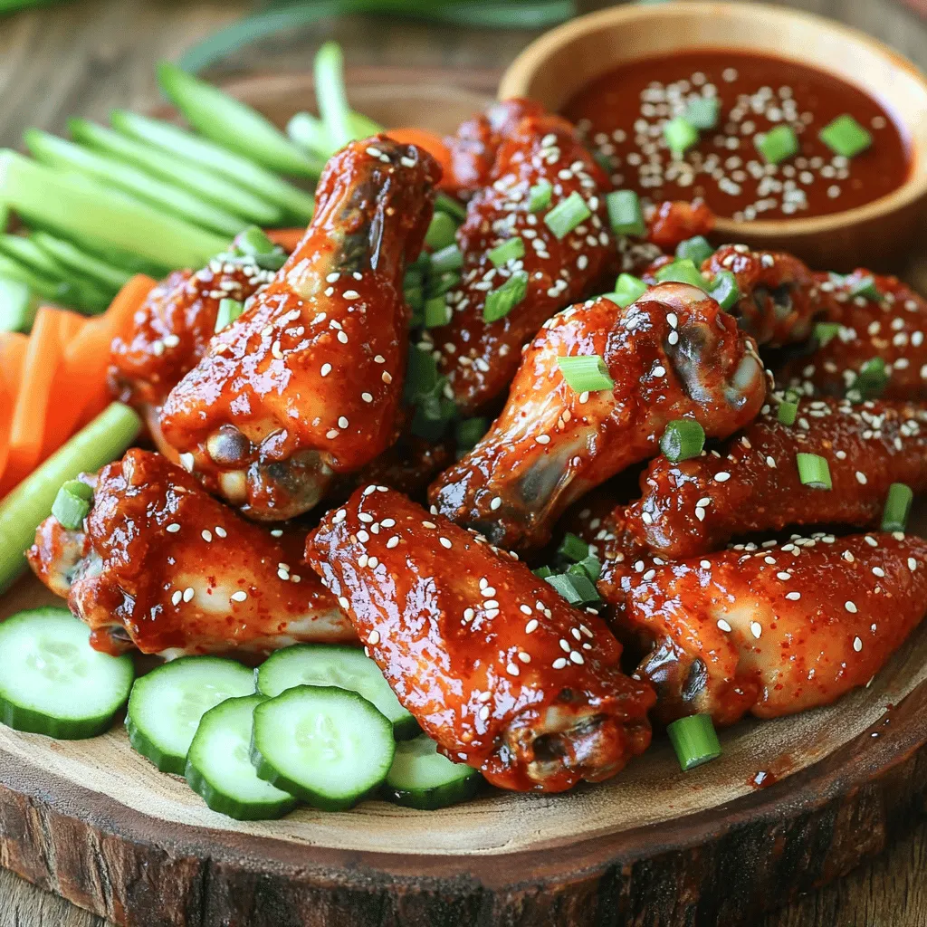 - Chicken wings I use 2 lbs of chicken wings. They are juicy and perfect for baking. - Gochujang and its flavor profile Gochujang is a Korean chili paste. It adds heat and a sweet flavor. This paste gives the wings a deep red color and a unique taste. - Key seasonings and sauces The marinade uses: - 1/4 cup Gochujang - 2 tablespoons soy sauce - 2 tablespoons honey - 1 tablespoon sesame oil - 3 cloves garlic, minced - 1 teaspoon ginger, grated - 2 tablespoons rice vinegar - 1 tablespoon vegetable oil - Salt and pepper to taste These ingredients blend well and create a rich flavor. The honey balances the heat from the Gochujang. The garlic and ginger add freshness. The soy sauce gives umami depth. Each bite bursts with flavor. - Prepping the ingredients Gather all your ingredients. You need 2 lbs of chicken wings, Gochujang, soy sauce, honey, sesame oil, garlic, ginger, rice vinegar, vegetable oil, salt, and pepper. Make sure you have green onions and sesame seeds for garnish. - Making the marinade In a large mixing bowl, whisk together 1/4 cup Gochujang, 2 tablespoons soy sauce, 2 tablespoons honey, and 1 tablespoon sesame oil. Add 3 minced garlic cloves, 1 teaspoon grated ginger, and 2 tablespoons rice vinegar. Pour in 1 tablespoon vegetable oil and add salt and pepper to taste. Mix until smooth. - Marinating the chicken wings Add your chicken wings to the marinade. Toss them well so every wing gets coated. You can let them marinate for at least 30 minutes. For more flavor, marinate them in the fridge for up to 4 hours. - Baking the wings for optimal crispiness Preheat your oven to 400°F (200°C). Line a baking sheet with parchment paper. Arrange the marinated wings in a single layer on the sheet. Make sure they are not overcrowded. Bake for 40-45 minutes until golden brown and crispy. - Tips for turning the wings Halfway through baking, turn the wings to ensure even cooking. This helps them get crispy on all sides. Use tongs to flip them carefully. - Garnishing and serving suggestions Once the wings are done, take them out of the oven. While they are hot, sprinkle sesame seeds on top. Garnish with sliced green onions for a pop of color and freshness. - Presentation ideas Serve your wings on a nice platter. Add fresh vegetable sticks, like cucumbers and carrots, around the wings. You can also include a small bowl of extra Gochujang for dipping. This adds a fun touch for your guests! To achieve perfect crispiness, start by drying the chicken wings. Pat them with paper towels before marinating. The less moisture, the better the crisp. Bake at 400°F (200°C) for 40-45 minutes. Turn them halfway through for even cooking. A single layer on the baking sheet helps them crisp up nicely. To adjust spice levels, start with less Gochujang if you want milder wings. You can always add more later. For extra heat, try a sprinkle of chili flakes. For the best flavor, marinate the wings for at least 30 minutes. If you can, marinate them for up to 4 hours in the fridge. This helps the flavors soak in. To enhance flavor, add fresh herbs or spices to the marinade. A dash of lime juice or a sprinkle of black pepper can make a big difference. This small touch can elevate the dish. {{image_2}} You can change the flavor of your spicy Korean chicken wings easily. Try adding more spices like cayenne or paprika to boost heat. If you want a sweeter taste, use more honey or add brown sugar. Finding the right sweet vs. spicy balance is key. Some like it hot, while others prefer a milder flavor. Adjust the amount of Gochujang to fit your taste. You can also mix in some sesame seeds or crushed peanuts for extra crunch. You can cook these wings in different ways. Grilling adds a smoky flavor that many love. If you choose to grill, preheat the grill and cook on medium heat. Turn the wings often for even cooking. Baking is also a good option; it keeps the wings crispy and juicy. If you want to save time, use an air fryer. Set the air fryer to 380°F (193°C) and cook for about 25-30 minutes. Shake the basket halfway through to ensure even cooking. No matter the method, keep an eye on them to prevent burning. Each method brings out a unique taste and texture. After enjoying your spicy Korean chicken wings, store the leftovers right. Place them in an airtight container. This helps keep them fresh. Make sure to cool them before sealing the container. Refrigerate the wings within two hours of cooking. They stay good for up to three days. To reheat, preheat your oven to 375°F (190°C). Spread the wings on a baking sheet. Bake for about 15-20 minutes, until they are hot and crispy. You can also use a microwave if you are in a hurry. Just heat them for one to two minutes. However, this might not keep them crispy. If you want to save wings for later, freezing is a great option. First, let the wings cool completely. Then, place them in a freezer-safe bag. Remove as much air as possible before sealing. This helps prevent freezer burn. You can freeze them for up to three months. When you are ready to eat, take the wings out of the freezer. Place them in the fridge overnight to thaw. Once thawed, reheat as mentioned before. This way, your wings stay tasty and enjoyable! Can I use frozen chicken wings? Yes, you can use frozen chicken wings. Just remember to thaw them first. Place the wings in the fridge overnight or use cold water for a quicker thaw. Once thawed, follow the same steps as fresh wings. What can I serve with spicy Korean chicken wings? Spicy Korean chicken wings pair well with many sides. Try fresh vegetable sticks like carrots and cucumbers. You can also serve them with rice or a light salad. For dipping, set out a small bowl of extra Gochujang. How do I adjust the recipe for a larger crowd? To serve more people, simply double or triple the recipe. Make sure to adjust the baking time if needed. Use multiple baking sheets to avoid crowding. This way, the wings will still get crispy and tasty. Spicy Korean chicken wings are a tasty dish you can easily make at home. We covered the main ingredients, like chicken wings and gochujang, along with key seasonings. I shared step-by-step instructions for preparation, cooking, and garnishing. We explored tips for achieving crispy wings and flavor variations. Remember to store leftovers right, and you can reheat them later. With these tips and tricks, you can create a delicious meal everyone will enjoy. Get ready to impress family and friends with your cooking skills!