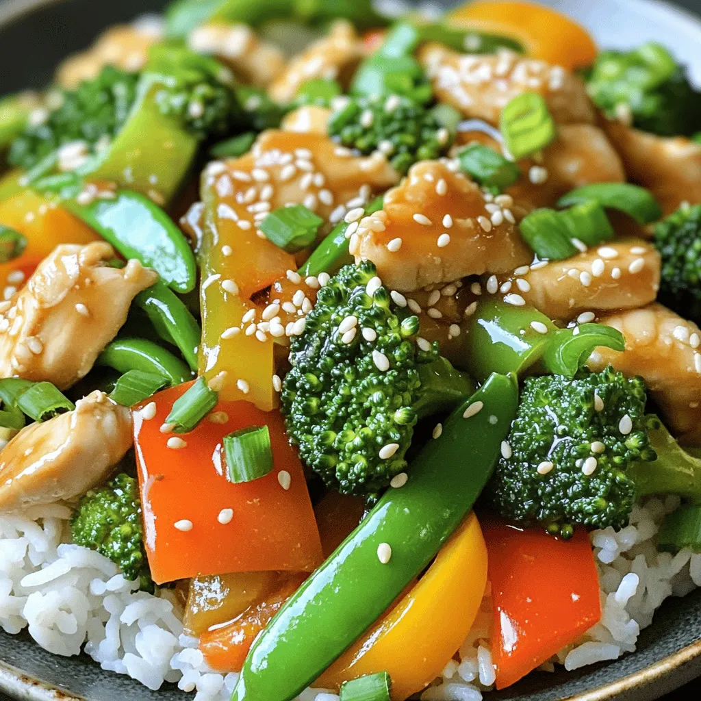 To make sesame ginger chicken stir fry, gather these main ingredients: - 1 lb chicken breast, thinly sliced - 2 tablespoons sesame oil - 1 tablespoon ginger, grated - 3 cloves garlic, minced - 1 bell pepper, sliced (any color) - 1 cup broccoli florets - 1 cup snap peas - 3 green onions, chopped - 3 tablespoons soy sauce (low sodium) - 1 tablespoon honey - 1 teaspoon cornstarch - 1 tablespoon sesame seeds - Salt and pepper, to taste For extra flavor, consider these optional ingredients: - Red pepper flakes for heat - Fresh cilantro for a bright touch - Peanuts for a crunchy texture - Lime juice for added zest These ingredients can make your dish unique. Feel free to mix and match based on what you have. Here is what you need to cook this dish: - A large skillet or wok - A sharp knife for slicing - A cutting board - A mixing bowl for marinating - Measuring spoons for accuracy Using the right tools makes cooking easier. You can whip up this dish in no time! Start with one pound of thinly sliced chicken breast. In a bowl, mix the chicken with three tablespoons of low-sodium soy sauce, one tablespoon of honey, one tablespoon of grated ginger, and three cloves of minced garlic. This mix adds flavor and keeps the chicken moist. Cover the bowl and let it marinate for at least 20 minutes. If you have time, marinate it longer for deeper flavor. Heat two tablespoons of sesame oil in a large skillet or wok over medium-high heat. Once the oil is hot, add the marinated chicken. Cook it for about five to seven minutes. Stir often, ensuring it cooks through and turns golden brown. Remove the chicken from the skillet and set it aside. This step keeps the chicken juicy. In the same skillet, add one cup of broccoli florets, one sliced bell pepper, and one cup of snap peas. Stir-fry these vegetables for about three to four minutes. You want them tender but still crisp. This will add a nice crunch to your dish while keeping the colors bright. After the veggies are done, return the chicken to the skillet. Sprinkle one teaspoon of cornstarch over the mixture. This helps thicken the sauce. Stir everything well to combine. Cook for an additional minute. Adjust the taste with salt and pepper. Then, toss in three chopped green onions and one tablespoon of sesame seeds. This adds flavor and a lovely finish. Serve the sesame ginger chicken hot over steamed rice or noodles. The rice or noodles soak up the tasty sauce. You can also garnish with extra sesame seeds or green onions for a nice touch. Enjoy your meal with family or friends! To make your chicken tasty, marinate it. Mix 3 tablespoons of soy sauce, 1 tablespoon of honey, 1 tablespoon of grated ginger, and 3 cloves of minced garlic in a bowl. Add the sliced chicken and coat it well. Let it sit for at least 20 minutes. This step helps the chicken soak up all those delicious flavors. You can even marinate it longer for a stronger taste. When stir-frying, use high heat. This helps cook the chicken quickly and keeps it juicy. Use a large skillet or wok for even cooking. Heat 2 tablespoons of sesame oil until it shimmers before adding the chicken. Stir it often to brown it well and prevent sticking. Once the chicken is cooked, take it out before adding the vegetables. This keeps the chicken from overcooking. One common mistake is overcrowding the pan. If the pan is too full, the chicken will steam instead of fry. Cook in batches if needed. Another mistake is not preheating the oil. Cold oil can lead to soggy chicken. Lastly, don’t forget to season your vegetables. A pinch of salt and pepper can enhance their flavor. {{image_2}} You can easily make this dish vegetarian or vegan. Instead of chicken, use tofu. Firm tofu works best. Cut it into cubes and press it to remove water. This helps it absorb flavor and stay firm while cooking. Marinate the tofu like the chicken. Use the same soy sauce, ginger, and garlic mix. You can also add extra veggies for more color and taste. If you don't want chicken, you have many choices. Shrimp is a great option. It cooks quickly and adds a nice flavor. You could also use beef or pork, thinly sliced. Just remember to adjust cooking times. These proteins should cook all the way through. For a different taste, try adding seitan, a meat substitute made from wheat. Feel free to swap out the veggies. Snow peas can replace snap peas. Cauliflower florets work well instead of broccoli. You can also use carrots, zucchini, or asparagus. Just make sure to cut them into small pieces. This way, they cook evenly. Mixing different colors makes your dish look great and adds more nutrients. To store your Sesame Ginger Chicken Stir Fry, let it cool down first. Place it in an airtight container. This helps keep the flavors fresh. You can store it in the fridge for up to three days. Make sure to keep it away from strong-smelling foods, as they can affect the taste. When you are ready to eat, you can easily reheat the stir fry. Use a microwave-safe dish and cover it with a lid or a paper towel. Heat it for 1-2 minutes. Stir halfway through to make sure it warms evenly. You can also reheat it on the stove. Just add a splash of water to keep it moist. Heat over medium until hot. If you want to save some for later, freezing is a great option. Let the stir fry cool completely before you freeze it. Use a freezer-safe container or bag. Make sure to remove as much air as possible. This will help prevent freezer burn. You can freeze it for up to three months. When you are ready to eat, thaw it overnight in the fridge. Then reheat as mentioned above. Yes, you can use boneless thighs. They add more flavor and stay juicy. Just cut them into thin slices like the chicken breast. The cooking time will be about the same. You can serve this dish with rice or noodles. Both options soak up the sauce well. You might also add a side of steamed vegetables or a fresh salad for crunch. To add heat, try these options: - Add sliced fresh chili peppers. - Use chili paste or sauce in the marinade. - Sprinkle red pepper flakes while cooking. Start with a little, then taste and adjust. Yes, you can freeze leftovers! Let the stir fry cool first. Then, place it in an airtight container. It will last up to three months in the freezer. When you're ready to eat, thaw it overnight in the fridge. Reheat it on the stove for best results. In this blog post, we explored how to make a tasty sesame ginger chicken stir fry. We covered key ingredients, step-by-step cooking methods, and tips for flavor. You learned how to enhance your dish with options for vegetarians and various proteins. Proper storage and reheating techniques will keep your meal fresh. Remember, trying new variations can bring fun to your kitchen. Enjoy creating this dish, and don't hesitate to adapt it to your taste!