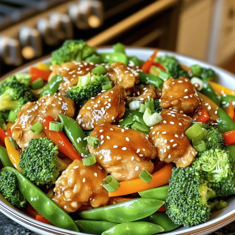To make Honey Sesame Chicken Stir Fry, you need: - 1 lb boneless, skinless chicken thighs, cut into bite-sized pieces - 1 cup broccoli florets - 1 bell pepper, sliced - 1 cup snap peas - 1 carrot, julienned - 4 cloves garlic, minced - 1 tablespoon ginger, grated - 2 tablespoons sesame oil - 1/4 cup honey - 3 tablespoons soy sauce - 1 tablespoon oyster sauce - 2 teaspoons cornstarch mixed with 2 tablespoons water - 1 tablespoon sesame seeds - Green onions, chopped for garnish Feel free to add extra flavor with: - Red pepper flakes for heat - Cashews or peanuts for crunch - Bok choy for a different green - Fresh herbs like cilantro for freshness I recommend using boneless, skinless chicken thighs. They stay juicy and tender during cooking. Chicken breasts can dry out, especially in a stir fry. Thighs add rich flavor and pair well with the sweet honey sauce. For a healthier option, skinless chicken breasts work too, but be careful not to overcook them. To start, you need to make the sauce. In a small bowl, mix together the honey, soy sauce, oyster sauce, and cornstarch mixed with water. Stir well until everything blends. This sauce makes the dish sweet and savory. Set it aside for later. Next, heat 1 tablespoon of sesame oil in a large skillet or wok. Use medium-high heat for the best results. When the oil is hot, add the chicken thighs. Cook for about 5-7 minutes. You want them golden brown. Once cooked, take the chicken out and set it aside. In the same skillet, add the rest of the sesame oil. Then, add minced garlic and ginger. Sauté for about 30 seconds until you smell their nice scent. After that, add the broccoli, bell pepper, snap peas, and carrot. Stir fry for 3-4 minutes. You want the veggies tender but still crunchy. Now it’s time to combine everything. Return the cooked chicken to the skillet with the vegetables. Pour the sauce over the mix and toss everything together. Cook for another 2-3 minutes. The sauce should thicken and coat the chicken and veggies nicely. When done, take the skillet off the heat. Sprinkle sesame seeds and chopped green onions on top for a nice touch. Serve the dish hot over cooked jasmine rice or noodles. This makes for a colorful and tasty meal! To cook chicken well, use boneless, skinless thighs. They stay juicy and tender. Cut the chicken into bite-sized pieces for even cooking. Heat your skillet or wok on medium-high. Add sesame oil before the chicken. Sear the chicken for 5-7 minutes until golden brown. Don’t crowd the pan; this helps it cook evenly. Always check the inside to ensure it’s fully cooked. When stir frying, keep your veggies colorful and fresh. Use broccoli, bell peppers, snap peas, and carrots. Cut them into uniform sizes for even cooking. Heat the skillet before adding the veggies. Add garlic and ginger first for flavor. Stir fry for about 3-4 minutes until they are tender-crisp. This keeps the nutrients and crunch intact. Avoid overcooking; you want bright colors. If you want more sweetness, add extra honey. Start with a teaspoon at a time to avoid overdoing it. For heat, include red pepper flakes or a dash of hot sauce. Mix them well into your sauce. Taste as you go, and adjust to your liking. This dish should balance sweet and spicy for the best flavor. {{image_2}} If you want a meat-free meal, tofu works great. Use firm or extra-firm tofu. Press it to remove water, then cut it into cubes. Cook the tofu in the same way you would cook chicken. Sear it until golden and crispy. This gives a nice texture and flavor. You can mix and match vegetables based on what you have. Try adding mushrooms, zucchini, or bok choy. Snow peas or green beans can also be great. The key is to use fresh veggies. This keeps the dish colorful and healthy. Each vegetable brings its own taste and crunch. If you love heat, add some chili flakes or sriracha. Mix these into the sauce for a spicy kick. You can also slice fresh jalapeños or Thai bird chilies. Just remember, a little goes a long way. Adjust the spice to suit your taste. This version adds a fun twist to the classic dish. After enjoying your Honey Sesame Chicken Stir Fry, store leftovers in an airtight container. Make sure to let the dish cool down first. You can keep it in the fridge for up to three days. For best taste, eat it within two days. Label your container with the date, so you know when you made it. To reheat your stir fry, use a skillet over medium heat. Add a splash of water or broth to keep it moist. Stir often for about five minutes or until it's hot. You can also microwave it in a bowl. Cover it with a lid or plastic wrap, leaving a small gap. Heat for one minute, then stir and check if it’s hot enough. If you want to save some for later, freezing is a great option. Place the cooled stir fry in a freezer-safe bag or container. Try to remove as much air as possible. Label it with the date and freeze for up to three months. To enjoy, thaw it in the fridge overnight and then reheat as mentioned above. If you need a honey substitute, try maple syrup or agave nectar. Both add sweetness. You can also use brown sugar mixed with a little water. This mix gives a similar flavor. Yes, frozen vegetables work well for this stir fry. They save time and are easy to use. Just make sure to thaw them before cooking. This helps them cook evenly. You can make Honey Sesame Chicken Stir Fry in advance. Cook it and let it cool. Store it in an airtight container in the fridge for up to three days. Reheat it in a pan or microwave before serving. Serve this dish with jasmine rice or noodles for a complete meal. You can also add a side salad or spring rolls for extra crunch and flavor. To make this dish gluten-free, use gluten-free soy sauce. You can find this at most grocery stores. Ensure all other ingredients are gluten-free as well, like the oyster sauce. You now have all the steps to create a tasty Honey Sesame Chicken Stir Fry. We covered the key ingredients, cooking methods, and ways to make it your own. Remember, cooking is about fun and creativity. Use these tips to adjust flavors or try new ingredients. With practice, you can make this dish perfect every time. Enjoy your cooking journey and share your delicious results with friends and family!