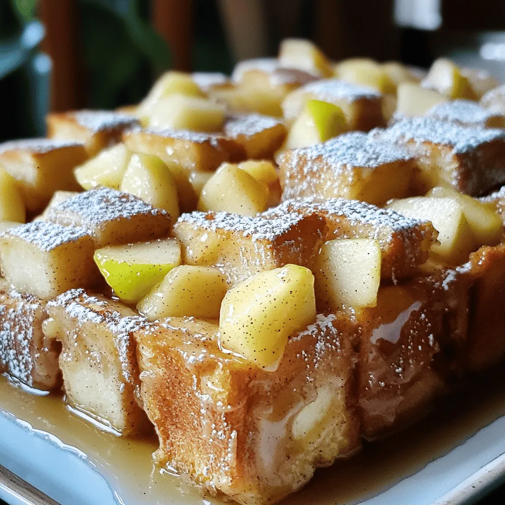 - 8 slices of thick bread (challah or brioche) - 2 large apples (Granny Smith or Honeycrisp) - 4 large eggs - 1 cup milk - 1/2 cup brown sugar (packed) - 1 teaspoon vanilla extract - 1 teaspoon ground cinnamon - 1/4 teaspoon nutmeg - 1/4 teaspoon salt - 2 tablespoons butter (melted) - Optional: Powdered sugar for dusting, maple syrup for serving Gathering the right ingredients is key. You'll want thick slices of bread. Challah or brioche works best for a soft and rich taste. Next, choose two large apples. Granny Smith or Honeycrisp adds a nice sweet and tart flavor. Make sure you have four large eggs, which create a rich custard. One cup of milk adds creaminess. The brown sugar gives sweetness and depth. Use half a cup, packed tightly. Add one teaspoon of vanilla extract for warmth and flavor. Ground cinnamon brings a familiar taste, so use one teaspoon. A quarter teaspoon of nutmeg adds a subtle spice. Don’t forget a quarter teaspoon of salt to balance the sweetness. Finally, melt two tablespoons of butter to drizzle on top before baking. If you like, have powdered sugar ready for dusting. Maple syrup is a great choice for serving, adding that sweet touch. Preheat your oven to 350°F (175°C). Grease a 9x13 inch baking dish with butter. Cut each slice of thick bread into cubes. Make sure the cubes are even for good baking. In a bowl, combine the diced apples, 1/4 cup of brown sugar, 1/2 teaspoon of cinnamon, and a pinch of salt. Toss the apples well to coat them. Pour the apple mixture over the bread cubes. Distribute the apples evenly so every bite has some fruit. In a large bowl, whisk together the eggs, milk, the remaining 1/4 cup of brown sugar, vanilla extract, cinnamon, nutmeg, and salt. Make sure the mixture is smooth and all ingredients blend well. Pour the egg mixture evenly over the bread and apple mix. Press down gently with a spatula to help the bread soak up the custard. Drizzle the melted butter over the top for added richness. Cover the baking dish with foil. Bake for 30 minutes. After that, remove the foil and bake for an extra 15-20 minutes. Look for a golden brown color and a set custard. Let the French toast bake cool for a few minutes before slicing. For a sweet touch, sprinkle with powdered sugar if you like. Serve warm with maple syrup drizzled on top. Enjoy every bite! When making a French toast bake, the type of bread matters. Thick bread works best. I love using challah or brioche. They soak up the custard well and get soft. If you need gluten-free bread, try a good gluten-free loaf. Whole grain bread is also a great choice for added fiber. For baking, I suggest using tart apples, like Granny Smith or Honeycrisp. These apples hold their shape and add great flavor. When preparing apples, start by peeling them. A simple vegetable peeler works best. Next, cut the apples into quarters, remove the core, and slice them into small pieces. This makes them easy to mix into your dish. To avoid soggy bread, don’t soak the bread for too long. Pour the custard over the bread and apples, then press down gently. This helps the bread absorb just enough liquid. For a golden crust, bake covered for the first part. Uncover it towards the end to allow the top to brown nicely. This gives you a tasty, crunchy top. {{image_2}} You can boost the flavor of your Brown Sugar Cinnamon Apple French Toast Bake. Adding spices like cardamom or ginger brings warmth and depth. You could also mix in some berries or raisins for a fruity twist. These flavors add a new layer of taste, making each bite exciting. If you want to cut back on sugar or fat, there are easy swaps. Use less brown sugar or substitute with a natural sweetener. For a lighter version, consider using almond milk or oat milk instead of regular milk. You can also replace eggs with flaxseed meal or chia seeds mixed with water for a vegan option. These changes keep the dish tasty while being gentle on your diet. Think about serving this dish in different ways. You can make it savory by adding cheese or fresh herbs, like basil or thyme. This gives your bake a unique flavor profile. You can also serve it as a breakfast casserole or a dessert option. With a scoop of ice cream or whipped cream, it can be a sweet treat anytime! To keep your Brown Sugar Cinnamon Apple French Toast Bake fresh, store it in the fridge. Place it in an airtight container or cover it tightly with plastic wrap. This dish lasts about 3 to 4 days in the fridge. For longer storage, you can freeze it. Wrap individual portions in plastic wrap, then place them in a freezer bag. It can stay good for 2 to 3 months in the freezer. When it's time to enjoy leftovers, reheating is key. The best way to warm it up is in the oven. Preheat the oven to 350°F (175°C). Place the dish in for about 15-20 minutes. This method keeps the texture nice. If you need a quick option, use the microwave. Heat it on medium power for 1-2 minutes. Be careful not to overheat, as it can become soggy. Prep is easy with this dish! You can assemble it the night before. Just cover it and let it sit in the fridge overnight. This way, it’s ready to bake in the morning. You can also freeze it before baking. Just prepare it as usual, cover it well, and freeze. When you’re ready, bake it straight from the freezer, but add a few extra minutes to the cooking time. You can prepare your French toast bake the night before. Just follow these steps: - After assembling the bread and apple mixture, cover it with foil. - Place it in the fridge overnight. - In the morning, just bake it straight from the fridge. You may need to add a few extra minutes to the baking time. This way, you save time and enjoy a warm breakfast with ease. Yes, you can use different apples. Granny Smith and Honeycrisp are great choices. They add a nice tartness and firmness. Here are some other options: - Fuji apples for sweetness. - Gala apples for a softer texture. - Braeburn apples for a mix of sweet and tart. Feel free to mix different kinds for added flavor! This French toast bake is tasty on its own, but you can enhance your meal. Here are some great sides: - Bacon or sausage for a savory touch. - Fresh fruit like berries or bananas for brightness. - Whipped cream for a creamy texture. - Nuts like pecans or walnuts for crunch. Maple syrup is a must for drizzling! Cooking your French toast bake takes about 45 to 50 minutes. Here's the breakdown: - Prep time is about 15 minutes. - The initial bake takes 30 minutes covered with foil. - Then, bake uncovered for another 15 to 20 minutes until golden brown. This timing ensures a delicious, custardy bake. Enjoy! This blog post covered everything you need for a delicious Brown Sugar Cinnamon Apple French Toast Bake. You learned about ingredients, step-by-step instructions, and tips for perfect texture. We explored variations and provided storage tips to keep your leftovers fresh. In the end, I hope you feel inspired to try this recipe. It’s simple, tasty, and perfect for gatherings. Enjoy cooking and sharing this delightful dish with friends and family. Happy baking!