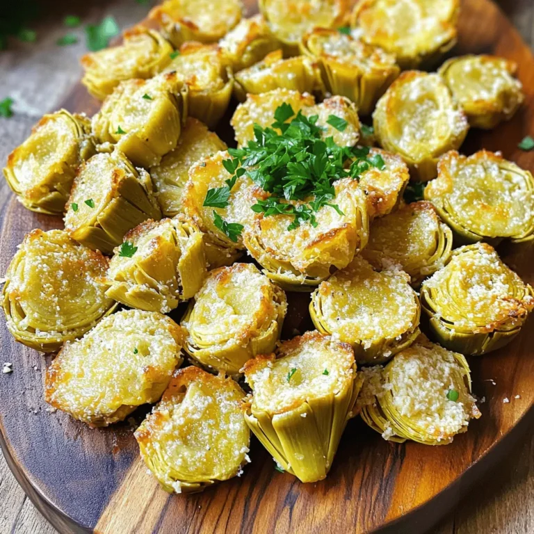 - 1 can (14 oz) artichoke hearts, drained and rinsed - 2 tablespoons olive oil - 1 teaspoon garlic powder - 1 teaspoon onion powder - 1/2 teaspoon Italian seasoning - 1/4 teaspoon crushed red pepper flakes (optional) - 1/4 cup grated Parmesan cheese - Salt and pepper to taste - Fresh parsley, chopped (for garnish) Gather these ingredients before you start. The artichoke hearts give a nice base. Olive oil adds moisture and flavor. Garlic powder and onion powder boost taste. Italian seasoning brings an herb touch. Red pepper flakes add a kick if you like spice. Parmesan cheese adds a rich, savory crunch. Don't forget salt and pepper for balance. Fresh parsley adds color and freshness. - Air fryer - Mixing bowl - Paper towels - Serving dish These tools will make your cooking easy. An air fryer cooks the artichokes perfectly. A mixing bowl helps you combine the marinade. Paper towels help dry the artichokes well. A serving dish makes your meal look good. This setup ensures a fun cooking experience. - Preheat the air fryer to 375°F (190°C). - Drain and rinse the artichoke hearts in cold water. Preheating is key. It helps the artichoke hearts cook evenly. Rinsing removes any brine taste. This makes them fresh and ready. - In a bowl, mix olive oil, garlic powder, onion powder, Italian seasoning, salt, and pepper. - Toss the artichoke hearts in the marinade until coated. Creating the marinade is easy. Olive oil adds richness. Garlic and onion powders give depth. Italian seasoning brings a lovely herb flavor. Tossing the artichoke hearts ensures they soak up all those tasty flavors. - Place the artichoke hearts in a single layer in the air fryer basket. - Cook for 12-15 minutes, shaking the basket halfway through. Air frying makes them crispy. Single-layer cooking avoids steaming. Shaking helps them brown evenly. You'll know they are ready when they turn golden brown and smell amazing. Enjoy them warm for the best taste! To get that perfect crispiness, do not overcrowd the air fryer basket. If you pile the artichoke hearts too high, they will steam instead of crisp. This means they won’t get that nice crunch we all want. Also, make sure to pat the artichoke hearts dry before cooking. Moisture can lead to soggy bites, and we want them to be crispy! Feel free to mix up the spices! You can add paprika or lemon zest for extra flavor. Try a bit of dill or oregano for a fresh twist. For cheese, you can swap out Parmesan. Try using Pecorino Romano or even a sharp cheddar. Each choice gives a new taste and keeps things interesting. These artichoke hearts taste great with dipping sauces. Try a tangy aioli or a spicy ranch. You can also serve them with other appetizers like bruschetta or cheese boards. They make a great side dish too! Pair them with grilled chicken or fish for a tasty meal that impresses. {{image_2}} You can switch up the cheese in this recipe. Parmesan is great, but other cheese types work well too. Try using Pecorino Romano for a sharper taste. If you prefer a milder flavor, go for mozzarella. For those who want a vegan option, use nutritional yeast. It adds a cheesy taste without dairy. Vegan cheeses made from nuts also melt nicely. Just make sure they are suitable for air frying. If you love heat, spice things up! Add more crushed red pepper or use cayenne pepper. Start with a little, then add more to taste. This gives a nice kick to the dish. You can also mix in a spicy garlic sauce. Look for sauces that have a strong garlic flavor. This adds depth and extra heat to the artichoke hearts. How do you store leftover artichoke hearts? First, let them cool. Then, place them in an airtight container. This helps keep them fresh. You can store them in the fridge for up to three days. If you have too many, consider freezing them. What are the best containers for storing? Use glass or plastic containers with tight lids. These keep moisture out and flavor in. Avoid using metal, as it can affect the taste. How do you reheat in the air fryer? Preheat the air fryer to 350°F (175°C). Place the artichoke hearts in a single layer. Heat them for about 5-7 minutes. This keeps them crispy and warm. What are alternative methods for reheating? You can also use a microwave. Place them on a microwave-safe plate. Heat for 30 seconds at a time until warm. However, this may make them less crispy. You could also use a skillet on low heat. This method helps keep their texture. Yes, you can use frozen artichoke hearts. Just thaw them first. Drain and rinse them well. Pat them dry to remove excess moisture. This step helps them crisp up in the air fryer. Garlic Parmesan artichoke hearts pair well with many dishes. Serve them as a snack or appetizer. They go great with dips like ranch or garlic aioli. You can also serve them with grilled chicken or fish for a nice meal. They add a tasty twist to salads and pasta dishes too. To keep artichoke hearts crispy, start with draining and rinsing them well. Always pat them dry with a paper towel. This removes moisture that can cause sogginess. Avoid overcrowding the air fryer basket to let air circulate. This ensures even cooking and crispiness. We covered how to make delicious garlic Parmesan artichoke hearts in the air fryer. With simple ingredients and tools, you can whip up a tasty snack or side dish. Remember to adjust spices to your taste and serve them with your favorite dips. These artichoke hearts are easy to store and reheat, so enjoy them anytime. Try different cheeses or spice levels for your twist. Happy cooking!