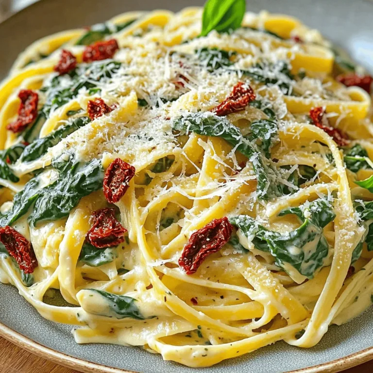 - 8 ounces fettuccine pasta - 1 tablespoon olive oil - 3 cloves garlic, minced - 1 cup sun-dried tomatoes, chopped (preferably in olive oil) - 2 cups fresh spinach - 1 cup heavy cream - 1 cup grated Parmesan cheese - Salt and black pepper to taste - Fresh basil for garnish (optional) Let’s dive into the ingredients for this Sun-Dried Tomato Spinach Alfredo. You will need fettuccine pasta. This type of pasta is flat and wide, perfect for holding the creamy sauce. Next, grab some olive oil. This will help cook the garlic and add flavor. Speaking of garlic, you need three cloves, minced. Garlic brings a lovely aroma and taste that brightens the dish. For the star of the show, you want one cup of chopped sun-dried tomatoes. These tomatoes pack a punch of flavor. They add sweetness and a slight tang that complements the cream. Fresh spinach is a must—two cups will do. Spinach wilts nicely and adds color and nutrients. You’ll need one cup of heavy cream for that rich, creamy sauce. It makes the dish indulgent and smooth. Don’t forget the cheese! One cup of grated Parmesan cheese gives the sauce a salty finish. Season your dish with salt and black pepper to taste. These simple seasonings balance the flavors. Lastly, consider fresh basil for garnish. It adds a pop of color and fresh taste. This will make your dish look and taste even better. To start, grab a large pot and fill it with water. Add a generous amount of salt to the water. This helps flavor the pasta. Place the pot on the stove and bring it to a boil. Once boiling, gently add 8 ounces of fettuccine pasta. Cook it according to the package instructions until it is al dente. This usually takes around 8 to 10 minutes. Before draining, remember to save ½ cup of the pasta water. This water can help your sauce later. After saving the water, drain the pasta and set it aside. Now, let’s move to the skillet. Heat 1 tablespoon of olive oil over medium heat. Once the oil is warm, add 3 minced garlic cloves. Sauté the garlic for 1 to 2 minutes until it smells fragrant. This step brings out the garlic's sweet flavor. Next, toss in 1 cup of chopped sun-dried tomatoes. Cook them for about 2 minutes. They should soften a little. Then, add 2 cups of fresh spinach. Stir it until it wilts, which should take another 1 to 2 minutes. This adds color and nutrients to your dish. Lower the heat to low. Pour in 1 cup of heavy cream and stir gently. Then, add 1 cup of grated Parmesan cheese. Keep stirring until the cheese melts and mixes well with the cream. This is where the magic happens! If the sauce looks too thick, gradually add the reserved pasta water. Do this until it reaches your desired creaminess. Finally, season your sauce with salt and black pepper to taste. Now, your Alfredo sauce is ready to embrace the pasta! To make a creamy Alfredo sauce, avoid high heat. High heat can burn the cream and cheese. Focus on stirring constantly. This helps the cheese melt smoothly. If your sauce gets too thick, use reserved pasta water. Add it slowly until you reach a creamy texture. For more flavor, try adding a pinch of nutmeg. It gives a warm, cozy taste. Fresh herbs, like thyme or oregano, can also boost the dish. You might even mix in some red pepper flakes for a kick. If you love garlic, add more minced garlic for depth. This dish pairs well with a crisp green salad. A light vinaigrette can balance the rich sauce. You can also serve it with garlic bread for a complete meal. If you enjoy wine, a glass of white wine complements the flavors nicely. {{image_2}} To make a vegetarian version of Sun-Dried Tomato Spinach Alfredo, swap the heavy cream. Use a mix of cashew cream and vegetable broth for a lighter sauce. You can also replace Parmesan with nutritional yeast for a cheesy flavor. Make sure your fettuccine is egg-free to keep it vegetarian. Want to boost your meal? Add protein easily. Cooked chicken or shrimp works well. Just toss them in with the pasta before serving. For a plant-based option, use tofu. Cube it and sauté it with the garlic and tomatoes. It adds texture and flavor without meat. If you need gluten-free options, use brown rice or chickpea pasta. These alternatives cook well and taste great. Just follow the package instructions for cooking times. You can enjoy all the flavors without gluten, and it fits into your dietary needs. To store leftovers of Sun-Dried Tomato Spinach Alfredo, let it cool first. Place it in an airtight container. This keeps the dish fresh and tasty. Make sure to refrigerate it within two hours of cooking. You can enjoy your leftovers for up to three days. Freezing this dish is easy. First, let it cool completely. Then, transfer it to a freezer-safe container. Try to remove as much air as possible. This helps prevent freezer burn. When you want to eat it, thaw it in the fridge overnight. Reheat it on the stove over low heat. You may need to add a splash of cream or pasta water to regain creaminess. In the fridge, your Sun-Dried Tomato Spinach Alfredo lasts about three days. If stored properly in the freezer, it keeps well for about two months. Make sure to label containers with the date. This helps you track freshness and enjoy it at its best. Yes, you can switch out fettuccine for other pasta types. Penne, rigatoni, or farfalle work well. They hold sauce nicely. Just keep an eye on the cooking time. You want the pasta to be al dente, not mushy. This recipe is great for meal prep. You can cook it ahead of time and store it in the fridge. Just keep the sauce separate if you want to reheat it later. This helps the pasta stay fresh. When warming up, add a splash of water or cream to keep it creamy. To add heat, include red pepper flakes when cooking the garlic. You can also add sliced jalapeños or a dash of hot sauce. Adjust the spice level to fit your taste. A little heat can really enhance the flavors in this dish. This blog post covers a simple and tasty Fettuccine Alfredo recipe. We looked at the necessary ingredients, cooking steps, and tips for a great dish. You learned how to enhance flavors and customize the recipe to fit dietary needs. Proper storage tips keep your leftovers fresh. Whether you want to meal prep or spice things up, this dish is flexible. Enjoy experimenting with flavors and making your version of this classic pasta dish!