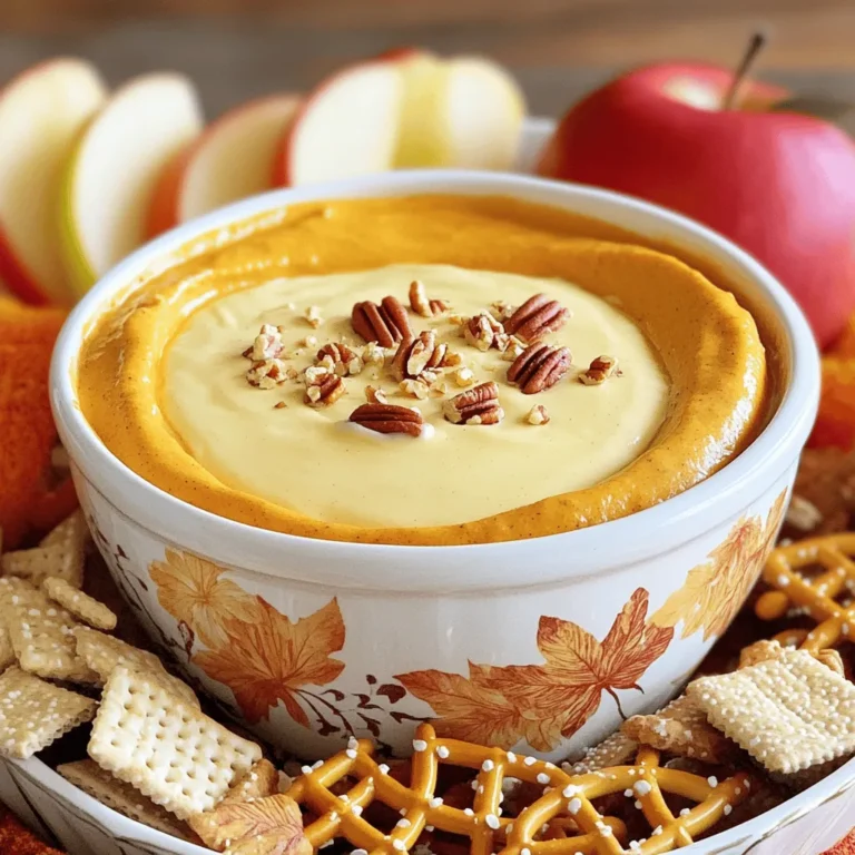 To make this delightful dip, gather these key items: - 8 oz cream cheese, softened - 1 cup powdered sugar - 1 cup pumpkin puree (canned or roasted) - 1 teaspoon vanilla extract - 1 teaspoon pumpkin pie spice - 1/2 teaspoon cinnamon - 1 cup cool whip (or whipped cream) These ingredients create a creamy, sweet, and spiced flavor. The cream cheese and cool whip give it a light texture. Pumpkin puree adds a rich taste, while the spices bring warmth. For a fun touch, consider these garnishes: - Crushed pecans - Crushed walnuts These add crunch and enhance the dip's flavor. You can sprinkle them on top before serving. They also look pretty and make the dip more inviting. You can swap some ingredients if needed. For a lower-fat option, use low-fat cream cheese. If you want a sweeter dip, add more powdered sugar. You can also use whipped coconut cream instead of cool whip for a dairy-free version. Each change will still keep the dip tasty. To start, grab a large mixing bowl. Add 8 oz of softened cream cheese. This makes the dip rich and smooth. Then, mix in 1 cup of powdered sugar. It adds sweetness to balance the pumpkin. Next, add 1 cup of pumpkin puree. You can use canned or roasted pumpkin. Sprinkle in 1 teaspoon of vanilla extract and 1 teaspoon of pumpkin pie spice. These flavors blend perfectly with the pumpkin. Finally, add 1/2 teaspoon of cinnamon for that warm, cozy taste. Now, it's time to mix everything. Use an electric mixer or a whisk. Blend the ingredients together until smooth and creamy. Make sure there are no lumps. This step is key for a great texture. Once smooth, gently fold in 1 cup of cool whip or whipped cream. This gives the dip a light and fluffy feel. Taste your dip. If it needs more sweetness, add a little more powdered sugar. Transfer your dip to a serving bowl. Use a spatula to smooth the top. For extra flair, sprinkle crushed pecans or walnuts on top. This adds a nice crunch. Now, serve it with graham crackers, apple slices, or pretzels. Arrange them around the bowl for a pretty display. If you want, chill the dip for an hour. This lets the flavors blend even better. Enjoy your delightful treat! Taste is key in making the dip perfect. Start with one cup of powdered sugar. If you want it sweeter, add more sugar little by little. Mix well after each addition. You can also try adding a pinch of extra cinnamon or pumpkin pie spice. This adds flavor without making it too sweet. To achieve a creamy dip, ensure your cream cheese is very soft. Take it out of the fridge an hour before you start. Mix it well with the other ingredients. Gently fold in the cool whip, so it stays fluffy. If you like a thicker dip, you can add more cream cheese. How you serve this dip makes a big difference. Use a nice bowl to hold the dip. Surround it with graham crackers, apple slices, and pretzels. You can use a fall-themed dish to match the season. For a fun touch, sprinkle crushed pecans or walnuts on top. This adds a nice crunch and looks appealing. {{image_2}} You can change the taste of the dip easily. Add more spices for depth. Try adding a pinch of nutmeg or ginger for warmth. If you love chocolate, mix in a few tablespoons of cocoa powder. For a caramel twist, drizzle some caramel sauce into the dip. Each choice adds a new layer of flavor. This dip is fun to serve in many ways. You can use graham crackers, apple slices, or pretzels for dipping. For an extra crunch, serve with crushed nuts on top. Another fun idea is to serve it in small cups for individual portions. You can also use mini pumpkins as serving bowls for a festive touch. Want a healthier dip? Swap the cream cheese for Greek yogurt. It gives you the same creamy texture with less fat. You can also use natural sweeteners like honey or maple syrup. For dairy-free options, try coconut cream or a dairy-free cream cheese. These swaps keep the flavor while making it lighter. You should store your no-bake pumpkin spice cheesecake dip in the fridge. Place it in an airtight container. This keeps it fresh and tasty. Make sure to cover it well. If you keep it covered, it will stay good longer. You can serve it right after making it or chill it for an hour. Chilling helps the flavors mix better. You can freeze this dip, but it may change its texture. To freeze, put the dip in a freezer-safe container. Leave some space at the top, as it will expand. When you want to eat it, let it thaw in the fridge. This way, it will stay safe to eat. I recommend using it within a month for the best taste. This dip stays fresh in the fridge for about 5 days. If you freeze it, use it in a month. After that, the flavor may fade. Always check for any off smells or changes in color before serving. If it looks or smells strange, it’s best to throw it out. Enjoy your dip while it’s at its best! Yes, you can make this dip ahead. It tastes even better after chilling. Prepare the dip, then cover it tightly. Store it in the fridge for up to two days. Take it out about 30 minutes before serving. This allows the dip to soften slightly. You have many fun options for dipping. Here are some ideas: - Graham crackers - Apple slices - Pretzels - Vanilla wafers - Biscotti Each choice adds a nice crunch and flavor. Try a mix for fun! Absolutely, you can go gluten-free! Choose gluten-free graham crackers or pretzels. Fresh fruit like apple slices is also a great choice. These options keep the dip tasty for all diets. Enjoy it without worry! In this post, we explored the key ingredients and steps to create a tasty dip. We also discussed essential tips for sweetness, creaminess, and presentation. Variations let you customize flavors and serve it in fun ways. Remember, you can store the dip safely for later use. With the right knowledge, you can make this dip work for any occasion. Enjoy experimenting and sharing your dip with friends and family!