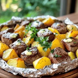 - 1 lb sirloin steak, cut into bite-sized cubes - 4 medium potatoes, diced - 4 tablespoons unsalted butter, melted - 4 cloves garlic, minced The heart of this dish lies in the main ingredients. The sirloin steak gives the packs a rich and hearty flavor. Cut it into bite-sized cubes for quick cooking and easy eating. Next, we have the potatoes. Diced medium, they cook evenly and soak up all the tasty juices. Then, unsalted butter adds a creamy richness. Melting it enhances the flavor of each ingredient. Finally, garlic is a must. Minced fresh, it adds a punch of flavor that shines through. - 1 teaspoon dried rosemary - 1 teaspoon dried thyme - Salt and pepper to taste - Fresh parsley, chopped (for garnish) Seasonings elevate the dish. Dried rosemary gives a woodsy note, while thyme adds a subtle warmth. Don't forget salt and pepper. They enhance all the flavors and make each bite pop. Chopping fresh parsley for garnish adds a bright touch. It makes your packs look and taste fresh. With these ingredients, you set the stage for a delicious meal that impresses everyone. - Preheat your grill or oven to 400°F (200°C). This step helps cook everything evenly. - In a large bowl, mix the cubed steak, diced potatoes, melted butter, minced garlic, dried rosemary, dried thyme, salt, and pepper. Toss until all the pieces are coated well. - Tear off four pieces of aluminum foil, each about 12x12 inches. This size works great for packing. - Divide the steak and potato mixture evenly among the four pieces of foil. Make sure each pack has enough for a good meal. - Fold the edges of the foil over the mixture. Seal the packets tightly to keep the steam inside. No openings should be left! - Place the foil packs on the grill or in the oven. Cook for about 25-30 minutes. Flip them halfway through cooking. Check that the potatoes are tender and the steak is just right. - Carefully take the foil packs from the heat. They will be hot, so use oven mitts! - Open the packets slowly to avoid steam burns. A burst of flavor will greet you! - Garnish each pack with freshly chopped parsley. This adds a nice touch and bright flavor. To ensure even cooking, cut the steak and potatoes into similar sizes. This helps them cook at the same rate. Flip the foil packs halfway through cooking. This action allows heat to reach all sides. Adjust the cooking time based on your taste for steak doneness. If you like it rare, check it at 20 minutes. Feel free to switch up the herbs. Try oregano or basil for a different twist. You can also add spices like paprika or cumin for a kick. Adding veggies like bell peppers or zucchini boosts flavor and nutrients. Mix in chopped onions for added sweetness and depth. Always use caution when handling hot foil packs. The steam inside can be very hot. Open the packs slowly to let steam escape safely. Ensure the packets are sealed tightly. This keeps the steam inside for perfect cooking. {{image_2}} If you want a twist, try using chicken or shrimp instead of steak. Chicken thighs work well because they stay juicy. Shrimp cooks fast, so check it often. For a vegetarian option, swap the steak with hearty veggies like mushrooms or tofu. Both choices keep the foil pack fun and tasty. Adding different sauces can change the dish's taste. A splash of soy sauce gives a savory kick. You can also try barbecue sauce for a sweet touch. Experimenting with spices adds depth. Use smoked paprika for warmth or chili powder for heat. This way, you can make each pack special. Don’t hesitate to add more veggies! Onions bring sweetness, while bell peppers add color. Carrots add crunch and sweetness too. Seasonal veggies like zucchini or asparagus can brighten the pack. Mixing various vegetables not only boosts flavor but also makes your meal colorful and healthy. To store your Garlic Butter Steak & Potato Foil Packs, first let them cool. This helps keep them fresh. Avoid putting hot food directly into the fridge. Use shallow containers for quick cooling. Then, place the leftovers in airtight containers. This keeps flavors locked in. Label the containers with the date to track freshness. You can reheat these foil packs in two ways: the oven or the microwave. For the oven, preheat to 350°F (175°C). Place the foil pack on a baking sheet. Heat for about 15-20 minutes. This method keeps the flavor strong. If using a microwave, place the pack on a microwave-safe plate. Heat for 3-5 minutes. Be careful, as the steam can be hot. Reheating in the oven usually maintains the best texture. If you want to freeze the cooked foil packs, let them cool first. Wrap each pack tightly in plastic wrap. Then, place them in a freezer-safe bag. This helps prevent freezer burn and keeps them fresh. For thawing, move the foil packs to the fridge the night before. You can also let them sit at room temp for about an hour. This helps them thaw evenly. Yes, you can make these foil packs ahead. Prepare the steak and potato mixture. Place the mixture in the foil and seal it. Store the sealed packs in the fridge for up to 24 hours. This saves time for busy days. When ready to cook, just place them on the grill or in the oven. If you are using a campfire, cook the foil packs for about 15-20 minutes. Place them on hot coals or a grill grate. Make sure to flip the packs halfway through. This helps cook the steak and potatoes evenly. Always check that the steak is cooked to your liking and the potatoes are tender. These foil packs pair well with many sides. You can serve them with a fresh salad. A simple green salad adds crunch and freshness. Grilled veggies are also a great choice. Consider corn on the cob or asparagus for extra flavor. Don’t forget a nice crusty bread to soak up the garlic butter! Garlic Butter Steak & Potato Foil Packs are easy and tasty. This meal combines sirloin steak, potatoes, and garlic butter with simple seasonings. You can customize it with different proteins and veggies. Follow my step-by-step guide to perfect your cooking. Remember to store leftovers properly and reheat for the best taste. These foil packs are not just delicious; they are fun to make. Try them out, and share your results with friends! Enjoy experimenting with flavors, and make this dish your own!