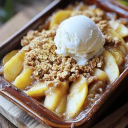 - Apples: You need 4 large apples. A mix of Granny Smith and Fuji works best. - Sweeteners: Use 1/2 cup brown sugar and 1/3 cup granulated sugar. - Spices: You will need 1 teaspoon ground cinnamon and 1/4 teaspoon nutmeg. - Dry Ingredients: Gather 1/2 cup rolled oats, 1/2 cup all-purpose flour, and 1/4 teaspoon salt. - Butter: Use 1/4 cup cold butter, cut into small cubes. - Optional toppings: Serve with vanilla ice cream or whipped cream for a treat. This list includes all the essentials to make your cinnamon apple crumble delightful. The combination of tart and sweet apples balances the flavors. The spices bring warmth and comfort to the dish. The oats and butter create a crunchy topping. You can make this dessert even more special with a scoop of ice cream or a dollop of whipped cream. Enjoy the sweet aroma of cinnamon as you prepare this dish! First, you need to prepare the apples. Get four large apples. I love using a mix of Granny Smith and Fuji apples for the best taste. Start by peeling, coring, and slicing each apple into thin pieces. This helps them cook evenly. Next, place the sliced apples in a large bowl. Add one tablespoon of lemon juice. This keeps the apples fresh and bright. Sprinkle in half a cup of brown sugar, one teaspoon of ground cinnamon, and a quarter teaspoon of nutmeg. Mix everything together until the apples are well coated. Set this bowl aside for now. Now, let’s make the crumble topping. In another bowl, combine half a cup of rolled oats, half a cup of all-purpose flour, one-third cup of granulated sugar, and a quarter teaspoon of salt. Mix these dry ingredients well. Next, take a quarter cup of cold butter and cut it into small cubes. Add the butter to the dry mixture. Use your fingers or a pastry cutter to work the butter into the mix. You want it to look like coarse crumbs. This will create a crunchy topping. It’s time to put everything together! Grease a 9x9 inch baking dish. Spread the apple mixture evenly across the bottom of the dish. Make sure the apples are in a nice, even layer. Now, sprinkle the oat crumble topping over the apples. Cover them generously so that every bite will be delicious. Preheat your oven to 350°F (175°C) and bake for 30 to 35 minutes. You will know it's done when the apples are bubbling and the topping is golden brown. Once baked, take it out and let it cool for a few minutes. This makes it easier to serve. Enjoy your warm cinnamon apple crumble! To get the best crumble, start with your butter. Use cold butter, as it helps create that flaky texture. Cut the butter into small cubes before mixing it with the dry ingredients. This way, you’ll get nice, crumbly bits rather than a paste. For apples, I like a mix of Granny Smith and Fuji. The tartness of Granny Smith balances well with the sweetness of Fuji. When it comes to serving, I prefer vanilla ice cream. The cold ice cream melts into the warm crumble, creating a great mix. Whipped cream is also a good choice if you want something lighter. For presentation, sprinkle a bit of cinnamon on top. You can also add a few thin apple slices for color and texture. If your topping turns out soggy, check your butter. Too much moisture can cause this problem. You can try baking it a bit longer to help it crisp up. For sweetness, taste the apple mixture before baking. If you find it too sweet, add a little lemon juice to balance it out. Adjusting sweetness keeps your flavors in check. {{image_2}} You can make this crumble gluten-free. Just swap the all-purpose flour with almond flour or gluten-free all-purpose flour. For oats, look for certified gluten-free oats. This way, everyone can enjoy this dessert! To make this crumble vegan, replace the butter with coconut oil or a plant-based butter. You can also add a scoop of dairy-free ice cream or coconut whipped cream on top. These swaps keep the dessert rich and tasty. Get creative with flavors! Add chopped nuts like walnuts or pecans for crunch. Dried fruits like raisins or cranberries also work well. For a twist, try adding a pinch of cardamom or ginger with the cinnamon. These options can give your crumble a unique taste every time! To store leftovers, let the crumble cool first. Cover it with plastic wrap or foil. Place it in the fridge. It will stay fresh for about 3 to 5 days. When you want to eat it, just warm it in the oven. This keeps the topping nice and crispy. For freezing, let the crumble cool completely. Then, slice it into portions. Wrap each piece tightly in plastic wrap. Place the wrapped pieces in a freezer bag. Squeeze out the air before sealing. The crumble can last in the freezer for about 3 months. To reheat, take a slice out and let it thaw in the fridge overnight. You can warm it in the oven at 350°F (175°C) for about 15 minutes. This way, you keep that perfect crumble texture. In the fridge, the crumble lasts about 3 to 5 days. If you freeze it, it stays fresh for about 3 months. Always check for any signs of spoilage. If it looks or smells off, it’s better to discard it. Enjoy your cinnamon apple crumble at its best! Yes, you can use frozen apples. However, you need to thaw them first. Thawing helps avoid excess moisture. This prevents a soggy crumble. Once thawed, drain any extra juice. This keeps the texture nice and firm. If you do not drain them, the filling may be too runny. Yes, you can prepare this dish ahead of time. You can slice the apples and mix them with the spices. Place them in the baking dish. Cover and store them in the fridge for one day. You can also make the crumble topping ahead. Just keep it in the fridge as well. When ready, layer the topping on the apples and bake. This saves time and makes it easy for busy days. I recommend using a mix of tart and sweet apples. Granny Smith apples add a nice tartness. Fuji apples bring sweetness to the mix. Other great options include Honeycrisp and Braeburn. Mixing different types gives the best flavors. The sweet-tart balance creates a delightful taste in every bite. This guide covers all you need to make a delicious apple crumble. We explored ingredients, from apple types to sweeteners and spices. We walked through easy prep steps for the perfect crumble topping. Tips helped ensure success, whether you want it gluten-free or vegan. Plus, we shared storage advice and answered common questions. Enjoy baking, tasting, and sharing your apple crumble. You now have the tools to create a tasty treat your family will love. Happy baking!