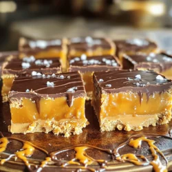 - 1 cup creamy peanut butter - 1/2 cup unsalted butter, melted - 1/2 cup brown sugar - 1/2 cup granulated sugar - 1 teaspoon vanilla extract - 1 1/2 cups graham cracker crumbs - 1/8 teaspoon salt - 1/2 cup salted caramel sauce (store-bought or homemade) - 1/2 cup semi-sweet chocolate chips - Sea salt for sprinkling Each ingredient plays a vital role in making these bars great. The creamy peanut butter gives a rich flavor and smooth texture. The unsalted butter adds moisture and helps bind everything together. Brown sugar adds a hint of caramel flavor, while granulated sugar provides sweetness. Vanilla extract enhances the flavor of the peanut butter. The graham cracker crumbs provide a crunchy base. The salt balances the sweetness. Our salted caramel sauce adds a sweet and salty twist. Finally, semi-sweet chocolate chips create a delicious topping, and the sea salt enhances all the flavors. If you want to make changes, here are some options. For a nut-free version, use sun butter instead of peanut butter. You can use coconut oil instead of unsalted butter for a dairy-free option. If you want less sugar, try using a sugar substitute like stevia. For a gluten-free version, use gluten-free graham cracker crumbs. These swaps keep the taste while meeting different diets. 1. Preheat your oven to 350°F (175°C). Grease an 8x8 inch baking pan. You can also line it with parchment paper for easy removal. 2. In a large bowl, mix the melted unsalted butter and creamy peanut butter. Add the brown sugar, granulated sugar, and vanilla extract. Stir until everything is smooth. 3. Gradually add the graham cracker crumbs and salt. Mix well until a thick mixture forms. 4. Pour half of this mixture into the prepared pan. Press it down evenly. 5. Drizzle half of the salted caramel sauce over this layer. Use a spatula to spread it gently. 6. Add the rest of the peanut butter mixture on top. Press it down again to keep it even. 7. Pour the remaining salted caramel sauce over the top. Spread it out evenly. 8. In a microwave-safe bowl, melt the semi-sweet chocolate chips. Heat them in 30-second intervals. Stir in between until smooth. 9. Drizzle the melted chocolate over the bars. You can create a marbled look if you wish. 10. Sprinkle sea salt over the chocolate layer. This adds a nice touch. 1. Place the pan in the oven and bake for 25-30 minutes. Look for the edges to turn golden brown. The center should be set but soft. 2. Keep an eye on the bars to avoid overbaking. 1. Once baked, remove the pan from the oven. Let it cool completely in the pan. 2. After cooling, slice the bars into squares. 3. For a nice touch, drizzle extra caramel and chocolate sauce on top. You can also add chopped peanuts for crunch. Serve on a decorative platter. To keep your salted caramel peanut butter bars fresh, store them in an airtight container. Place parchment paper between layers for easy serving. They stay fresh for about a week at room temperature. If you want them to last longer, refrigerate them. They will keep well for two weeks in the fridge. For added crunch, you can freeze them. Just wrap each bar tightly in plastic wrap before placing them in a freezer-safe bag. They can last up to three months in the freezer. For the best flavor, use high-quality peanut butter. Creamy peanut butter gives a rich taste. Choose salted caramel sauce that you love; it makes a big difference. If you prefer to make your own, use equal parts sugar and cream. Heat until the sugar dissolves, and then let it cool. Adding a pinch of sea salt on top enhances the sweet and salty balance. Also, ensure you melt the chocolate chips slowly. Stir often to keep it smooth. One common mistake is overmixing the peanut butter mixture. Mix until just combined; this keeps the bars light. Another mistake is not pressing the mixture down firmly enough. This makes the bars crumbly. Also, don’t skip the sea salt on top. It adds a nice contrast to the sweetness. Finally, avoid cutting the bars too soon. Let them cool completely for the best texture. {{image_2}} You can change the flavor of these bars in fun ways. Try adding crushed nuts, like almonds or walnuts, for crunch. Swap the semi-sweet chocolate chips for white chocolate chips. You can also use dark chocolate for a richer taste. If you love coconut, add shredded coconut to the peanut butter mix. Each twist brings a new taste to enjoy! Making gluten-free bars is easy! Use gluten-free graham crackers or almond flour instead of regular crumbs. Check that your caramel sauce and chocolate chips are gluten-free too. This way, everyone can enjoy these tasty treats without worry. You can also make these bars vegan! Replace the unsalted butter with coconut oil or vegan butter. Use maple syrup instead of brown sugar for sweetness. Choose dairy-free chocolate chips and a vegan caramel sauce. These changes keep the flavor while making it plant-based. To keep your salted caramel peanut butter bars fresh, store them in an airtight container. Place parchment paper between layers to avoid sticking. Keep them at room temperature for up to five days. For longer shelf life, you can store them in the fridge. Just remember, they taste best when they are at room temperature. Freezing these bars is super easy! First, cut them into squares. Wrap each piece in plastic wrap. Then, place them in a freezer-safe bag or container. Be sure to label the bag with the date. They can last up to three months in the freezer. When you’re ready to enjoy, let them thaw in the fridge or on the counter for a few hours. If you want to warm up your bars, it’s simple. Place a square in the microwave for about 10-15 seconds. This will make the caramel gooey again. Just watch it closely to avoid overheating. You can also enjoy them cold, as the flavors are rich and delightful even when chilled. If you don't have graham cracker crumbs, use crushed cookies. Vanilla wafers or digestive biscuits work well. You can also try using ground oats or almond flour for a different texture. Each option brings its own flavor to the bars. Yes, you can skip the caramel if you prefer. The bars will still taste great with just peanut butter and chocolate. You could also add a layer of jam or honey for sweetness. This change gives a new twist to the recipe. These bars stay fresh for about four days at room temperature. Store them in an airtight container to keep them soft. If you want them to last longer, consider refrigerating them. They can last up to a week that way. In this article, we explored the key ingredients and step-by-step process for making delicious bars. We discussed preparation, baking, and cooling tips to ensure success. I shared storage methods to keep your treats fresh and various options for different diets. These insights will help you create great bars while avoiding common pitfalls. Enjoy experimenting with different flavors and methods. Happy baking!