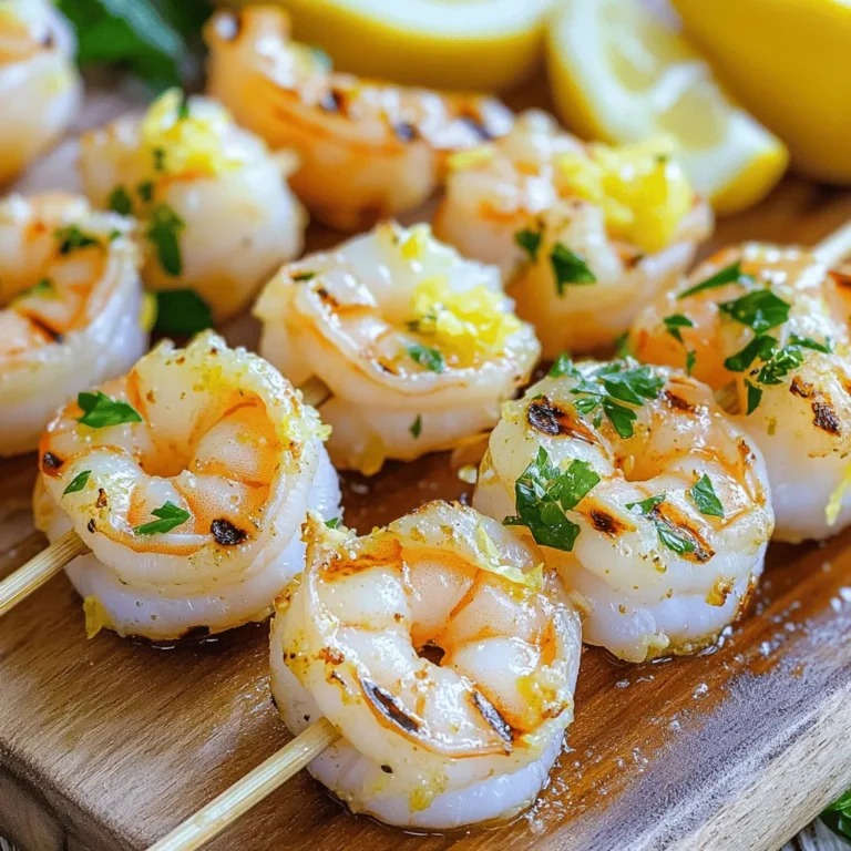 - 1 lb large shrimp, peeled and deveined - 1/4 cup olive oil - 4 cloves garlic, minced - Zest of 1 lemon - Juice of 1 lemon The main star here is the shrimp. You want large shrimp so they stay juicy. The olive oil adds richness and helps the flavors blend. Fresh garlic gives a bold taste that pairs well with lemon. Zest and juice from the lemon brighten the dish and add a fresh kick. - 1 teaspoon smoked paprika - 1/2 teaspoon red pepper flakes (optional) - Salt and pepper to taste For seasoning, smoked paprika brings a warm, smoky note. Red pepper flakes add heat, but you can skip them if you prefer mild flavors. A bit of salt and pepper rounds out the taste, making all the flavors pop. - Fresh parsley, chopped (for garnish) - Lemon wedges (for serving) To finish, I love adding fresh parsley. It gives a nice green color and fresh taste. Lemon wedges are perfect for squeezing on top, adding extra brightness with every bite. This dish not only tastes great but looks beautiful on the plate. - In a bowl, mix together 1/4 cup olive oil, 4 cloves minced garlic, the zest of 1 lemon, and the juice of 1 lemon. - Add 1 teaspoon smoked paprika, 1/2 teaspoon red pepper flakes, and salt and pepper to taste. - Stir the mixture well until it is smooth. - Now, add 1 lb large shrimp, which are peeled and deveined, into the bowl. - Toss the shrimp gently in the marinade to coat them evenly. - Cover the bowl and let the shrimp marinate in the fridge for 30 minutes to 2 hours. - If you are using wooden skewers, soak them in water for 15 minutes. This helps stop them from burning. - While the skewers soak, preheat your grill or grill pan to medium-high heat. - After marinating, take the shrimp and thread them onto the skewers. Leave a little space between each shrimp for even cooking. - Place the skewers onto the hot grill. Cook them for 2-3 minutes on each side. - The shrimp are done when they turn pink and opaque. Be careful not to overcook them; this keeps them tender. - Once cooked, remove the skewers from the grill and place them on a serving platter. - Garnish with fresh parsley and serve with lemon wedges on the side. To know when shrimp are done, look for a few signs. Perfectly cooked shrimp turn pink and opaque. They also curl into a C shape. If they curl into an O shape, they are overcooked. Avoid overcooking by timing your grill. Cook shrimp for 2-3 minutes on each side. For richer flavor, let shrimp marinate longer. I recommend marinating for 1-2 hours. This allows the shrimp to soak up all the tasty garlic and lemon. You can also try other seasonings. Consider using fresh herbs like cilantro or basil. A touch of cumin or lemon pepper adds a nice twist. When serving, arrange skewers on a large platter. This makes a colorful display. Scatter fresh parsley over the shrimp for a pop of color. Serve with lemon wedges on the side. This adds freshness and brightness to each bite. For a fun touch, you can also serve on wooden boards or slate tiles. {{image_2}} You can easily swap shrimp for other proteins. Chicken works well with this recipe. Use boneless, skinless chicken breasts. Cut them into bite-sized pieces. Marinate just like the shrimp. Fish is another great choice. Try salmon or swordfish for a richer flavor. Adjust cooking times since these proteins may take longer. Adding herbs and spices can change the dish. Try fresh basil or thyme for a new twist. You can also add a pinch of cumin for warmth. If you love heat, use cayenne pepper instead of red pepper flakes. This will give you a spicy kick. Experiment with your favorite seasonings for a unique taste. If you don’t have a grill, you can bake the shrimp. Preheat your oven to 400°F. Line a baking sheet with foil. Place the skewers on the sheet and bake for 10-12 minutes. Keep an eye on them to avoid overcooking. You can also cook shrimp skewers on the stovetop. Heat a grill pan over medium-high heat. Add the skewers and cook just like on a grill. This method gives you great grill marks and flavor. To keep your leftover shrimp skewers fresh, place them in an airtight container. Make sure to cool them down first. They can last in the fridge for up to two days. If you want to keep them longer, consider freezing. You can reheat shrimp skewers in the oven or microwave. For the oven, preheat it to 350°F (175°C). Place the skewers on a baking sheet and heat for about 10 minutes. This method keeps them crispy. If using a microwave, heat them on a plate for 1-2 minutes. This is faster, but may make them a bit soggy. To freeze shrimp skewers, wrap them tightly in plastic wrap or foil. Then, place them in a freezer bag. Make sure to remove as much air as possible. When you're ready to eat, thaw them in the fridge overnight. For quick thawing, you can run them under cold water for about 30 minutes. This keeps them safe and tasty. You should marinate the shrimp for at least 30 minutes. If you have time, let them sit for up to 2 hours. This longer time helps the shrimp soak up the lemon and garlic flavors. You want the shrimp to taste great, so don’t rush this step! Yes, you can use frozen shrimp. Just make sure to thaw them first. Place the shrimp in the fridge overnight or run them under cold water until thawed. After thawing, pat them dry before adding to the marinade. This step helps the marinade stick better. Lemon garlic shrimp skewers pair well with many sides. Here are some tasty options: - Garlic bread - Grilled vegetables - Rice pilaf - Fresh salad - Couscous These sides will complement the shrimp perfectly and make your meal more filling. Enjoy! In this guide, we covered the simple steps to make delicious shrimp skewers. We looked at key ingredients like shrimp and a zingy marinade. Marinating adds flavor, and grilling gives a nice char. I shared tips for perfect cooking and fun ways to serve. Remember, you can swap shrimp for other proteins or change up the spices. Keep leftovers fresh and reheat easily. With these insights, you’ll impress your family and friends with perfect skewers every time. Enjoy your cooking adventure!