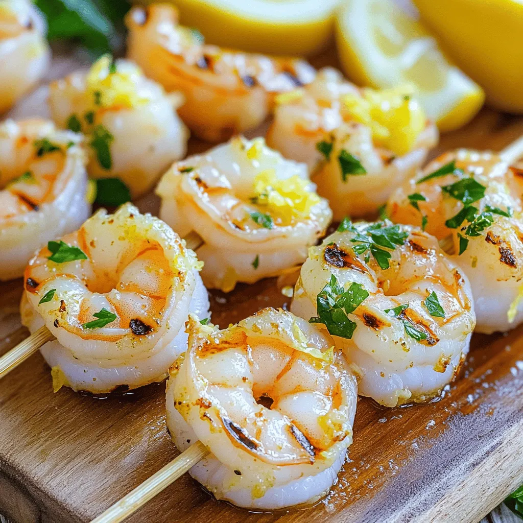 - 1 lb large shrimp, peeled and deveined - 1/4 cup olive oil - 4 cloves garlic, minced - Zest of 1 lemon - Juice of 1 lemon The main star here is the shrimp. You want large shrimp so they stay juicy. The olive oil adds richness and helps the flavors blend. Fresh garlic gives a bold taste that pairs well with lemon. Zest and juice from the lemon brighten the dish and add a fresh kick. - 1 teaspoon smoked paprika - 1/2 teaspoon red pepper flakes (optional) - Salt and pepper to taste For seasoning, smoked paprika brings a warm, smoky note. Red pepper flakes add heat, but you can skip them if you prefer mild flavors. A bit of salt and pepper rounds out the taste, making all the flavors pop. - Fresh parsley, chopped (for garnish) - Lemon wedges (for serving) To finish, I love adding fresh parsley. It gives a nice green color and fresh taste. Lemon wedges are perfect for squeezing on top, adding extra brightness with every bite. This dish not only tastes great but looks beautiful on the plate. - In a bowl, mix together 1/4 cup olive oil, 4 cloves minced garlic, the zest of 1 lemon, and the juice of 1 lemon. - Add 1 teaspoon smoked paprika, 1/2 teaspoon red pepper flakes, and salt and pepper to taste. - Stir the mixture well until it is smooth. - Now, add 1 lb large shrimp, which are peeled and deveined, into the bowl. - Toss the shrimp gently in the marinade to coat them evenly. - Cover the bowl and let the shrimp marinate in the fridge for 30 minutes to 2 hours. - If you are using wooden skewers, soak them in water for 15 minutes. This helps stop them from burning. - While the skewers soak, preheat your grill or grill pan to medium-high heat. - After marinating, take the shrimp and thread them onto the skewers. Leave a little space between each shrimp for even cooking. - Place the skewers onto the hot grill. Cook them for 2-3 minutes on each side. - The shrimp are done when they turn pink and opaque. Be careful not to overcook them; this keeps them tender. - Once cooked, remove the skewers from the grill and place them on a serving platter. - Garnish with fresh parsley and serve with lemon wedges on the side. To know when shrimp are done, look for a few signs. Perfectly cooked shrimp turn pink and opaque. They also curl into a C shape. If they curl into an O shape, they are overcooked. Avoid overcooking by timing your grill. Cook shrimp for 2-3 minutes on each side. For richer flavor, let shrimp marinate longer. I recommend marinating for 1-2 hours. This allows the shrimp to soak up all the tasty garlic and lemon. You can also try other seasonings. Consider using fresh herbs like cilantro or basil. A touch of cumin or lemon pepper adds a nice twist. When serving, arrange skewers on a large platter. This makes a colorful display. Scatter fresh parsley over the shrimp for a pop of color. Serve with lemon wedges on the side. This adds freshness and brightness to each bite. For a fun touch, you can also serve on wooden boards or slate tiles. {{image_2}} You can easily swap shrimp for other proteins. Chicken works well with this recipe. Use boneless, skinless chicken breasts. Cut them into bite-sized pieces. Marinate just like the shrimp. Fish is another great choice. Try salmon or swordfish for a richer flavor. Adjust cooking times since these proteins may take longer. Adding herbs and spices can change the dish. Try fresh basil or thyme for a new twist. You can also add a pinch of cumin for warmth. If you love heat, use cayenne pepper instead of red pepper flakes. This will give you a spicy kick. Experiment with your favorite seasonings for a unique taste. If you don’t have a grill, you can bake the shrimp. Preheat your oven to 400°F. Line a baking sheet with foil. Place the skewers on the sheet and bake for 10-12 minutes. Keep an eye on them to avoid overcooking. You can also cook shrimp skewers on the stovetop. Heat a grill pan over medium-high heat. Add the skewers and cook just like on a grill. This method gives you great grill marks and flavor. To keep your leftover shrimp skewers fresh, place them in an airtight container. Make sure to cool them down first. They can last in the fridge for up to two days. If you want to keep them longer, consider freezing. You can reheat shrimp skewers in the oven or microwave. For the oven, preheat it to 350°F (175°C). Place the skewers on a baking sheet and heat for about 10 minutes. This method keeps them crispy. If using a microwave, heat them on a plate for 1-2 minutes. This is faster, but may make them a bit soggy. To freeze shrimp skewers, wrap them tightly in plastic wrap or foil. Then, place them in a freezer bag. Make sure to remove as much air as possible. When you're ready to eat, thaw them in the fridge overnight. For quick thawing, you can run them under cold water for about 30 minutes. This keeps them safe and tasty. You should marinate the shrimp for at least 30 minutes. If you have time, let them sit for up to 2 hours. This longer time helps the shrimp soak up the lemon and garlic flavors. You want the shrimp to taste great, so don’t rush this step! Yes, you can use frozen shrimp. Just make sure to thaw them first. Place the shrimp in the fridge overnight or run them under cold water until thawed. After thawing, pat them dry before adding to the marinade. This step helps the marinade stick better. Lemon garlic shrimp skewers pair well with many sides. Here are some tasty options: - Garlic bread - Grilled vegetables - Rice pilaf - Fresh salad - Couscous These sides will complement the shrimp perfectly and make your meal more filling. Enjoy! In this guide, we covered the simple steps to make delicious shrimp skewers. We looked at key ingredients like shrimp and a zingy marinade. Marinating adds flavor, and grilling gives a nice char. I shared tips for perfect cooking and fun ways to serve. Remember, you can swap shrimp for other proteins or change up the spices. Keep leftovers fresh and reheat easily. With these insights, you’ll impress your family and friends with perfect skewers every time. Enjoy your cooking adventure!